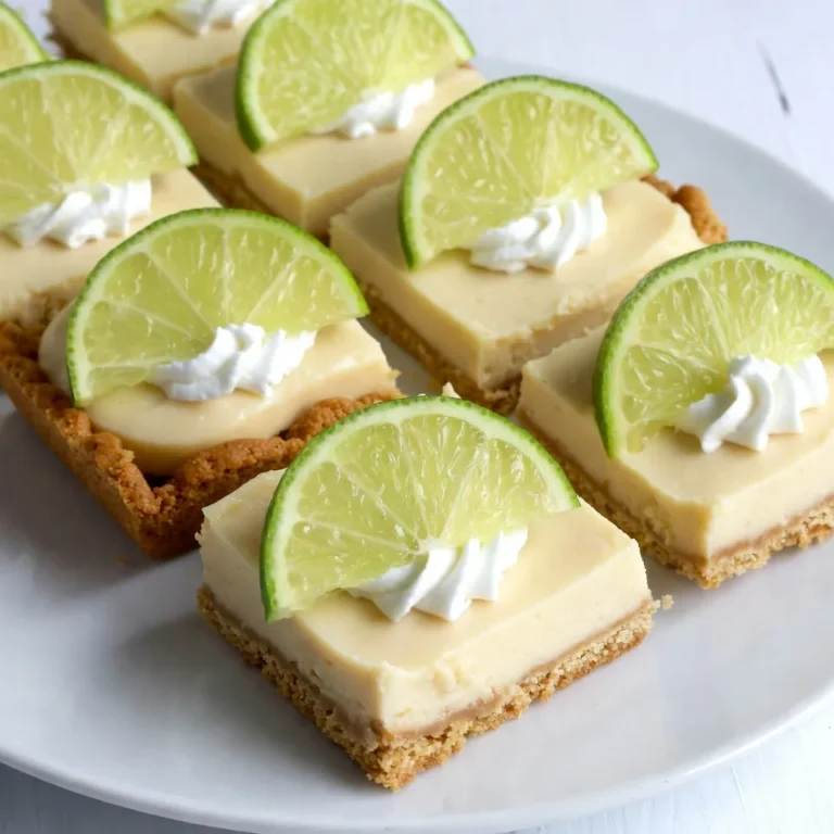 - 1 ½ cups graham cracker crumbs - ½ cup unsalted butter, melted - ¼ cup granulated sugar - 1 (14 oz) can sweetened condensed milk - ½ cup fresh key lime juice - 3 large egg yolks - 1 tablespoon lime zest - ½ teaspoon salt - Whipped cream for topping - Lime slices for garnish Key lime pie bars need simple, fresh ingredients. Each one plays a big role. The graham cracker crumbs give a nice crunch. They mix with melted butter and sugar to make the crust. The sweetness in the filling comes from sweetened condensed milk. Fresh key lime juice adds a zesty kick. Three egg yolks thicken the filling. Lime zest brings even more flavor. A pinch of salt balances the sweetness. Finally, whipped cream and lime slices make for a perfect topping. Using fresh key limes makes a real difference. They taste bright and tangy. You can find them in stores or farmers' markets. Don't skip the lime zest! It adds a burst of flavor. With these ingredients ready, you're set for a delicious treat. Enjoy the bright flavors of summer in every bite! {{ingredient_image_1}} 1. Preheat your oven to 350°F (175°C). This helps the crust cook evenly. 2. In a mixing bowl, combine the graham cracker crumbs, melted butter, and sugar. Mix until all the crumbs are moist. 3. Press the mixture firmly into the bottom of a greased 8x8-inch baking dish. Make sure it is even and compact. 4. Bake for 10 minutes. You want the crust to turn a light golden color. Remove it from the oven and let it cool. 1. In a separate bowl, whisk together the sweetened condensed milk, fresh key lime juice, egg yolks, lime zest, and salt. Mix until the filling is smooth. 2. Using fresh key lime juice is key. It gives a bright taste that bottled juice can't match. Squeeze about 15-20 limes to get half a cup of juice. 1. Pour the lime mixture over the cooled crust. Spread it evenly to cover the crust. 2. Bake in the oven for 15-20 minutes. The filling should be set but still a bit jiggly in the center. 3. Let the bars cool for 30 minutes at room temperature. Then, refrigerate them for at least 2 hours. This helps the bars firm up nicely. To get the best texture for your Key Lime Pie Bars, pay close attention to the baking time. Overbaking the lime filling can lead to a dry texture. You want it to be just set in the center, with a little jiggle. This provides that creamy feel we all love. The crust is also important. Ensure it holds well by pressing the graham cracker mixture firmly into the baking dish. Bake it until it turns a light golden brown. This step gives your crust a strong foundation for the tart filling. Adding extra zest can elevate the flavor of your bars. Consider using orange or lemon zest along with the lime. This adds a layer of complexity. You can also try adding a splash of vanilla extract for warmth. Using fresh ingredients maximizes the lime flavor. Fresh key limes provide a bright and bold taste. They are worth the extra effort. You’ll notice the difference in every bite. Serve your Key Lime Pie Bars chilled for the best flavor. A dollop of whipped cream on top adds creaminess. Garnish with a slice of lime for a pop of color. Pair these bars with a refreshing iced tea or a light white wine. The acidity of the lime balances well with these drinks. This makes for a perfect summer treat. Pro Tips Use Fresh Limes: For the best flavor, always use fresh key limes instead of bottled juice. The freshness makes a significant difference in taste! Cool Before Cutting: Allow the bars to cool completely at room temperature before refrigerating. This helps them set properly and makes cutting easier. Customize Your Topping: Feel free to get creative with your toppings! Try adding toasted coconut, lime zest, or even a sprinkle of sea salt for an extra flavor kick. Perfect Serving Size: For neat squares, use a sharp knife and wipe it clean between cuts. This will give you clean edges and a more professional appearance. {{image_2}} You can easily switch up the crust for your Key Lime Pie Bars. If you need a gluten-free option, use gluten-free graham crackers. They work just as well and taste great. You can also add nuts or shredded coconut to the crust mix. This adds a nice crunch and extra flavor. Don't be afraid to get creative with the filling. Try making coconut key lime pie bars. Just add some coconut cream to the mix for a tropical twist. Another fun option is strawberry key lime pie bars. Blend in some fresh strawberries for a sweet and tart taste that everyone will love. Want to make your bars vegan? Swap the sweetened condensed milk for coconut milk and use flax eggs. This keeps the creamy texture while being plant-based. For those on a low-sugar or keto diet, use a sugar substitute in the filling. Just make sure it’s safe for baking. These adjustments let everyone enjoy this treat! To keep your Key Lime Pie Bars fresh, store them in an airtight container. Place a sheet of parchment paper between the bars and the lid to avoid sticking. Refrigerate the container right away. You can also freeze these bars for longer storage. Wrap each bar in plastic wrap, then put them in a freezer-safe bag. This method keeps them fresh for up to three months. In the fridge, these bars stay fresh for about five days. Check for any signs of spoilage, like a sour smell or discoloration. If the bars feel slimy or have an odd taste, it's best to toss them. Always trust your senses when it comes to food safety. If you want to reheat your bars, do it gently. Preheat your oven to 300°F (150°C). Place the bars on a baking sheet and warm them for about ten minutes. This helps keep their texture and flavor intact. Enjoy them cold or warm, but always top with fresh whipped cream and a lime slice for the best taste! Key limes are smaller and have a thinner skin than regular limes. They pack a unique flavor that is more tart and aromatic. This gives key lime pie bars their signature taste. The juice from key limes is more fragrant and has a distinct sweetness. You really can taste the difference in your dessert! Yes, you can use bottled key lime juice. It is convenient and saves time. However, it may lack the fresh flavor of real key limes. Fresh juice gives a brighter taste to your bars. If you want the best flavor, squeeze fresh key limes. The effort is worth it for a great key lime pie bar! Watch for signs to know when your bars are ready. The filling should be set but still slightly jiggly in the center. If it looks too firm, they may be overbaked. You want a soft, creamy texture. Let them cool and chill for a while. When it's time to cut, they should hold their shape. Enjoy the perfect treat! Key Lime Pie Bars are delicious and fun to make. We explored key ingredients, from graham cracker crumbs to fresh key limes. I shared tips for the perfect crust and filling. You can also try fun variations to match your taste. Lastly, I covered storage and serving ideas to keep your bars fresh. Enjoy making these treats with friends and family. Savor the tangy flavor and share your tasty results. Your next dessert will impress everyone!