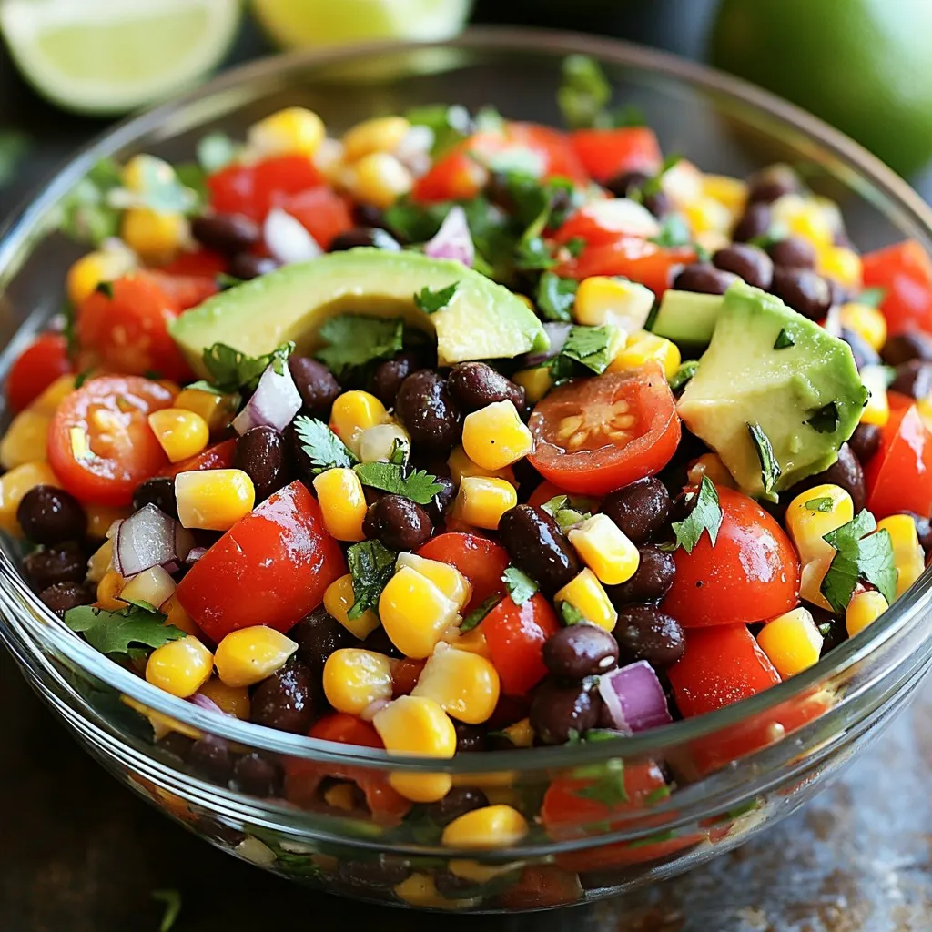 This salad bursts with color and flavor. Here are the main ingredients you need: - 1 can (15 oz) black beans, rinsed and drained - 1 cup corn (fresh, frozen, or canned) - 1 red bell pepper, diced - 1 small red onion, finely chopped - 1 cup cherry tomatoes, halved - 1 avocado, diced - 1/4 cup fresh cilantro, chopped - Juice of 2 limes - 2 tablespoons olive oil - 1 teaspoon cumin - 1/2 teaspoon smoked paprika - Salt and pepper to taste Each of these ingredients plays a key role. The black beans add protein and fiber. Corn adds sweetness and crunch. The bell pepper and onion bring freshness and color. Cherry tomatoes add a juicy burst, while avocado gives creaminess. Want to spice things up? You can add a few optional ingredients: - 1 jalapeño, finely chopped (for heat) This pepper adds a nice kick. If you like heat, go for it! You can also think about adding: - Diced mango for sweetness - Chopped cucumber for extra crunch - Feta cheese for creaminess These add-ins can take your salad to the next level. To keep your salad fresh and tasty, follow these tips: - Use ripe avocados to get the best texture. - If using canned corn, rinse it well to remove excess sodium. - For the best flavor, use fresh lime juice instead of bottled juice. - Chop the ingredients just before mixing to keep them crisp. These tips help ensure each bite is as fresh as possible. Enjoy your Fiesta Black Bean Corn Salad! {{ingredient_image_1}} To start, gather all your ingredients. I love using fresh produce for the best taste. 1. In a large bowl, mix the black beans and corn. 2. Next, add the diced red bell pepper and halved cherry tomatoes. 3. Chop the red onion finely and toss it in the bowl too. 4. Now, dice the avocado and add it gently. 5. If you want some heat, chop the jalapeño and add it now. Making the dressing is easy and quick. 1. Grab a small bowl and add the juice of two limes. 2. Pour in two tablespoons of olive oil next. 3. Add one teaspoon of cumin and half a teaspoon of smoked paprika. 4. Season with salt and pepper to taste. 5. Whisk all the ingredients together until fully mixed. Once your dressing is ready, it’s time to combine everything. 1. Pour the dressing over the salad mixture. 2. Toss gently to coat everything without mashing the avocado. 3. Fold in the chopped cilantro for freshness. 4. Taste the salad and adjust seasoning if needed. 5. Let it sit for at least ten minutes to blend the flavors. For serving, use a large glass bowl. It shows off the bright colors. Garnish with extra cilantro and lime wedges for a festive touch. To make your Fiesta Black Bean Corn Salad shine, focus on fresh ingredients. Use ripe tomatoes and avocados for the best taste. Fresh lime juice adds a bright kick. If you like heat, add jalapeño. It's simple, but it makes a big difference. Mix your dressing well. This helps all flavors blend together. Let the salad sit for at least ten minutes before serving. This allows the flavors to mingle nicely. If you have salad left, store it in an airtight container. This keeps it fresh longer. Place it in the fridge for up to three days. Be careful with the avocado; it can brown quickly. To slow this down, add lime juice over the cut avocado before mixing it in. If you notice browning, don't worry too much. The flavor is still good! For quick meals, prep your salad ahead of time. Chop veggies and store them separately. Combine them right before eating to keep everything fresh. You can also make the dressing ahead. Just whisk it well before pouring it over the salad. This makes busy days easier and lets you enjoy your salad anytime! Pro Tips Choose Fresh Ingredients: Opt for fresh corn and ripe avocados to enhance the flavor and texture of your salad. Customize the Heat: Adjust the amount of jalapeño according to your spice preference, or substitute with a milder pepper if desired. Let It Marinate: Allowing the salad to sit for at least 10 minutes before serving lets the flavors meld beautifully. Garnish for Presentation: Garnish with extra cilantro and lime wedges for a vibrant and appealing look that invites everyone to dig in! {{image_2}} This salad shines as a vegan dish. The black beans and corn provide protein and fiber. You can enjoy this salad without any animal products. Just stick to the base recipe. It tastes great and is filling. If you want, you can add more veggies like zucchini or bell peppers. They add vibrant colors and flavors. Want to make your salad heartier? You can easily add protein. Grilled chicken works well. Just chop it into bite-sized pieces and mix it in. Quinoa is another great choice. It adds a nice texture and boosts nutrition. Cook it first, then let it cool before adding to the salad. If you prefer plant-based options, use tofu. Press and cube it, then toss it in. Each option adds a new twist to the dish. Change things up by using seasonal veggies. In spring, try adding peas or asparagus. In summer, fresh cucumbers or radishes add crunch. Fall brings squash or sweet potatoes, while winter is great for roasted veggies. These changes keep the salad fresh and exciting year-round. Just remember to balance flavors. Each veggie will bring its unique taste to the mix. To keep your Fiesta Black Bean Corn Salad fresh, store it in an airtight container. This prevents air from spoiling the flavor and texture. Make sure to refrigerate it within two hours of making it. If you have leftovers, they will stay fresh for about three to four days in the fridge. Always check for freshness before eating. You can freeze the salad, but it changes the texture. The beans and corn freeze well, but the avocado and tomatoes may become mushy. If you want to freeze it, leave out the avocado and tomatoes. Store the rest in a freezer-safe container. It can last up to three months in the freezer. When ready to eat, thaw it in the fridge overnight and add fresh avocado and tomatoes. The salad lasts three to four days in the fridge. After that, you should check for signs of spoilage. Look for changes in color or smell. If it smells sour or looks slimy, it’s best to throw it away. Always trust your senses. Keeping your salad fresh ensures you enjoy all the vibrant flavors! Yes, you can make this salad ahead. It stays fresh for up to two days. Store it in the fridge in an airtight container. The flavors will blend well, making it taste even better. Just wait to add the avocado until serving time. This keeps it from browning and losing its texture. This salad is very versatile! You can try ranch dressing for a creamy twist. A vinaigrette made with balsamic vinegar adds a nice touch. For a zesty kick, use a chipotle dressing. Each option brings a unique flavor that complements the beans and corn. If you like heat, add a chopped jalapeño. You can also include diced serrano peppers for more spice. Try sprinkling in some red pepper flakes or a dash of hot sauce. These additions give your salad a fiery kick that enhances its flavor. This blog post covered how to create a tasty, fresh salad. We looked at key ingredients and optional add-ins to boost flavor. I shared steps for making the dressing and mixing everything together. Remember to follow my tips for perfecting taste and storing leftovers. You can also explore fun variations, like vegan options or seasonal veggies. Lastly, I provided storage advice and answered common questions. With these insights, you can make a salad that is fresh, delicious, and perfect for any occasion. Enjoy your salad-making journey!
