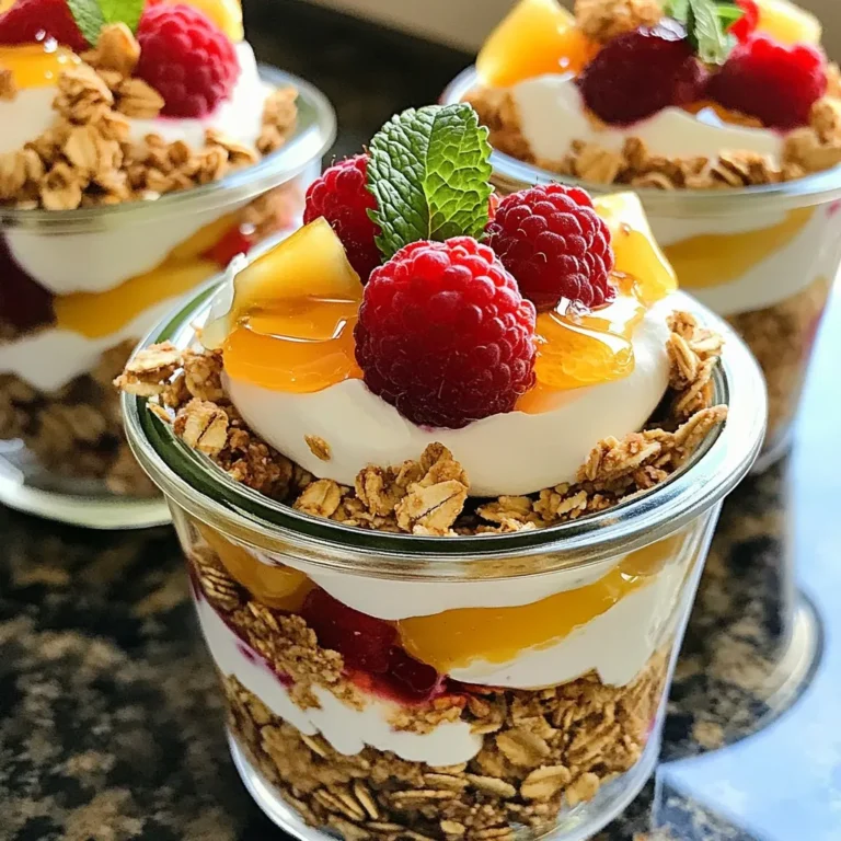 - 2 cups Greek yogurt (plain or flavored) - 1 cup granola (your choice, preferably nutty) - 1 cup mixed berries (strawberries, blueberries, raspberries) - 2 tablespoons honey or maple syrup - 1 teaspoon vanilla extract (optional) - A pinch of cinnamon (optional) - Fresh mint leaves - Extra honey or syrup for drizzle Greek yogurt parfait jars are simple and fun to make. First, choose your yogurt—plain or flavored. I love using Greek yogurt because it is creamy and packed with protein. You can also pick a nutty granola. It adds a great crunch and flavor. Next, use mixed berries. Strawberries, blueberries, and raspberries create a colorful look. Wash the berries well before adding them to the jars. If you use strawberries, remember to slice them for easy layering. For a sweet touch, consider optional add-ins. Honey or maple syrup brings out the sweetness. A dash of vanilla extract can add depth. If you want a hint of warmth, sprinkle in some cinnamon. Lastly, garnishing is key. Fresh mint leaves add a pop of color and flavor. A drizzle of honey on top makes it even more tempting. Enjoy creating your parfait jars! {{ingredient_image_1}} - Rinse and prepare mixed berries: Take your mixed berries, like strawberries, blueberries, and raspberries. Rinse them under cool water. If you use strawberries, slice them into halves or quarters. This helps with even layering. - Combine yogurt with sweeteners and spices: In a bowl, stir together Greek yogurt, honey or maple syrup, and vanilla extract. Mix well until smooth. If you enjoy a hint of spice, add a pinch of cinnamon. This adds warmth and flavor to the yogurt. - Start with yogurt layer: Grab clean glass jars or cups. Begin with about 1/4 cup of the yogurt mixture. Spoon it into the bottom of each jar. - Add granola layer: Next, sprinkle about 2 tablespoons of granola over the yogurt. This layer adds crunch to your parfait. - Top with mixed berries: Now, add about 1/3 cup of your fresh mixed berries on top of the granola. This layer brings sweetness and color to the parfait. - Repeat layering until jars are filled: Keep layering until your jars are filled. Aim for two to three layers, depending on jar size. Finish with a layer of yogurt and a few berries on top for a nice look. - Garnish and serving suggestions: Drizzle more honey on top if you like. Add fresh mint leaves for a pop of color. These small touches make your parfaits look beautiful and inviting. Choosing the right jars I love using clear glass jars. They show off your layers. Choose jars that are tall and narrow. This helps keep the layers neat. Small mason jars work great. You can also use parfait cups or even small bowls. Creative layering techniques Layering is key for a great look. Start with yogurt, then granola, and berries. Repeat until you reach the top. Make sure to alternate colors for a vibrant look. You can also mix in some berries with the yogurt for a fun twist. Suggested flavor combinations Greek yogurt is versatile. You can try different flavors. Mix in lemon zest for a fresh kick. You can use peach slices or banana for a sweet touch. For a twist, try coconut yogurt with pineapple. Alternative sweeteners Honey and maple syrup are popular. But you can use agave nectar or stevia too. These options let you control sweetness. Always taste as you go to find your perfect balance. Crunchy vs. soft granola Granola adds crunch. Choose nutty granola for great texture. If you want something softer, try oats. You can also mix soft granola with crispy for variety. Balancing fruit with yogurt consistency Fruits add juiciness. Use fresh berries, but think about their texture. Slice strawberries for smaller bites. Keep blueberries whole for a burst of flavor. Mixing soft fruit with yogurt gives a creamy feel. Pro Tips Use Fresh Ingredients: Always opt for fresh, seasonal berries for the best flavor and nutrition in your parfaits. Experiment with Yogurt Flavors: Don’t hesitate to try flavored Greek yogurt like vanilla or honey to enhance the sweetness of your parfait. Make Ahead for Convenience: These parfaits can be prepped the night before; just store them in the refrigerator for a quick breakfast. Customize Layers: Feel free to add nuts, seeds, or other fruits between layers for added texture and flavor. {{image_2}} Using seasonal fruits makes your parfaits fresh and fun. In spring, use strawberries and cherries. In summer, berries shine with blueberries and raspberries. Fall offers apples and pears, while winter brings citrus fruits like oranges and grapefruits. You can also adapt your parfaits for special holidays. For example, use pumpkin spice in the fall or add cranberries for festive winter treats. This keeps your snacks exciting and relevant to the season. You can make dairy-free parfaits by using plant-based yogurt, like almond or coconut yogurt. These options still taste great and keep the creamy texture. For a gluten-free choice, look for granola that is certified gluten-free. Many brands offer tasty blends without oats or wheat. This way, everyone can enjoy your parfaits without worry. Spice up your parfaits by adding nutmeg or cardamom. A pinch of these spices can add warmth and depth to your yogurt. If you crave something richer, stir in some chocolate or nut butter. A spoonful of almond butter or a drizzle of melted dark chocolate can elevate your parfait to a dessert-like treat. These twists make your parfaits unique and satisfying. To keep your Greek yogurt parfait jars fresh, store them in the fridge. Use airtight containers or jars with lids. This helps keep the layers intact. If you do not have lids, cover the jars with plastic wrap. Avoid stacking them on top of each other to prevent squishing. You can prepare your parfaits ahead of time. Make them the night before and chill them for a few hours. They taste great after chilling. This helps the flavors blend well. Aim for at least 30 minutes of chilling time before serving for the best taste. Greek yogurt parfaits can stay fresh for up to three days in the fridge. After that, they may lose flavor and texture. Watch for signs of spoilage, like a sour smell or watery yogurt. If the granola becomes soft, it’s best to eat them sooner. You can use different types of yogurt. Greek yogurt is thick and creamy. It has more protein than regular yogurt. Regular yogurt is thinner and can be tangy. Greek yogurt holds its shape well in parfaits. It creates nice layers. This makes it a great choice for your parfait jars. For vegan parfaits, choose plant-based yogurt. Almond, coconut, or soy yogurt works well. You can also use dairy-free yogurt. For sweetening, replace honey with maple syrup or agave. This keeps your parfaits vegan-friendly while still tasting delicious. Look for granola that is nutty and crunchy. Some great brands are Nature Valley, Kind, and Bear Naked. These brands have good flavor and texture. Choose one that has whole nuts and seeds for extra crunch. This will make your parfaits even more enjoyable. Yes, you can freeze yogurt parfaits. However, the texture may change after thawing. To freeze, layer the parfaits in airtight containers. Leave space at the top for expansion. When you want to eat one, thaw it in the fridge overnight. Enjoy it the next day for a quick snack! Creating a yogurt parfait is simple and fun. We explored main ingredients like Greek yogurt, granola, and mixed berries. Optional add-ins like honey or cinnamon can add flavor. Following step-by-step instructions helps you layer and garnish your parfait beautifully. Experiment with variations for seasonal fruits and dietary needs. Store leftovers properly and prepare them in advance. Remember, parfaits are versatile, allowing for many custom flavors. Enjoy your delicious and healthy treat!