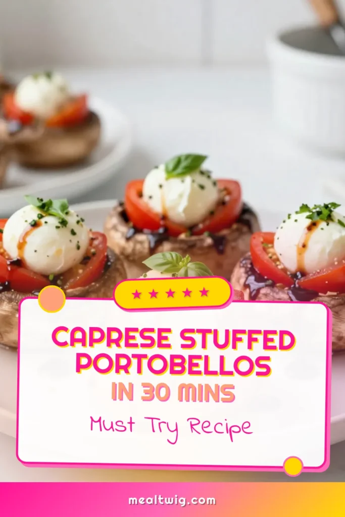 Discover the deliciousness of Caprese stuffed portobello mushrooms in this easy portobello mushroom recipe that's perfect for any occasion. These healthy stuffed mushroom recipes are loaded with cherry tomatoes, fresh mozzarella, and basil, making them a delightful vegetarian caprese recipe. Bake your portobello mushrooms with mozzarella until melty and bubbly. Save this recipe for a quick, delicious meal! #CapreseStuffedMushrooms #HealthyRecipes #Vegetarian #EasyDinnerIdeas