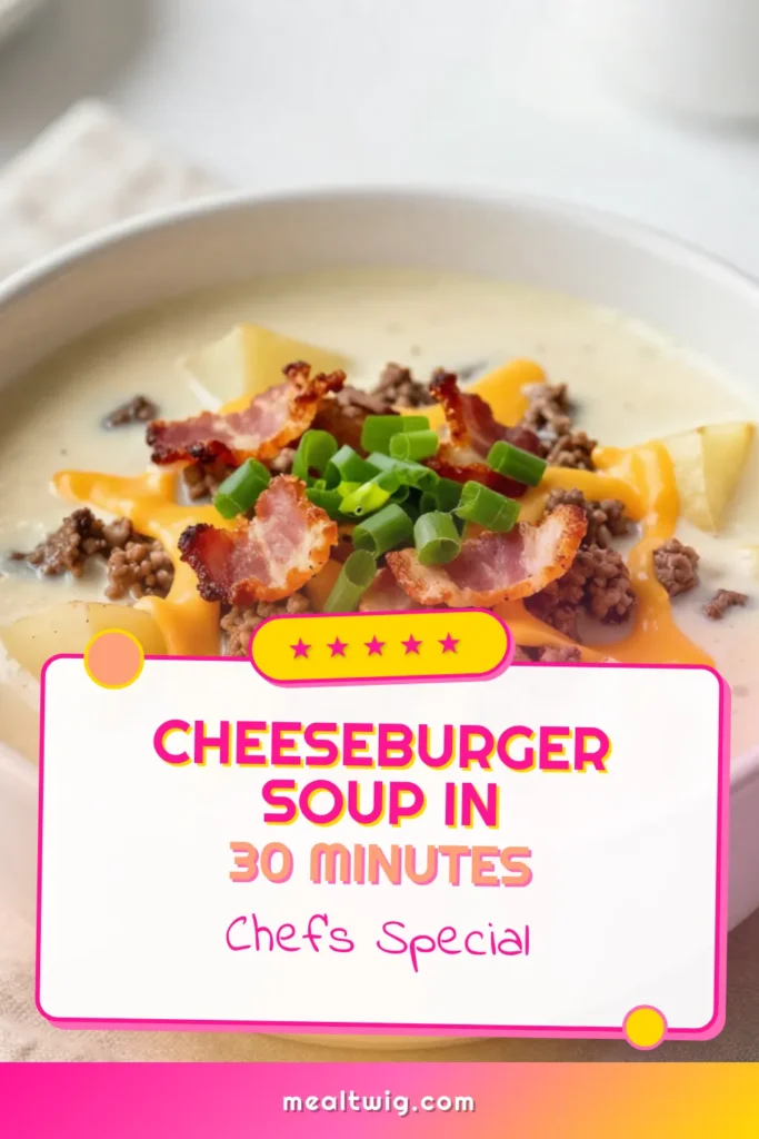 Warm up with this Loaded Cheeseburger Soup, the ultimate comfort food soup recipe! This easy cheeseburger soup recipe combines chewy potatoes and creamy cheddar cheese for a cheesy beef soup that’s rich in flavor and quick to make. Perfect for any night, this soup is sure to become a family favorite. Try it today and enjoy a hearty meal in just 30 minutes! Save this recipe for your next cozy evening! #LoadedCheeseburgerSoup #ComfortFood #CheesyBeefSoup #SoupRecipe