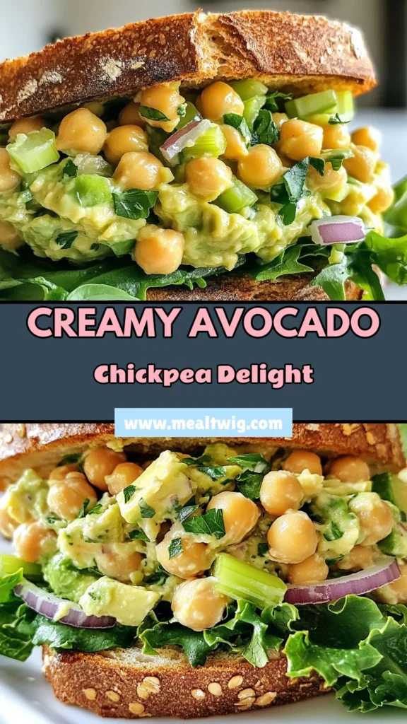 Looking for a delicious and nutritious meal? Try this Avocado Chickpea Salad Sandwich! It's a fantastic option for anyone seeking Vegan Sandwich Recipes. Packed with flavor and healthy ingredients, this dish features creamy avocado and protein-rich chickpeas, making it perfect for lunch or a quick snack. Explore different Chickpea Salad Variations and enjoy whole grain goodness. Save this healthy Avocado Recipe for your next meal! #HealthyEating #VeganEats #AvocadoRecipes #ChickpeaSalad