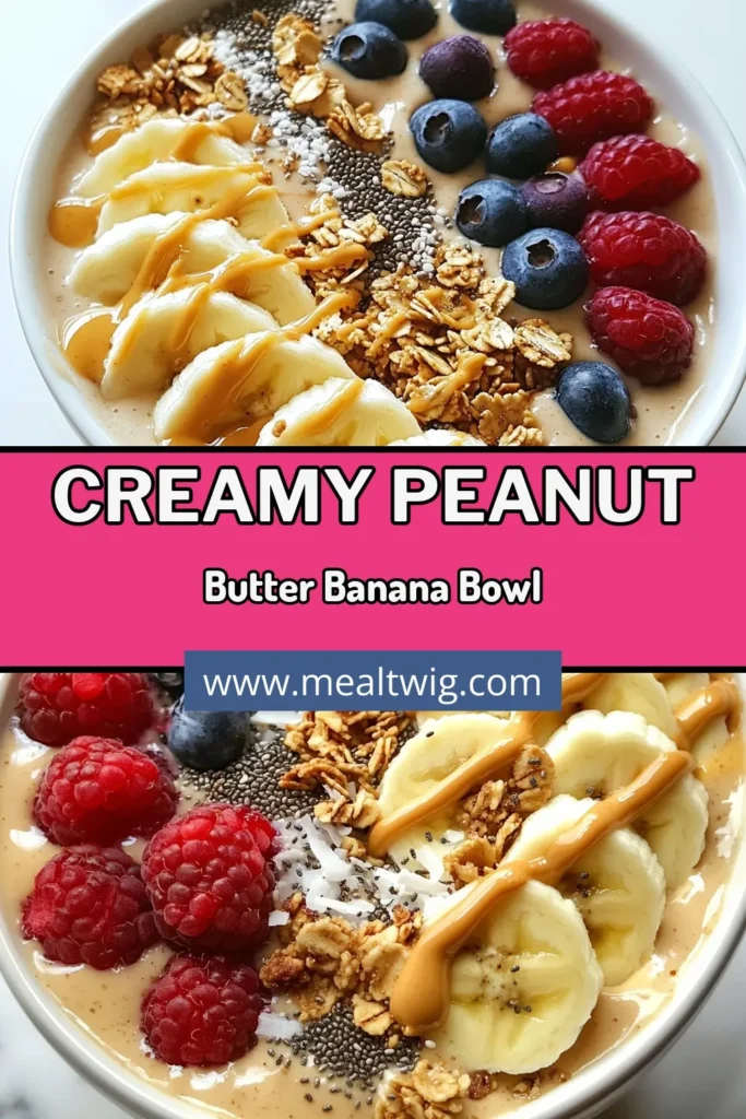 Discover the deliciousness of a Peanut Butter Banana Smoothie Bowl! This Healthy Smoothie Bowl Recipe is perfect for any time of day, especially as a Nutritious Breakfast Bowl. Whip up this Easy Banana Smoothie in just 10 minutes, packed with ripe bananas and creamy peanut butter. Enjoy it vegan-style with your favorite toppings. Save this recipe for a quick, energizing meal! #SmoothieBowl #HealthyEating #VeganRecipes #BreakfastIdeas