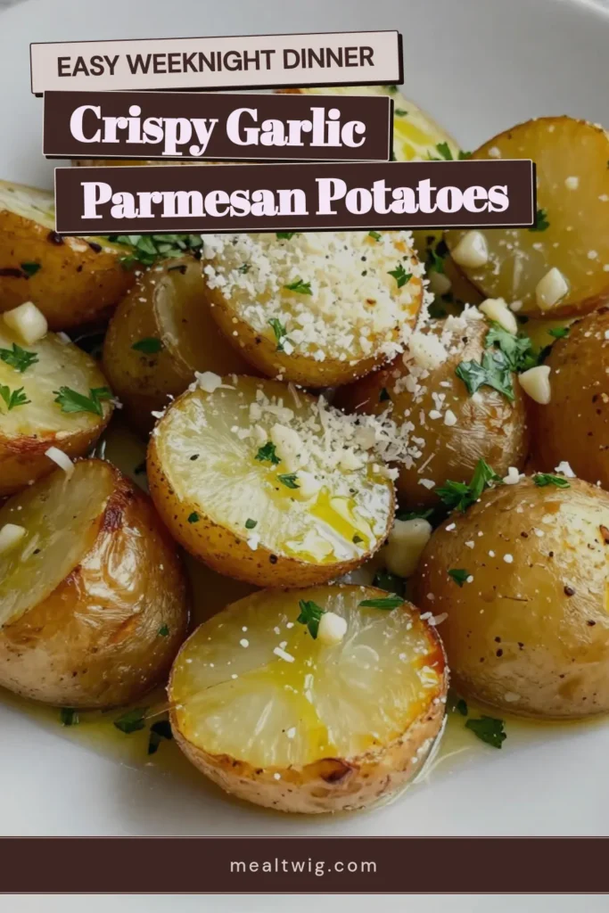 Discover the ultimate Easy Garlic Potato Recipe with these Garlic Parmesan Roasted Potatoes! Tender Roasted Baby Potatoes are coated with minced garlic and topped with crispy Parmesan for a mouthwatering side dish perfect for any meal. Don't miss out on these delicious Parmesan Roasted Vegetables that will elevate your dinner. Click for the recipe and save it for later. #GarlicParmesanPotatoes #CrispyGarlicPotatoes #RoastedVegetables #EasyRecipes
