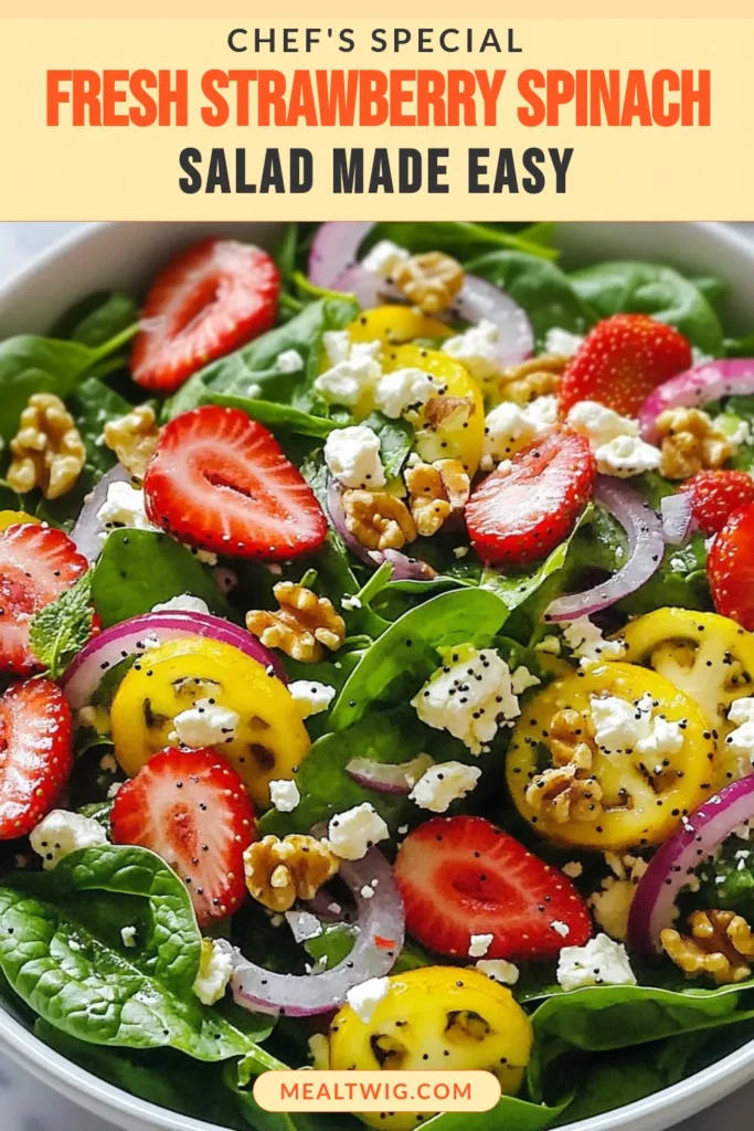 Discover the refreshing Strawberry Spinach Salad with Poppy Seed Dressing, a perfect choice for healthy salad recipes. This vibrant salad features fresh spinach, juicy strawberries, crumbled feta, and crunchy walnuts tossed in a delightful poppy seed dressing. In just 15 minutes, create a dish that’s not only delicious but also beautiful. Perfect for any occasion! Save this strawberry salad with feta for a burst of flavor and nutrition. #StrawberrySpinachSalad #HealthySaladRecipes #FreshSpinachRecipes #PoppySeedDressingSalad