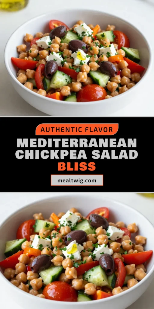 Discover the vibrant flavors of this Mediterranean chickpea salad, a perfect addition to your healthy chickpea recipes collection. This easy Mediterranean salad is not only delicious but also fits perfectly within the Mediterranean diet. Enjoy a nutritious vegetarian chickpea salad that’s packed with fresh ingredients. Ready in just 30 minutes, it's perfect for any occasion! Save this recipe for your next meal! #MediterraneanChickpeaSalad #HealthyChickpeaRecipes #EasyMediterraneanSalad #VegetarianChickpeaSalad