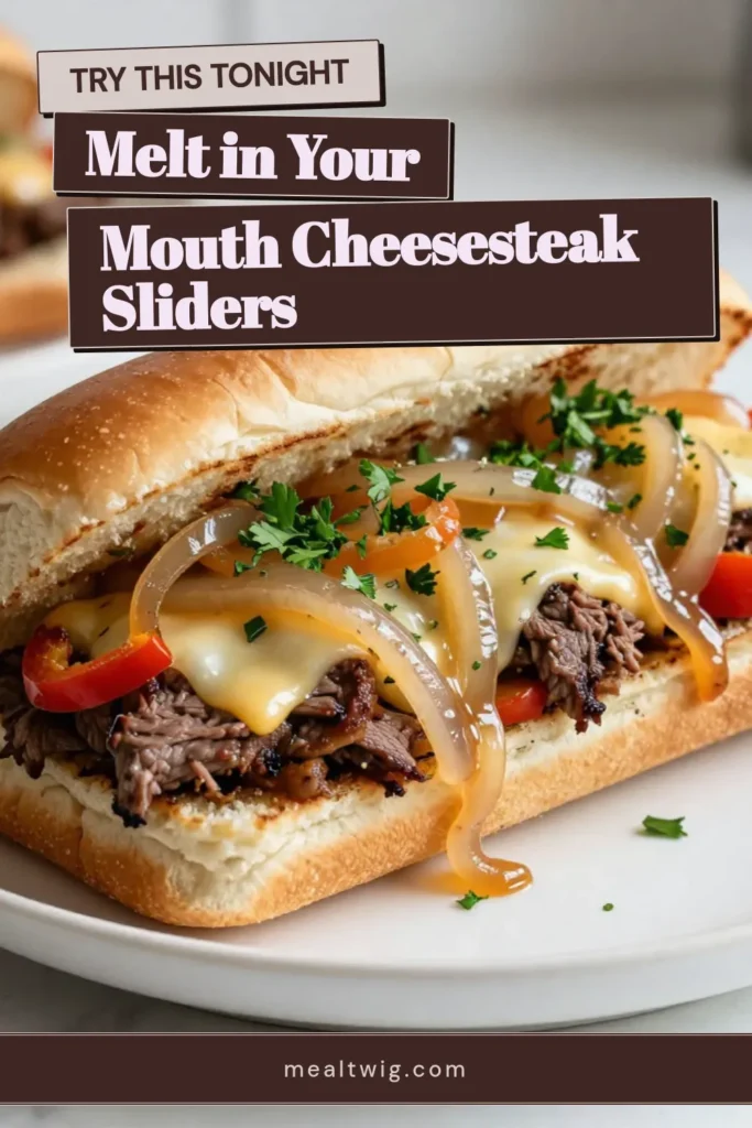 Indulge in the deliciousness of Philly cheesesteak sliders, the perfect party treat! These easy slider recipes feature tender ribeye steak sliders topped with gooey provolone cheese. Baked cheesesteak sliders are not only scrumptious but also quick to make, making them an ideal appetizer. Serve these provolone cheese sliders at your next gathering and watch them disappear! Save this recipe for your next event! #PhillyCheesesteak #SliderRecipe #RibeyeSteak #BakedSliders
