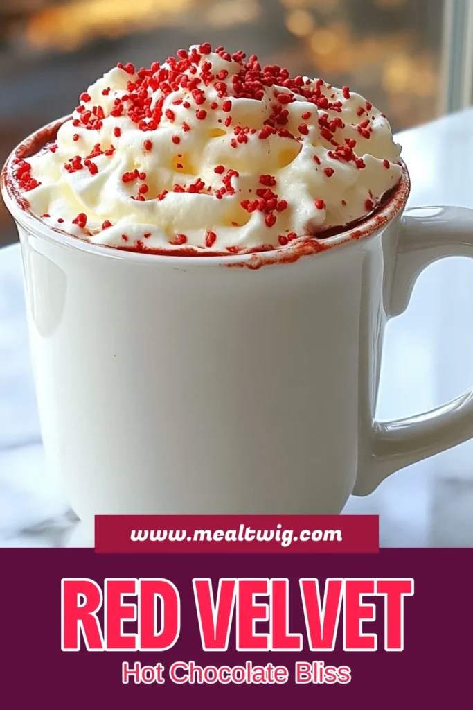 Indulge in a cozy treat with this irresistible Red Velvet Hot Chocolate! This festive hot chocolate recipe combines rich cocoa and red velvet cake mix for a delightful twist on traditional hot cocoa. Topped with fluffy whipped cream and red sprinkles, it's the perfect way to celebrate the season. Try this easy Red Velvet Drink Recipe that features Hot Chocolate with Cake Mix, and impress your guests! Save this recipe for a delicious winter treat! #RedVelvetHotChocolate #HotChocolateRecipe #FestiveDrinks #WinterWarmers
