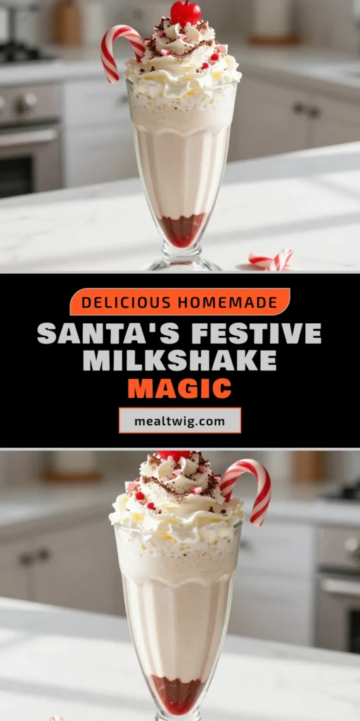 Indulge in the festive spirit with this Santa milkshake recipe! This peppermint chocolate milkshake combines creamy vanilla ice cream with rich peppermint syrup for a delightful holiday treat. Perfect as a holiday dessert, it's quick to make in just 5 minutes. Top it off with whipped cream, crushed candy canes, and cherries for a fun twist. Try this festive milkshake idea and bring joy to your gatherings! Save this recipe today! #SantaMilkshake #HolidayDessert #FestiveDrinks #PeppermintDelight