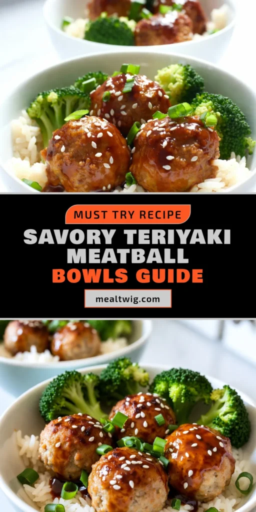 Savor the deliciousness of this teriyaki meatball recipe! These healthy meatball bowls feature juicy chicken meatballs coated in an easy teriyaki sauce, served over fluffy jasmine rice and vibrant steamed broccoli. Perfect for a weeknight meal, they're packed with flavor and nutrition. Try this simple recipe for a satisfying and wholesome dinner! Don’t forget to save this for later! #TeriyakiMeatballs #HealthyBowls #EasyRecipe #DinnerIdeas