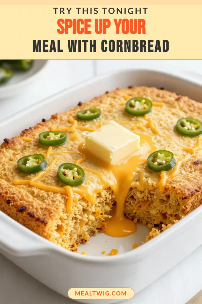 Looking for a delicious and spicy twist on classic cornbread? Try this easy jalapeño cheddar cornbread recipe! Bursting with flavor, this homemade cornbread with jalapeños features sharp cheddar cheese and buttermilk for extra richness. Perfect for those who crave a spicy cornbread with cheese. Bake it in just 35 minutes for a delightful side dish. Save this recipe for your next meal! #jalapenocornbread #cheddarcornbread #spicycornbread #homemadecornbread