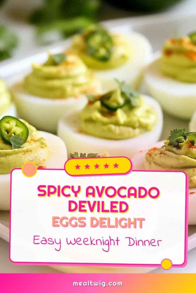Discover the ultimate easy deviled eggs recipe with a spicy twist! These spicy avocado deviled eggs combine creamy avocado with jalapeño for a flavorful hit. Perfect as a healthy appetizer, they elevate traditional egg recipes into something fresh and exciting. Whether you want to impress guests or enjoy a tasty snack, this jalapeño deviled eggs treat is a must-try! Save this recipe for your next gathering! #DeviledEggs #HealthyAppetizers #AvocadoEggSalad #RecipeIdeas