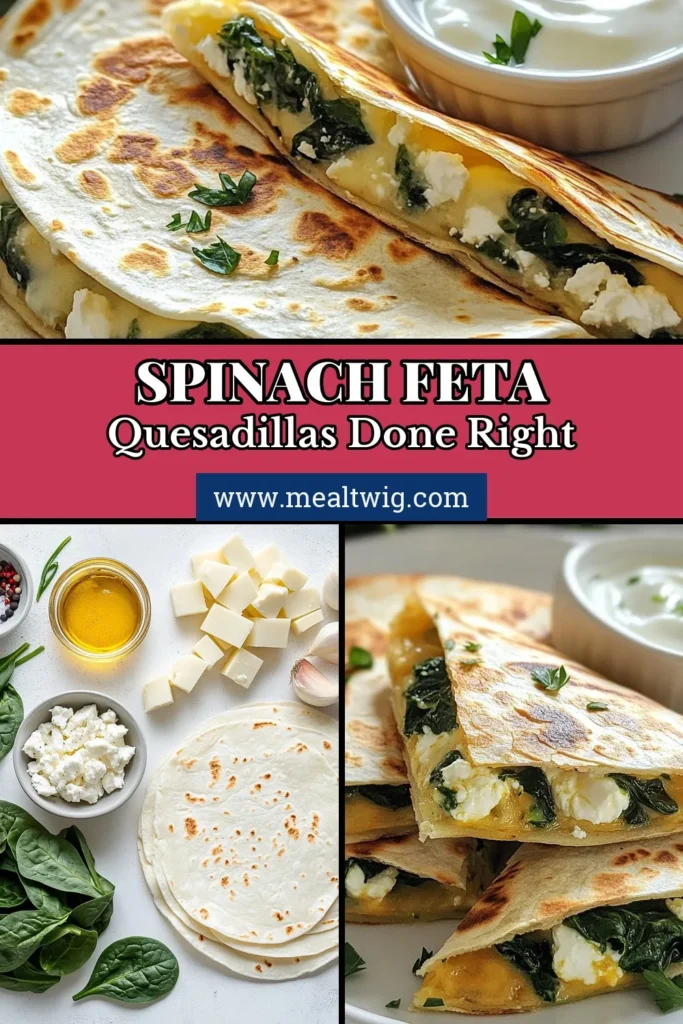 Discover the deliciousness of spinach feta quesadillas with this easy quesadilla recipe! Perfect for a quick meal, these vegetarian quesadillas feature a savory Mediterranean quesadilla filling packed with fresh spinach and tangy feta cheese. Whip up this healthy spinach recipe in just 30 minutes and impress your family or guests! Save this recipe and enjoy a tasty, nutritious dish tonight! #SpinachFetaQuesadillas #EasyQuesadillaRecipe #VegetarianQuesadilla #HealthySpinachRecipes