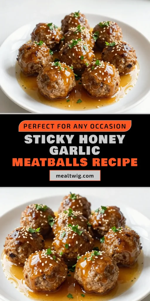 Discover how to make sticky honey garlic meatballs with this easy meatball recipe that's perfect for any occasion! These baked honey garlic meatballs are packed with flavor and made from ground beef, delivering sweet and savory goodness in every bite. Enjoy them as appetizers or over rice. Try this quick recipe today and impress your family! Save for later and bring some sweetness to your dinner table. #HoneyGarlicMeatballs #EasyMeatballRecipe #BakedMeatballs #GroundBeefMeatballs