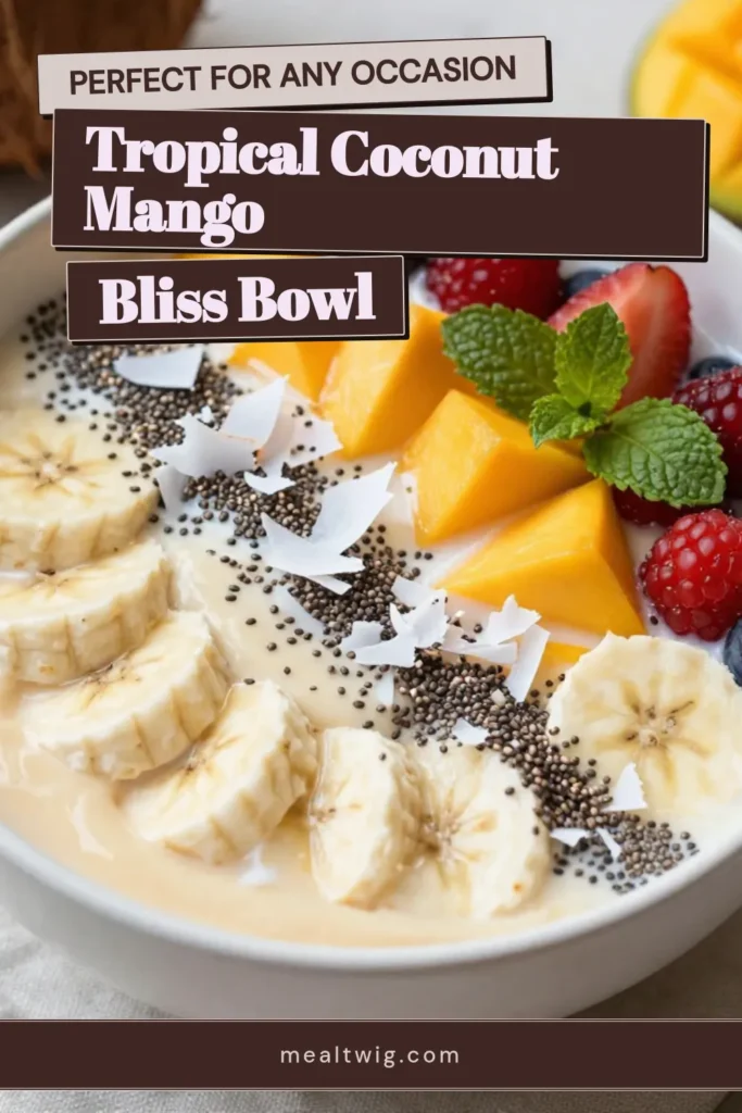 Start your day right with this delicious Coconut Mango Smoothie Bowl! This tropical smoothie bowl recipe is perfect for a healthy breakfast smoothie that will leave you feeling energized. Made with creamy coconut milk, ripe mango, and topped with fresh fruits, it’s a nutritious morning treat. Try this mango smoothie bowl recipe today for a quick and delightful start! Save this recipe for a burst of tropical goodness! #SmoothieBowl #HealthyBreakfast #TropicalSmoothie #CoconutMango