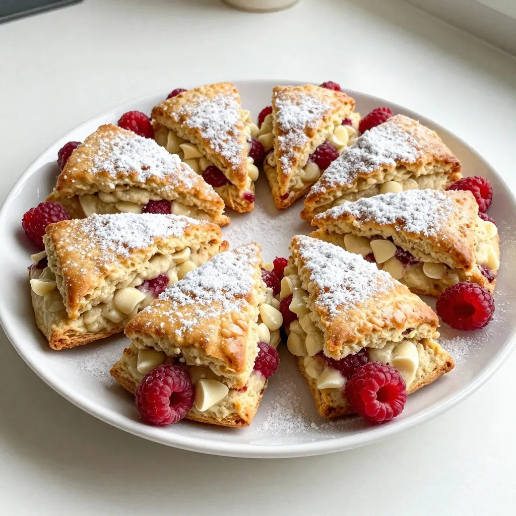 To make these delightful Raspberry White Chocolate Scones, you need some simple ingredients. Each one plays a key role in creating the perfect balance of flavor and texture. Here’s what you will need: - 2 cups all-purpose flour - 1/4 cup granulated sugar - 1 tablespoon baking powder - 1/2 teaspoon salt - 1/2 cup cold unsalted butter, cubed - 1/2 cup heavy cream - 1 large egg - 1 teaspoon vanilla extract - 1 cup fresh raspberries - 1/2 cup white chocolate chips - 1 tablespoon milk (for brushing) Each ingredient has its purpose. The all-purpose flour gives structure. The sugar adds sweetness. Baking powder helps the scones rise, while salt enhances the flavor. Cold butter creates a flaky texture when baked. Heavy cream adds richness, and the egg provides moisture and binding. Vanilla extract brings warmth to the flavor. Raspberries give a fruity burst, and white chocolate chips add a sweet creaminess. Finally, brushing with milk helps the tops turn golden brown. Make sure to gather all these ingredients before you start. It makes the process smoother and more fun! {{ingredient_image_1}} First, set your oven to 400°F (200°C). This heat gets the scones nice and golden. Line a baking sheet with parchment paper. This helps prevent sticking and makes clean-up easy. In a large bowl, add 2 cups of all-purpose flour, 1/4 cup of granulated sugar, 1 tablespoon of baking powder, and 1/2 teaspoon of salt. Whisk them together. This step is key for even mixing. It helps your scones rise and taste great. Now, add 1/2 cup of cold, cubed unsalted butter to your dry mix. Using a pastry cutter or your fingers, work the butter into the flour. Stop when it looks like coarse crumbs. In another bowl, whisk together 1/2 cup of heavy cream, 1 large egg, and 1 teaspoon of vanilla extract. Pour this mix into the flour and gently stir. Be careful not to over-mix. Once mixed, fold in 1 cup of fresh raspberries and 1/2 cup of white chocolate chips. Use a spatula to do this. Be gentle! You don’t want to squish the raspberries too much. Their juicy goodness should stay intact. Turn the dough onto a floured surface. Knead it gently a few times until it holds together. Pat it into a circle about 1 inch thick. Use a sharp knife to cut it into 8 wedges. Place these on the baking sheet. Brush the tops of the scones with a little milk. This helps them turn golden. Bake for 15 to 20 minutes. They should look lightly golden. Insert a toothpick into the center to check. It should come out clean. Remove them from the oven and let them cool on a wire rack. Using cold butter is key to great scones. Cold butter makes the scones flaky. It keeps the butter from melting too fast. Cut your butter into small cubes and chill it. This helps create pockets of steam while baking. You want the scones to rise well and stay light. Mix your dough gently. Over-mixing can lead to tough scones. When you combine the wet and dry ingredients, mix until just combined. A few lumps are okay. Gently fold in raspberries and white chocolate. This keeps the raspberries whole and juicy, adding to the scone's texture. Store leftover scones in an airtight container. They can stay fresh for up to three days. If you want to keep them longer, freeze them. Wrap each scone in plastic wrap, then place them in a freezer bag. When you’re ready, thaw them at room temperature. Serve scones warm for the best taste. Dust them with powdered sugar for a sweet touch. Pair them with fresh raspberries or a dollop of whipped cream. A cup of tea or coffee makes the perfect drink. Enjoy these scones as a special treat any time of day! Pro Tips Use Cold Butter: Make sure your butter is very cold to achieve a flaky texture in your scones. Don’t Overmix: Mix the dough just until combined to keep the scones light and tender. Fresh Raspberries: Use fresh raspberries for the best flavor; frozen ones may make the dough soggy. Brush with Milk: Brushing the tops with milk before baking gives the scones a beautiful golden color. {{image_2}} You can change the flavor by using different berries. Blueberries or blackberries work great. Strawberries are also a fun choice. Just keep the amount the same, about one cup. Make sure to keep the berries fresh. This helps with taste and texture. If you prefer dark chocolate, swap the white chocolate chips. Use half a cup of dark chocolate chips. Dark chocolate gives a rich flavor. It pairs well with the tartness of the raspberries. This option can make the scones feel more sophisticated. Adding nuts can provide a nice crunch. Chopped almonds or pecans are excellent choices. You can also add a touch of lemon zest for a bright flavor. It’s fun to experiment with spices like cinnamon or nutmeg too. Just remember to keep the amounts small so they don’t overpower the scones. To keep your scones fresh, store them in an airtight container. Place parchment paper between layers to avoid sticking. This method keeps them soft and moist. You can store them at room temperature for up to two days. If you want to keep them longer, consider freezing. To reheat your scones, preheat your oven to 350°F (175°C). Place the scones on a baking sheet. Heat them for about 5 to 10 minutes. This step will restore their warmth and crispness. You can also use a microwave for quick reheating. Just heat for about 15 to 20 seconds. However, this method may make them a bit soft. You can freeze scones to enjoy later. First, let them cool completely. Wrap each scone in plastic wrap. Then, place them in a freezer bag. They can stay in the freezer for up to three months. When you are ready to eat, thaw them overnight in the fridge. Reheat as mentioned for the best taste. Yes, you can make these scones ahead of time. Prepare the dough, cut it into wedges, and place the wedges on your baking sheet. Cover them with plastic wrap and chill in the fridge. You can bake them fresh later. This keeps them tasting great. Check the scones after 15 minutes. They should be lightly golden on top. Insert a toothpick in the center. If it comes out clean, they are done. If not, bake for a few more minutes. Keep an eye on them to avoid burning. You can use frozen raspberries if fresh ones aren’t available. Just make sure to thaw and drain them first. You can also try other berries like blueberries or strawberries. Each will give a different taste but still be delicious. Scones taste best fresh but can last for 2 to 3 days. Store them in an airtight container. If you want to keep them longer, freeze them. They can last up to 3 months in the freezer. Just reheat when ready to enjoy. This post covered how to make raspberry white chocolate scones. You learned the key ingredients and step-by-step instructions for baking. I shared tips to ensure your scones turn out perfect every time. We explored fun variations and how to store extras. Making these scones can fill your kitchen with joy. Enjoy trying new flavors and sharing them with friends or family! Happy baking!