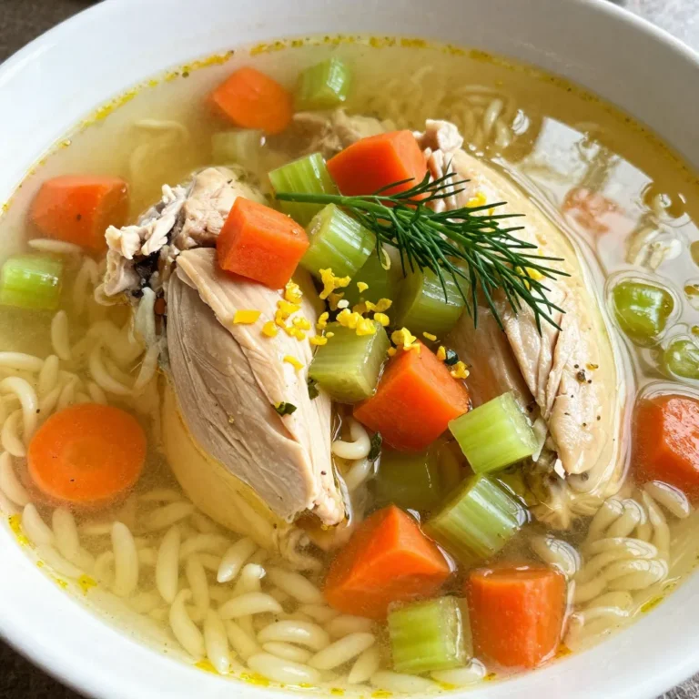 To make Greek lemon chicken soup, you need a few key items. Here’s the list: - 1 lb boneless, skinless chicken thighs - 8 cups chicken broth - 1 large onion, diced - 2 carrots, sliced - 2 celery stalks, chopped - 3 cloves garlic, minced - 1 large lemon (zest and juice) - 1 cup orzo pasta - 1 teaspoon dried oregano - 1 teaspoon dried thyme - Salt and pepper to taste - 2 tablespoons olive oil Each ingredient plays a big role in flavor. The chicken thighs give a rich taste and tender texture. The chicken broth forms a warm base. Onion, carrots, and celery add sweetness and depth. Garlic brings a nice punch. The lemon zest and juice add zesty brightness. Oregano and thyme offer that classic Greek flavor. You can make this soup even better with some optional ingredients. Here are a few ideas: - 2 cups fresh spinach or kale - Fresh dill, for garnish Adding spinach or kale boosts the soup with more nutrients and color. Fresh dill gives a lovely finish with its unique taste. You can mix and match these extras to find your perfect bowl of comfort. {{ingredient_image_1}} To start, heat 2 tablespoons of olive oil in a large pot over medium heat. Once hot, add the diced onion, sliced carrots, and chopped celery. Sauté these veggies for about 5-7 minutes. You want them soft but not mushy. Their natural sweetness adds depth to the soup. Next, add 3 cloves of minced garlic. Cook this for another minute until it smells great. This step builds a strong flavor base for your soup. Now it’s time for the chicken. Add 1 pound of boneless, skinless chicken thighs to the pot. Sprinkle in 1 teaspoon of dried oregano and 1 teaspoon of dried thyme. Season with salt and pepper to your taste. Cook the chicken for about 2-3 minutes until it’s lightly browned. This browning adds a nice color and flavor. Pour in 8 cups of chicken broth. Make sure the chicken is fully submerged. Bring this mixture to a boil, then reduce the heat. Let it simmer for 20 minutes, uncovered. This allows the chicken to cook through and the flavors to blend. After 20 minutes, remove the chicken from the pot. Use two forks to shred it into bite-sized pieces. Return the shredded chicken back into the soup. Now, it’s time to add the orzo. Toss in 1 cup of orzo pasta and cook it according to the package instructions, usually about 8-10 minutes. The orzo will absorb some of the broth, making it heartier. Once the pasta is cooked, stir in the zest and juice of one large lemon. This step is key for that zesty flavor. If you want to add a boost of nutrition, toss in 2 cups of fresh spinach or kale. Let it wilt in the heat of the soup for a few minutes. Finally, taste your soup. Adjust the seasoning with more salt, pepper, or lemon juice as needed. This ensures the flavors shine through. Serve the soup hot and garnish with fresh dill. This adds a lovely touch and extra flavor. Enjoy your warm bowl of Greek Lemon Chicken Soup! To make your chicken tender, choose boneless, skinless thighs. They stay juicy and cook well. Sauté them briefly with veggies to add flavor. Always season your soup with lemon. It brightens the taste and balances the richness of the broth. You want a zesty kick in each bite. Pair this soup with crusty bread or a fresh salad. They add texture and freshness. For garnishing, use fresh dill. It adds a pop of color and flavor. A sprinkle of lemon zest on top also looks nice. Enjoy your bowl of comfort! Pro Tips Use Fresh Herbs: Fresh dill and parsley can enhance the flavor profile of the soup significantly, giving it that authentic Greek taste. Mind the Orzo: Keep an eye on the orzo while cooking; it can quickly become mushy if overcooked. Add it towards the end of your cooking time. Adjust Lemon to Taste: The acidity of lemon can vary; start with half the juice, then taste and add more if you prefer a zippier flavor. Make it a Meal: For a heartier version, consider adding more vegetables like zucchini or bell peppers, or serve with crusty bread on the side. {{image_2}} You can change ingredients in Greek Lemon Chicken Soup to suit your taste. If you don’t have orzo, use rice or quinoa. Both add a nice texture and flavor. Rice takes a bit longer to cook, so keep an eye on it. Quinoa cooks faster and adds a nutty taste. For protein, try turkey or tofu. Turkey works well because it has a similar flavor to chicken. Just make sure to cook it fully before adding the broth. Tofu is a great choice for a vegetarian option. You can cube it and add it in when you add the orzo. Herbs and spices can really change the soup's taste. You can try adding fresh parsley or basil for a different twist. Cilantro gives a fresh kick as well. If you want some heat, add a pinch of red pepper flakes. Greek chicken soup has regional flavors, too. In some areas, they use a mix of lemon and vinegar. This gives a tangy taste that some people love. You can also find variations that use lentils instead of chicken. These changes keep the soup exciting and new every time you make it. To keep your Greek lemon chicken soup fresh, store it in an airtight container. This helps avoid any strong smells in your fridge. Let the soup cool before sealing it. The soup lasts up to four days in the fridge. If you want to keep it longer, try freezing it instead. Freezing Greek lemon chicken soup is easy! First, let the soup cool completely. Then, pour it into freezer-safe bags or containers. Leave some space at the top, as soup expands when frozen. You can freeze it for up to three months. To reheat, take it out of the freezer and thaw it overnight in the fridge. Then, heat it on the stove over medium heat. Stir it well to bring back the flavors. Enjoy a warm bowl of comfort! Can I use chicken breasts instead of thighs? Yes, you can use chicken breasts. They are leaner than thighs. However, they may not give as rich a flavor. Thighs add more moisture and taste to the soup. If you choose breasts, cook them carefully to avoid dryness. What makes Greek Lemon Chicken Soup different from chicken noodle soup? Greek Lemon Chicken Soup has a bright, zesty flavor from lemon juice and zest. It uses orzo pasta instead of traditional noodles. The herbs like oregano and thyme add a warm, earthy taste. This soup is light and refreshing, while chicken noodle soup is often richer and heartier. Is this soup healthy? Yes, this soup is quite healthy. It is low in fat and high in protein. The vegetables add fiber and vitamins. The lemon gives a boost of vitamin C. Using fresh ingredients keeps it nutritious and satisfying. What are the benefits of ingredients like lemon and chicken? Lemon has many health benefits. It helps with digestion and boosts immune health. Chicken is a great source of protein. It helps build muscles and keeps you full. Together, they make a tasty and nourishing dish that warms you up and keeps you healthy. In this blog post, we explored how to make Greek Lemon Chicken Soup. We discussed the main and optional ingredients that add flavor and nutrition. The step-by-step instructions helped you prepare and cook the soup easily. I shared tips to make it perfect, plus variations for personal taste. Lastly, we covered storage methods to keep your soup fresh. Enjoy this tasty dish; it warms both heart and soul.