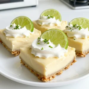 To make these Key Lime Pie Bars, you need a few key ingredients: - 1 cup graham cracker crumbs - 1/4 cup granulated sugar - 1/2 cup unsalted butter, melted - 2 large eggs - 1 (14 oz) can sweetened condensed milk - 1/2 cup fresh key lime juice (or regular lime juice) - Zest of 2 limes - 1/4 teaspoon salt - Whipped cream (for topping) - Lime slices (for garnish) These ingredients create a bright and zesty flavor that shines in each bite. The graham cracker crumbs form a crunchy crust. The sweetened condensed milk adds creaminess, while the lime juice gives it that refreshing zing. You can add some fun twists to your bars: - Coconut flakes for a tropical vibe - Fresh fruit like berries for added color and taste - A dash of vanilla extract for extra flavor These additions can change the taste and look, making your dessert unique and exciting. If you need to swap some ingredients, here are some easy changes: - Use almond flour instead of graham cracker crumbs for a gluten-free crust. - Substitute coconut cream for sweetened condensed milk for a dairy-free option. - Use lemon juice if you can’t find key limes. These substitutions make the recipe flexible and allow you to cater to dietary needs while keeping the essence of the dessert intact. {{ingredient_image_1}} Start by preheating your oven to 350°F (175°C). This heat will help the bars bake just right. Next, take an 8x8-inch baking pan and grease it lightly. You can use cooking spray or a bit of butter. You may also line the pan with parchment paper for easy removal later. This step is key for a clean finish. In a mixing bowl, combine 1 cup of graham cracker crumbs, 1/4 cup of granulated sugar, and 1/2 cup of melted unsalted butter. Mix these until they form a nice, crumbly texture. Press this mixture firmly into the bottom of the pan. Make sure it’s even and compact. Bake the crust in the oven for about 10 minutes. Look for a golden color and a sweet smell. While the crust cools, prepare the filling. In another bowl, whisk together 2 large eggs, 1 can of sweetened condensed milk, 1/2 cup of fresh key lime juice, the zest of 2 limes, and 1/4 teaspoon of salt. Whisk until the mixture is smooth and well blended. This filling is tangy and creamy, perfect for your bars. Pour the key lime filling over the cooled crust. Spread it evenly across the surface with a spatula. Bake for another 15 to 20 minutes. The filling should be set yet slightly jiggly in the center. Once done, remove the pan from the oven and let it cool to room temperature. After that, refrigerate the bars for at least 2 hours. This chilling helps them firm up nicely. When ready to serve, lift the bars out using the edges of the parchment paper. Cut them into squares or bars, depending on your preference. Top each piece with a dollop of whipped cream. For a fresh touch, garnish with a slice of lime. You can also sprinkle a bit of lime zest over the whipped cream for added flair. This makes the bars not just tasty but beautiful too! To get the perfect texture for your Key Lime Pie Bars, focus on a few key steps. First, ensure you mix the filling well. A smooth mixture helps it bake evenly. Use fresh key lime juice if you can. It adds a bright flavor that makes your bars sing. When you bake, keep an eye on the time. The bars should be set but still jiggle in the center. This will give you that creamy, delicious texture. There are a few common mistakes to watch out for. One is not pressing the crust firmly enough. If the crust is loose, the filling can seep through. Make sure to bake the crust until it is golden. It gives the bars a nice, crunchy base. Another mistake is overbaking the filling. Check it a few minutes before the time is up. Overbaking can make your bars dry and less tasty. For a stunning presentation, use a colorful plate to serve your bars. You can sprinkle lime zest over the whipped cream for a pop of color. Adding lime slices as a garnish also looks great. Cut the bars into even squares for a neat look. These little details make your dessert more appealing and fun to eat! Pro Tips Use Fresh Limes: For the best flavor, always opt for fresh key limes or limes rather than bottled juice. The freshness elevates the tartness and taste of the pie. Chill Thoroughly: After baking, allow the bars to cool to room temperature before refrigerating. This helps them set properly for clean slices. Graham Cracker Variety: Experiment with different types of graham crackers or even crushed cookies like ginger snaps for a unique flavor profile. Presentation Matters: Enhance the visual appeal by adding a sprinkle of lime zest over the whipped cream before serving. It adds color and a hint of extra flavor! {{image_2}} You can easily make gluten-free key lime pie bars. Start with gluten-free graham crackers. Crush them as you would regular ones. Use the same amount as in the recipe. Mix them with sugar and melted butter. Press this mix into your baking pan. The rest of the recipe stays the same. This way, everyone can enjoy a slice! To make vegan key lime pie bars, swap the eggs for flax eggs. Mix one tablespoon of ground flaxseed with three tablespoons of water. Let it sit for five minutes to thicken. Use coconut cream instead of sweetened condensed milk. You can also try cashew cream for a rich taste. With these swaps, you can enjoy a tasty vegan treat! Want to mix things up? Add fresh herbs like mint for a fun twist. You can also stir in some shredded coconut for added texture. For a berry twist, add a swirl of raspberry or blueberry puree on top before baking. These little changes can take your bars to the next level! After you enjoy your key lime pie bars, store the leftovers in the fridge. Place them in an airtight container. This keeps them fresh and tasty. They will stay good for about five days in the fridge. If you don’t have a container, cover the pan tightly with plastic wrap. You can also freeze these bars for later. First, let the bars cool completely. Then, cut them into squares. Wrap each square in plastic wrap. Place the wrapped squares in a freezer bag. Make sure to remove as much air as possible. They will stay fresh for up to three months in the freezer. When you are ready to eat them, thaw in the fridge overnight. To enjoy the best taste, eat the bars within five days if stored in the fridge. If frozen, use them within three months. Look for any signs of freezer burn or discoloration when thawing. These can change the flavor and texture. Always check for freshness before serving. Enjoy your refreshing treat! Yes, you can use regular limes. The taste will be a bit different. Key limes are smaller and have a more tart flavor. They also add a unique aroma. If you want the classic taste, I suggest using key limes. The bars are ready when the filling is set but still slightly jiggly in the center. You can gently shake the pan to check. If it wobbles like jello, it's perfect. Let them cool completely at room temperature. You can use Greek yogurt for a healthier option. It adds a nice tang. You can also try coconut cream for a tropical twist. Fresh fruit, like berries or mango slices, can offer bright flavors too. You can find pre-made key lime pie bars at many bakeries and grocery stores. Check the dessert section. Some brands also sell them online for delivery. Don't forget to read reviews for the best options! Making Key Lime Pie Bars is fun and easy. We covered key and optional ingredients, and I shared tips for the best texture and common errors. You can even try gluten-free and vegan versions! Remember to store leftovers properly to keep them fresh. These bars are a tasty treat for everyone. Try out different flavors and toppings to make them yours. Enjoy your baking journey!