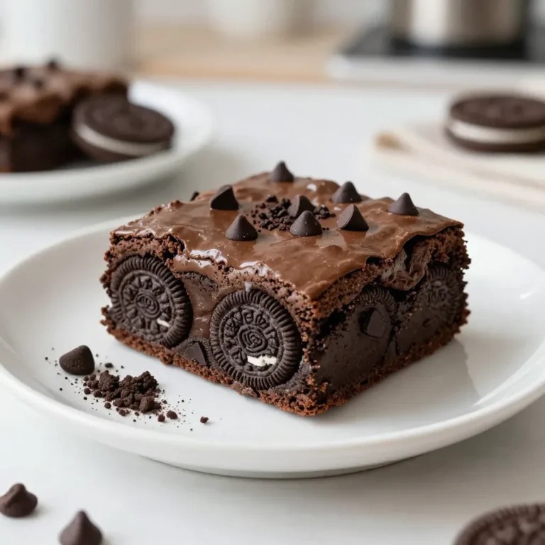 - 1 cup unsalted butter, melted - 2 cups granulated sugar - 4 large eggs - 1 teaspoon vanilla extract - 1 cup all-purpose flour - 1 cup unsweetened cocoa powder - 1 teaspoon baking powder - 1/2 teaspoon salt - 1 cup chocolate chips - 12 Oreo cookies For those with dietary needs, there are alternatives. Try using coconut oil instead of butter. For a vegan option, use flax eggs. To make these brownies gluten-free, substitute all-purpose flour with almond flour or a gluten-free blend. Accurate measuring is key. Use dry measuring cups for flour and cocoa. For sticky ingredients like sugar, use a liquid measuring cup. Always level off the top with a knife for precision. This helps ensure your brownies turn out perfect every time. {{ingredient_image_1}} First, preheat your oven to 350°F (175°C). This step is key. A hot oven helps brownies bake evenly. Next, you can choose to grease your pan or use parchment paper. Greasing works fine, but parchment makes cleanup easy. Just spray the pan with non-stick spray if you grease it. If you use parchment, let the edges hang out. This makes it easier to lift out the brownies later. Now, let's mix the batter. In a large bowl, add the melted butter and granulated sugar. Stir until smooth. It should blend well. Then, beat in the eggs, one at a time. Make sure to mix in the vanilla extract too. Set this bowl aside. In another bowl, mix the dry ingredients: flour, cocoa powder, baking powder, and salt. Slowly add this dry mix to your wet mix. Stir gently until just combined. The batter will be thick. Finally, fold in the chocolate chips for that rich, gooey goodness. It's time to layer. Pour about two-thirds of your brownie batter into the prepared pan. Spread it evenly. This will be the base. Next, place the Oreo cookies on top, spaced out nicely. You want a cookie in every bite. Now, spoon the remaining brownie batter over the Oreos. Make sure they are fully covered. This will create that amazing surprise inside. Bake your creation for 30-35 minutes. Check by inserting a toothpick. It should come out with a few moist crumbs. Allow the brownies to cool in the pan for about 20 minutes before slicing. Enjoy your sweet treat! - Testing for doneness: Stick a toothpick in the center of your brownies. If it comes out with a few moist crumbs, they are done. If it has wet batter, bake a little longer. - Avoiding overmixing: Mix your batter just until combined. Overmixing can make your brownies tough. You want a rich, fudgy texture. - Best ways to serve Oreo stuffed brownies: Serve them warm for the best taste. Cut them into squares and place them on a plate. - Pairing with ice cream or toppings: Top each brownie with a scoop of vanilla ice cream. Drizzle some chocolate sauce over the ice cream. For a fun twist, sprinkle crushed Oreos on top. - How to store brownies properly: Keep your brownies in an airtight container. They stay fresh at room temperature for up to three days. - Reheating instructions for optimal taste: Warm brownies in the microwave for about 10-15 seconds. This restores their gooey texture, making them even more delicious. Pro Tips Use Room Temperature Eggs: For a smoother batter, ensure your eggs are at room temperature before mixing. This helps them incorporate better into the batter. Don’t Overmix: Mix the batter until just combined to ensure your brownies remain fudgy and not cake-like. Check for Doneness: To avoid overbaking, start checking your brownies a few minutes before the recommended baking time. A toothpick should come out with a few moist crumbs. Cool Before Slicing: Let the brownies cool in the pan for at least 20 minutes to set properly. This makes slicing easier and helps maintain their shape. {{image_2}} You can make Oreo stuffed brownies your own. Start with nuts like walnuts or pecans. They add crunch and flavor. You might also try different chocolate types. Think milk chocolate or white chocolate chips. Each type changes the taste. If you want to switch up the cookies, go for it! Use chocolate chip cookies or peanut butter cookies instead of Oreos. They will give you a new twist. Each cookie brings its own fun flavor. Experimenting with these options can lead to tasty surprises. If you want lighter brownies, there are easy swaps. Use applesauce instead of butter. It cuts calories but keeps moisture. You can choose a sugar substitute as well. This helps reduce calories without losing sweetness. For those with dietary needs, try vegan options. Use flax eggs instead of regular eggs. Substitute almond flour for all-purpose flour. This makes it gluten-free. These changes allow everyone to enjoy the brownies. Photos can make your cooking journey easier. They help you see what each step should look like. Start with a shot of the mixing bowl. Show the melted butter and sugar blending together. Next, capture the moment when you layer the brownie batter and Oreos in the pan. This gives a clear guide on how to assemble. Finally, take a picture of the baked brownies, all gooey and chocolatey. This shows what to expect when they’re done. Videos bring recipes to life. They show you the exact techniques you need. Short clips can demonstrate mixing the batter. They can also show how to layer the brownies and Oreos. A final clip can reveal the finished product. Watching the brownies come together makes the process fun and clear. Plus, seeing the warm brownies being served will make anyone want to try this recipe! To keep your Oreo stuffed brownies fresh, store them in an airtight container. This helps prevent them from drying out. You can keep them at room temperature for up to three days. If you want to extend their life, you can refrigerate them. Just make sure the container is sealed tight. This way, they stay soft and tasty for longer. Yes! Freezing Oreo stuffed brownies is easy. Cut them into squares before freezing. Wrap each square in plastic wrap. Then, place the wrapped brownies in a freezer bag. They can last up to three months in the freezer. When you're ready to enjoy them, thaw them in the fridge overnight. Once defrosted, you can warm them up in the oven for a few minutes. This brings back their yummy texture. You can mix in different flavors to make your brownies even more exciting! Here are some ideas: - Add a pinch of sea salt for a sweet and salty combo. - Stir in peanut butter chips for a nutty taste. - Use mint Oreo cookies for a minty twist. - Add a splash of espresso for deeper chocolate flavor. - Mix in chopped nuts for crunch. Feel free to experiment and find your favorite flavor! Baking Oreo stuffed brownies is fun and easy. You only need a few simple ingredients, like butter, sugar, and Oreos. Following clear steps ensures your brownies come out just right. If you want to switch things up, there are many ways to customize your recipe. Remember to store leftovers well for freshness. Enjoy the process, share with friends, and make lasting memories through baking. You now have the tools to create a delicious treat!