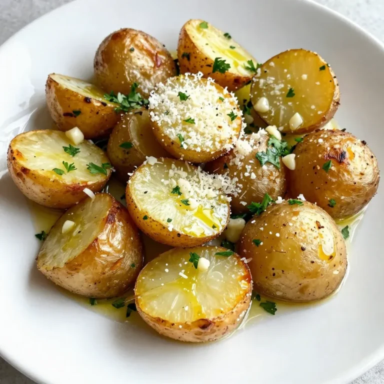 - 1.5 pounds baby potatoes, halved - 4 cloves of garlic, minced - 1/2 cup grated Parmesan cheese - 3 tablespoons olive oil - 1 teaspoon dried oregano - 1 teaspoon smoked paprika - Salt and pepper to taste - Fresh parsley, chopped for garnish Gathering ingredients is the first step to making Garlic Parmesan Roasted Potatoes. Start with baby potatoes. Their small size makes them perfect for roasting. Halve them for even cooking. Next, you'll need garlic. Four cloves, minced, gives a strong flavor. Parmesan cheese adds a rich taste and crispy texture. Use half a cup for the best results. Olive oil is key for a golden finish. Three tablespoons will coat the potatoes well. Dried oregano brings an earthy note. One teaspoon is enough to enhance the dish. Smoked paprika adds warmth and depth. Just one teaspoon will do the trick. Don't forget salt and pepper. They are crucial for taste. Add them to your liking. Lastly, fresh parsley will brighten the dish. Chop some for garnish. These ingredients come together to create a crispy and flavorful side dish. {{ingredient_image_1}} - Preheat the oven to 425°F (220°C). - In a large mixing bowl, combine the halved baby potatoes, minced garlic, olive oil, dried oregano, smoked paprika, salt, and pepper. - Toss the baby potatoes in the seasoning mixture until they are well coated. When you mix the ingredients, be sure to cover each potato piece. This step is key for great flavor. Use your hands or a spatula to mix. The more even the coating, the better the taste. - Spread the potatoes on a baking sheet lined with parchment paper. - Roast in the preheated oven for 25 minutes. - After 25 minutes, take the baking sheet out and sprinkle grated Parmesan cheese over the potatoes. - Return the baking sheet to the oven and roast for another 10-15 minutes, or until the potatoes are golden brown and crispy. Watch the potatoes closely. The cheese should melt and form a nice crust. The goal is crispy edges and soft insides. You can also flip the potatoes halfway through if you want even browning. - Garnish with freshly chopped parsley before serving. For a beautiful presentation, serve the roasted potatoes on a platter. Add extra parsley and a sprinkle of Parmesan on top. This adds color and makes the dish pop. Enjoy the delicious, crispy, and flavorful garlic Parmesan roasted potatoes! To make your Garlic Parmesan Roasted Potatoes extra crispy, start by cutting the baby potatoes in half. This increases the surface area for crispiness. You want to preheat your oven to 425°F (220°C) before cooking. A hot oven helps create that golden crust. If you want to try an alternate cooking method, consider using an air fryer. This will give you that same crispy texture with less oil. Cook them at 400°F (200°C) for about 20 minutes. Shake the basket halfway through to ensure even cooking. While the garlic and Parmesan are great, you can enhance the flavor even more. Add a pinch of red pepper flakes for some heat. Fresh rosemary or thyme can also bring a nice herbal note. For cheese variations, you might swap Parmesan for Pecorino Romano. This cheese adds a salty kick. You could even try a mix of cheeses for a richer taste. Experimenting with these additions can make your dish unique. Pro Tips Choose the Right Potatoes: Opt for waxy baby potatoes for a creamy texture inside and crispy exterior. Don't Skip the Garlic: Fresh minced garlic enhances the flavor; consider adding whole cloves for a milder taste. Even Cooking: Make sure potatoes are in a single layer on the baking sheet to ensure even roasting. Check for Doneness: Potatoes should be fork-tender and golden brown for the best texture and flavor. {{image_2}} You can change the type of potato you use. Try Yukon Gold or fingerling potatoes. Each type brings its own taste and texture. You can also use sweet potatoes for a twist. They add a nice sweetness and color. If you want a vegan or dairy-free option, skip the Parmesan. Use a dairy-free cheese instead. Nutritional yeast is another great choice for a cheesy flavor without dairy. Just sprinkle it on before serving. Garlic Parmesan Roasted Potatoes pair well with many dishes. Serve them alongside grilled chicken or fish for a balanced meal. They also go great with roasted veggies or a fresh salad. This dish is perfect for many occasions. Serve it at family dinners or holiday gatherings. They also make a great side for weekend barbecues. Enjoy them as a snack while watching a movie, too! To keep your Garlic Parmesan Roasted Potatoes fresh, store them in an airtight container. This helps lock in the flavor and keep them crispy. Let the potatoes cool completely before you seal them up. This prevents moisture build-up, which can make them soggy. Leftovers last for about 3-5 days in the fridge. Always check for any off smells or unusual textures before eating them. When it’s time to enjoy your leftovers, reheating is key for that crispy texture. The oven is the best method. Preheat your oven to 400°F (200°C). Spread the potatoes in a single layer on a baking sheet. Bake for about 10-15 minutes until they are hot and crispy again. If you’re short on time, you can use the microwave. Just be aware it won’t get them crispy. Heat them in short bursts of 30 seconds, checking in between. Enjoying these potatoes again is easy with the right reheating! What type of potatoes are best for roasting? I find that baby potatoes are great for roasting. They cook evenly and have a nice creamy texture. You can also use Yukon Gold or red potatoes. Both types work well, giving that crispy outside and soft inside. Can I make Garlic Parmesan Roasted Potatoes ahead of time? Yes, you can prepare them ahead of time. Just follow the recipe up to the roasting step. Then, store the tossed potatoes in the fridge. When you are ready to bake them, just spread them on a baking sheet and roast. They will taste fresh and delicious. How do I know when the potatoes are done roasting? Potatoes are done when they are golden brown and crispy. You can also poke one with a fork. If it goes in easily, they are ready. The cheese should be melted and bubbly on top. Why are my potatoes not crispy? If your potatoes are not crispy, check a few things. First, make sure you spread them out in a single layer. Crowding the pan can trap steam. Also, make sure you used enough oil. This helps them crisp up nicely. What can I do if I don't have Parmesan cheese? If you don’t have Parmesan cheese, you can use other cheese types. Grated Pecorino Romano or aged cheddar can work well. For a dairy-free option, try nutritional yeast. It adds a cheesy flavor without the dairy. Garlic Parmesan roasted potatoes are simple and packed with flavor. We covered the key ingredients, preparation steps, and cooking tips for perfect potatoes. You now have great ideas for variations and best practices for storage. Remember, crispiness is key, and feel free to switch up ingredients to suit your taste. With these tips, you can impress at any gathering or enjoy a cozy meal at home. Now, get ready to enjoy a tasty treat that everyone will love!