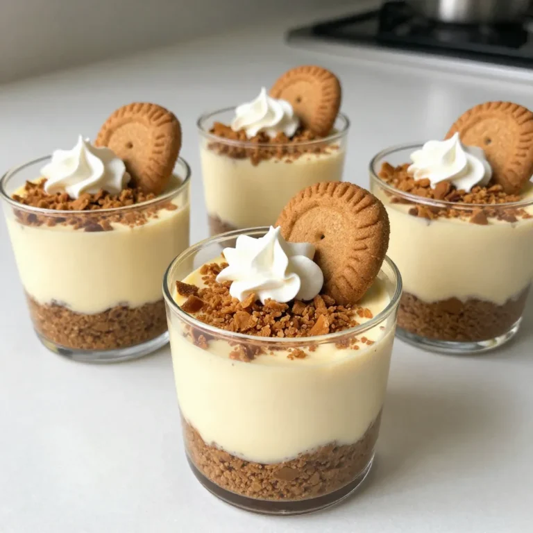 To make No-Bake Gingerbread Cheesecake Cups, you'll need: - 1 cup ginger snap cookie crumbs - 4 tablespoons unsalted butter, melted - 16 oz cream cheese, softened - 1/2 cup powdered sugar - 1 teaspoon vanilla extract - 1 teaspoon ground ginger - 1 teaspoon cinnamon - 1/4 teaspoon nutmeg - 1 cup heavy whipping cream - 1/4 cup molasses - Crushed ginger snap cookies for garnish You can add more flavor with these: - Whipped cream for topping These optional ingredients can make your dessert look nicer and taste even better. For this recipe, gather these tools: - Mixing bowls - Electric mixer - Hand mixer - Dessert cups - Rubber spatula Having these tools ready will help you make the process smooth and easy. Enjoy crafting these delightful cups! {{ingredient_image_1}} To start, gather your ginger snap cookie crumbs and melted butter. In a mixing bowl, combine the crumbs and butter. Mix well until the crumbs feel moist. This step is key for a tasty crust. Next, take six dessert cups. Divide the crumb mixture evenly among them. Press the mixture down firmly in each cup. This helps form a solid base. A good crust supports the creamy filling. Now, it’s time to make the filling. In a clean mixing bowl, add softened cream cheese. Beat it with an electric mixer until smooth. This takes just a couple of minutes. After that, add powdered sugar, vanilla extract, ground ginger, cinnamon, and nutmeg. Mix until everything is well combined. The spices give your cheesecake that warm, festive flavor. In a separate bowl, whip the heavy cream until it forms stiff peaks. This will add lightness to your filling. Carefully fold this whipped cream into the cream cheese mixture. Be gentle; you want to keep that airy texture. Finally, add the molasses to the mixture. Fold it in gently to blend. The molasses adds a rich sweetness that pairs perfectly with the spices. Now, grab your prepared cups. Spoon the cheesecake mixture into each cup over the crust. Fill them to the top for a nice presentation. Once filled, use a spatula to smooth the tops. This step ensures a nice finish. Now, cover the cups with plastic wrap or lids if you have them. Place the filled cups in the fridge. They need to chill for at least 4 hours. For best results, let them set overnight. This helps the flavors meld and the filling firm up. Make sure not to rush this step. If you serve them too soon, the filling may be too soft. After chilling, add crushed ginger snap cookies on top for a nice crunch. Optionally, you can add whipped cream for a special touch. Enjoy these delightful treats! To make great whipped cream, start with cold heavy cream. Chill your mixing bowl and beaters too. This helps the cream whip up faster. Use a hand mixer on medium speed. Whip until you see stiff peaks forming. Stiff peaks stand tall and hold shape. This will give your cheesecake cups a light and fluffy topping. Remember, don’t over-whip. If you do, it can turn into butter. Folding is key for a smooth cheesecake. After whipping the cream, gently add it to the cream cheese mix. Use a spatula to lift and fold. Start from the bottom and move to the top. This keeps the air in the whipped cream. Keep folding until mixed well. Make sure there are no lumps. This creates a creamy texture. You can easily change up the flavors in your cheesecake cups. Try adding a splash of orange zest for a citrus kick. Swirl in some chocolate fudge for a rich taste. You can also use pumpkin spice instead of ginger for a fall twist. Top with fresh fruit like berries or sliced bananas for color. Each twist adds a fun new flavor to your dessert. Pro Tips Chill the Ingredients: Make sure your cream cheese is at room temperature for easier mixing, but also chill the whipped cream to achieve better peaks. Layering Technique: For a visually appealing dessert, layer the cheesecake mixture and crushed ginger snaps alternately in the cups. Garnish with Flair: Consider adding a sprinkle of cinnamon or a drizzle of caramel sauce over the whipped cream for an extra touch. Make Ahead: These cheesecake cups can be made a day in advance, allowing the flavors to meld beautifully overnight. {{image_2}} You can change up the flavors in your No-Bake Gingerbread Cheesecake Cups. Try using different cookie crumbs, like chocolate or vanilla. These can create a fun twist on the classic gingerbread taste. You can also swap out the spices. Consider using pumpkin spice for a fall feeling. Or, use lemon zest for a bright and fresh flavor. Each change can give your dessert a new life! For a gluten-free version, simply use gluten-free ginger snap cookies. Many brands offer tasty options that work well. Make sure the rest of your ingredients, like cream cheese and spices, are also gluten-free. This way, everyone can enjoy these delicious cups without worry. To make this dessert dairy-free, substitute the cream cheese with a dairy-free cream cheese. There are many brands that taste great and work well in desserts. Use coconut cream instead of heavy cream. It whips well and adds a lovely flavor. You can also swap out butter for dairy-free margarine in the crust. These easy swaps keep the creamy texture and flavor while being dairy-free! To keep your no-bake gingerbread cheesecake cups fresh, store them in the fridge. Use airtight containers or cover each cup with plastic wrap. This prevents drying out and keeps the flavors strong. Always make sure to chill them at the right temperature. The cool air helps set the cheesecake and keeps it creamy. You can store these cheesecake cups for up to five days in the refrigerator. After a few days, the texture may change slightly, but they will still taste great. I recommend enjoying them within this timeframe for the best experience. If you notice any signs of spoilage, like an off smell or mold, it’s best to toss them. If you want to make these cups in advance, freezing is an option. Freeze them before adding any garnishes. Place them in freezer-safe containers, and they can last for up to three months. When you’re ready to enjoy them, thaw them in the fridge overnight. Once thawed, add your crushed ginger snap cookies or whipped cream before serving for that fresh touch. Yes, you can use store-bought ginger snap cookies. They save time and taste great. Just crush them as needed to make the base for your cups. If you want to save even more time, pre-packaged crumbs work too. To make this recipe more festive, add fun toppings. Consider using colorful sprinkles or chocolate shavings. You can also drizzle caramel or chocolate sauce on top. Adding a cinnamon stick as a garnish gives a nice touch too. You can use coconut cream for a dairy-free option. Whipped topping is another good choice. Just ensure you choose a brand that whips well and tastes good. This will keep the cups creamy and rich. Yes, you can make these cups in advance. They taste even better after chilling overnight. Just store them in the fridge until you’re ready to serve. This makes them a perfect dessert for busy days. Serve these cups chilled straight from the fridge. Garnish with crushed ginger snap cookies for some crunch. You can also add whipped cream for extra fluffiness. These simple touches make your dessert look and taste amazing. You learned how to make no-bake gingerbread cheesecake cups. We covered the ingredients, essential tools, and step-by-step methods. I shared tips for perfect whipped cream and folding techniques to enhance your dessert. You also explored variations and storage tips for making ahead. These delightful cups are easy and versatile. With a bit of creativity, you can personalize them however you like. Enjoy making this treat fresh and share it with friends and family!