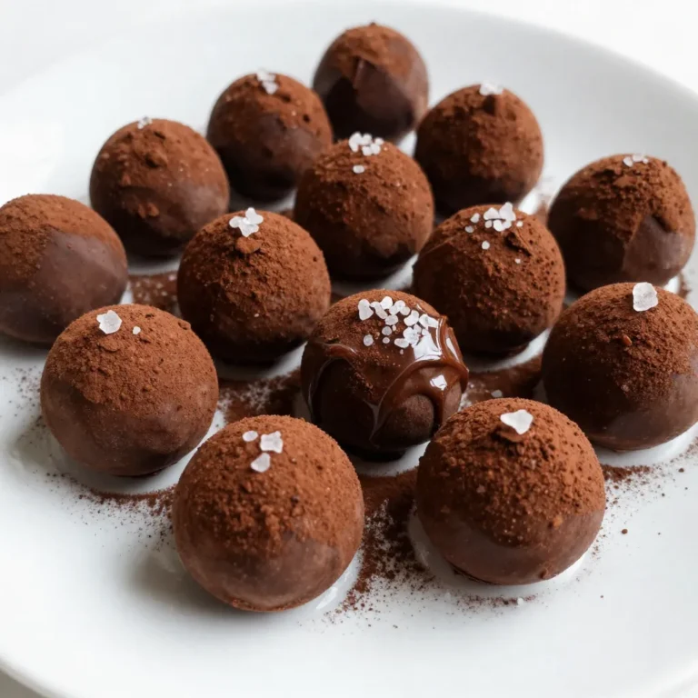 - 8 ounces high-quality dark chocolate (70% cocoa), chopped - ½ cup heavy cream - 2 tablespoons unsalted butter - 1 teaspoon vanilla extract - Unsweetened cocoa powder, for dusting - Finely chopped nuts (hazelnuts or almonds), for rolling (optional) - Sea salt, for garnish (optional) To create classic chocolate truffles, start with high-quality dark chocolate. I prefer chocolate with at least 70% cocoa. This ensures a rich flavor. You will also need heavy cream and unsalted butter. These ingredients create a smooth ganache. Next, add a teaspoon of vanilla extract for a warm aroma and taste. Sea salt enhances the sweetness. It is optional but worth trying. For coating, you can use unsweetened cocoa powder or finely chopped nuts. Cocoa powder gives a deep, rich flavor. Nuts add a nice crunch and texture. Gather all these ingredients before you begin. This makes the process smooth and easy. {{ingredient_image_1}} 1. Start by heating ½ cup of heavy cream and 2 tablespoons of unsalted butter in a small saucepan. Set the heat to medium. Watch it closely until it begins to simmer. Remove it just before it boils. 2. Next, add 8 ounces of chopped dark chocolate (70% cocoa) to the saucepan. Let it sit for about 2-3 minutes. This helps the chocolate melt evenly. 3. Once the chocolate has softened, whisk the mixture gently. Keep whisking until it becomes smooth and glossy. This is your rich ganache. Stir in 1 teaspoon of vanilla extract for extra flavor. 1. After making the ganache, pour it into a bowl and cover it with plastic wrap. Refrigerate it for about 2 hours. This cooling time helps it firm up, making it easy to handle. 2. Once chilled, use a melon baller or a teaspoon to scoop small portions of the ganache. 3. Roll each portion into balls using your palms. This is where the magic happens. You’re forming the truffles! 1. Now it’s time to coat your truffles. You can roll them in unsweetened cocoa powder or finely chopped nuts, like hazelnuts or almonds. This adds flavor and texture. 2. Place the coated truffles on a parchment-lined baking sheet. For a fun touch, sprinkle a pinch of sea salt on each truffle. 3. Finally, refrigerate the truffles for another 30 minutes. This will help them set and keep their shape. Enjoy your classic chocolate truffles! To make great chocolate truffles, start with good chocolate. Use high-quality dark chocolate with at least 70% cocoa. This ensures a rich flavor and smooth texture. Check for a shiny surface and a strong cocoa scent. If it smells stale, choose another brand. Cooling times matter, too. After making the ganache, refrigerate it for about 2 hours. This helps it firm up. If you want to speed things up, place the bowl in a shallow ice bath. Just be careful not to get water into the chocolate. Want to mix things up? Add flavors to your truffles! A teaspoon of coffee can deepen the chocolate taste. Orange zest gives a bright note. Experiment with different flavors to find your favorite. You can also use flavored cocoa powder. Look for options like cinnamon or chili. Rolling your truffles in these adds a fun twist. This small change can take your truffles to the next level. Presenting your truffles well makes a big difference. Arrange them in a pretty box or on a nice plate. Dust them with extra cocoa powder for a polished look. Adding fresh mint leaves offers a pop of color and freshness. For drinks, serve truffles with coffee or a rich red wine. The flavors complement each other. You can also offer a glass of milk for a classic touch. This pairing makes your treat even more special. Pro Tips Use Quality Chocolate: The better the chocolate, the better the truffles will taste. Choose a high-quality dark chocolate with at least 70% cocoa for rich flavor. Cool Properly: Allow the ganache to cool completely in the refrigerator. This ensures the truffles hold their shape when rolling and coating. Experiment with Coatings: Don't be afraid to try different coatings like shredded coconut, matcha powder, or crushed freeze-dried fruits for a unique twist. Perfect Serve Temperature: Let the truffles sit at room temperature for about 10 minutes before serving. This enhances the flavor and texture. {{image_2}} When making chocolate truffles, you can choose from dark, milk, or white chocolate. Each type gives a different taste. Dark chocolate has a rich, bold flavor. Milk chocolate is sweet and creamy. White chocolate is smooth and sweet but has no cocoa solids. You can also explore single-origin chocolates. These chocolates come from one place and have unique flavors. Trying different types can change the whole vibe of your truffles. You can add fun flavors to your truffles with liqueurs or flavored extracts. For example, try adding orange liqueur or peppermint extract for a twist. You can also create stuffed truffles. Fill them with raspberry jam or peanut butter for a surprise inside. These additions make your truffles special and more enjoyable. If you want vegan chocolate truffles, use coconut cream instead of heavy cream. Choose dark chocolate with no milk. This way, everyone can enjoy them. For nut-free options, simply skip the nuts in the coating. You can dust them in cocoa powder or use crushed cookies instead. These adaptations ensure that everyone can indulge in the joy of chocolate truffles. Store your chocolate truffles in a cool place. The best option is the refrigerator. This keeps them fresh and firm. If you plan to eat them soon, room temperature is fine. Just ensure it's not too warm. When you store them, use an airtight container. This protects them from odors and moisture. You can also layer them with parchment paper. This prevents them from sticking together. Chocolate truffles last about one to two weeks in the fridge. If you keep them at room temperature, they last for about three to five days. Watch for signs of spoilage. If the truffles start to look dull or have white spots, they may be bad. Also, if they smell off, it's best to toss them out. Enjoy your truffles while they are fresh! To melt chocolate for truffles, you have two great methods. The first is the double boiler method. - Fill a pot with water and heat it on low. - Place a heat-safe bowl over the pot. - Add the chopped chocolate to the bowl and stir until it melts. The second method is the microwave. - Place the chocolate in a microwave-safe bowl. - Heat it in short bursts of 20 seconds. - Stir in between until smooth. Both methods work well. Just be careful not to burn the chocolate. Yes, you can freeze chocolate truffles! But there are some do's and don'ts. - Do use an airtight container to keep them fresh. - Don’t freeze them for too long. They taste best within three months. When ready to eat, thaw them in the fridge for a few hours. This keeps their texture nice. Truffles and bonbons are both tasty chocolate treats, but they are not the same. - Truffles are made from chocolate ganache, rolled into balls, and coated in cocoa or nuts. - Bonbons are often filled with flavored creams or ganaches and have a hard chocolate shell. Both are delicious, but they have different textures and looks. Enjoy trying both! In this article, we covered the key ingredients and steps to make delicious chocolate truffles. You learned how to prepare the ganache, form the truffles, and add coatings. We also shared tips for perfecting texture and flavor. Finally, we explored variations, storage tips, and answered common questions. With these insights, you can create truffles that impress anyone. Enjoy making your own tasty treats!