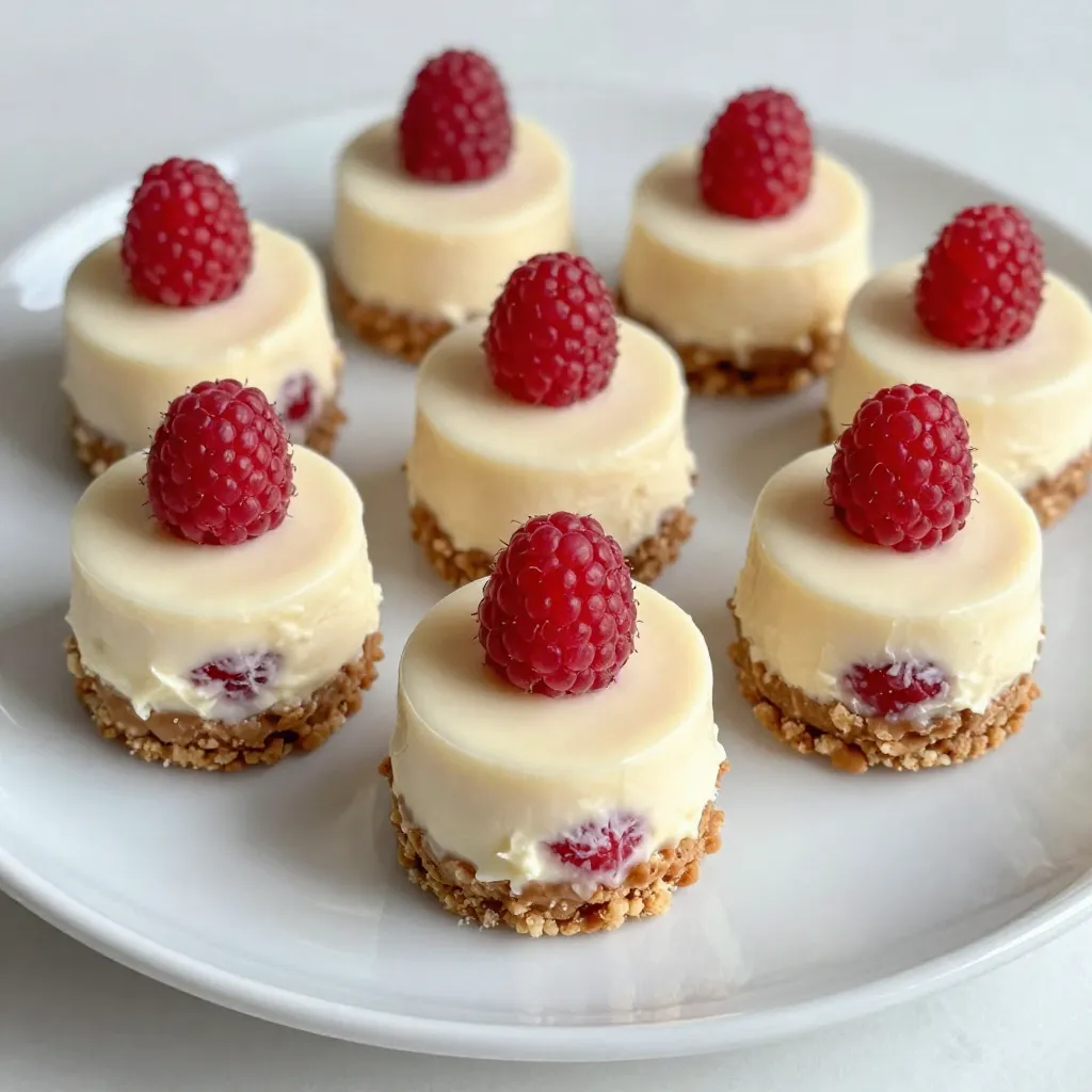 To make White Chocolate Raspberry Cheesecake Bites, you need: - 1 cup graham cracker crumbs - 1/4 cup unsalted butter, melted - 1/4 cup sugar - 8 oz cream cheese, softened - 1/2 cup white chocolate chips, melted - 1/2 cup sour cream - 1/2 cup fresh raspberries (plus extra for garnish) - 1 teaspoon vanilla extract - 1 tablespoon lemon juice - Pinch of salt Each ingredient plays a role. The graham cracker crumbs form a tasty crust. If you like, you can swap them for crushed cookies. Butter binds it all together; use coconut oil if you want a dairy-free option. Sugar adds sweetness, but you can use honey or maple syrup instead. Cream cheese gives that rich texture. For a lighter option, try Greek yogurt. White chocolate chips add sweetness and creaminess. If you need a dairy-free choice, use dairy-free chocolate. Sour cream adds tang; plain yogurt works too. Fresh raspberries are key for flavor, but frozen ones can work in a pinch. Vanilla extract adds depth, while lemon juice brightens the taste. Fresh raspberries are a star in this recipe. They bring a burst of flavor and vibrant color. The sweetness of the white chocolate pairs well with their tartness. Fresh berries also add a juicy texture. They help balance the creaminess of the cheesecake. If you want to garnish, they look lovely on top. Always choose ripe raspberries for the best taste. {{ingredient_image_1}} To start, gather your graham cracker crumbs, melted butter, and sugar. In a mixing bowl, combine 1 cup of graham cracker crumbs, 1/4 cup of melted unsalted butter, and 1/4 cup of sugar. Mix these well until the crumbs are moist. Next, take a mini muffin tin. Press the crumb mixture into the bottom of each cup. Use the back of a spoon for an even, firm base. Chill the tin in the refrigerator for 15 minutes. This step helps the crust set well. Now, let’s make the cheesecake filling. In a separate bowl, beat 8 oz of softened cream cheese until smooth. Add 1/2 cup of melted white chocolate, 1/2 cup of sour cream, 1 teaspoon of vanilla extract, 1 tablespoon of lemon juice, and a pinch of salt. Beat these together until you have a silky mixture. Next, gently fold in 1/2 cup of fresh raspberries. Be careful not to mash them too much; we want some chunks for texture and flavor. Spoon the cheesecake mixture into the chilled crusts. Fill each cup all the way to the top. Once done, return the muffin tin to the fridge. Chill for at least 2 hours, or until the bites are set. After they set, remove the bites from the tin. Run a knife around each edge to help them come out easily. For an extra touch, place a fresh raspberry on top of each bite before serving. Enjoy your delightful treats! To get the best crust, use fresh graham cracker crumbs. I recommend crushing them yourself. Mix the crumbs with the melted butter and sugar. Make sure to press the mix tightly into the mini muffin tin. This helps it hold together. Chill the crust for 15 minutes. This step makes it firm and ready for the filling. To avoid curdling, always use room temperature cream cheese. Cold cream cheese can cause lumps. When you mix, do it slowly. This keeps the texture smooth. Add the melted white chocolate gradually. Stir gently to combine. Folding in the raspberries is key too. Be careful not to smash them. For a lovely presentation, garnish each cheesecake bite with a whole raspberry. Use a simple white plate to make the colors pop. You can also drizzle melted white chocolate over them. This adds a nice touch and extra sweetness. Serve these bites cold for the best taste. Pro Tips Chill the Crust: Make sure to chill the crust for at least 15 minutes to ensure it firms up properly before adding the cheesecake filling. Use Fresh Raspberries: Fresh raspberries will provide the best flavor and texture. If you must use frozen, thaw and drain them first to avoid excess moisture. Don’t Overmix: When folding in the raspberries, be gentle to keep them intact and add a beautiful burst of fruitiness to the cheesecake bites. Serving Tip: These cheesecake bites can be made a day in advance; just store them in an airtight container in the refrigerator to maintain freshness. {{image_2}} You can create a fun twist with chocolate raspberry swirl bites. Start with the cheesecake filling. Once you mix in the melted white chocolate, add some melted dark chocolate. Swirl the dark chocolate into the filling gently. This adds a rich flavor and a pretty look. The dark chocolate adds depth and pairs well with raspberry. If you want an easy treat, try no-bake white chocolate cheesecake bites. Follow the same steps, but skip baking the crust. Instead, make the crust mixture, press it into the muffin tin, and chill it. The filling will set up nicely in the fridge. This way, you save time and still enjoy a creamy dessert. Mini cheesecake cupcakes are another fun option. Use cupcake liners in a muffin tin. Pour the crust mixture into the bottom of each liner. Then, fill each one with the cheesecake filling. Bake them for a few minutes to set. This gives you individual cheesecakes that are easy to serve and eat. These variations let you enjoy the same great taste in different ways. Feel free to mix and match flavors! To keep your White Chocolate Raspberry Cheesecake Bites fresh, store them in the fridge. Use an airtight container to avoid moisture. These bites taste best when chilled. I recommend eating them within a week for the best flavor. If you plan to serve them later, make sure to keep them cool until serving. You can freeze these cheesecake bites for later. First, let them cool completely in the fridge. Then, place them in a single layer on a tray. Freeze for about two hours until firm. After that, transfer them to a freezer-safe bag or container. They can last up to three months in the freezer. When ready to eat, thaw them in the fridge overnight. These bites have a good shelf life if stored well. In the fridge, they last about 5 to 7 days. After that, the texture and taste may change. Always check for any signs of spoilage, like off smells or discoloration. For the best taste, serve them fresh. If you notice the white chocolate losing its shine, it's time to eat them! Yes, you can use frozen raspberries. Just let them thaw first. Drain any extra liquid before adding them to the filling. This keeps your cheesecake bites from getting too watery. Frozen raspberries work well, but fresh ones offer the best flavor and texture. The cheesecake bites are set when they are firm to the touch. You can gently press the top with your finger. If it springs back, they are ready. Chill them for at least two hours for the best results. If you need to check sooner, they should not jiggle in the center. You can use mascarpone cheese as a substitute. It has a similar texture and rich flavor. Greek yogurt is another option. It will make the bites a bit tangy. Make sure to use full-fat versions for the best taste. This post covered how to make white chocolate raspberry cheesecake bites. We explored the ingredients you need and why fresh raspberries matter. You learned step-by-step instructions, tips to improve your cheesecake, and creative variations to try. We also discussed the best storage practices to keep your treats fresh and tasty. With these insights, you can create delicious cheesecake bites that impress. Don’t hesitate to experiment and enjoy the process.