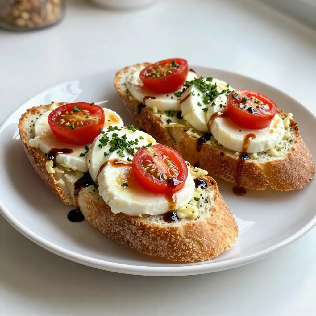 - 1 large baguette, sliced in half lengthwise - 4 tablespoons unsalted butter, softened - 4 cloves garlic, minced - 1 cup fresh mozzarella cheese, sliced - 2 cups cherry tomatoes, halved - 1/4 cup fresh basil leaves, chopped - 1 tablespoon balsamic glaze - Salt and pepper, to taste For this Caprese Garlic Bread, you need simple yet fresh ingredients. Start with a large baguette. The baguette gives a great crunch and flavor. You will also need unsalted butter to make the garlic spread. Choose four cloves of garlic to add a strong taste. Fresh mozzarella cheese is key. It melts nicely and pairs well with the tomatoes. Use about one cup of sliced mozzarella. For sweetness, gather two cups of halved cherry tomatoes. They burst with flavor in every bite. Fresh basil leaves add a nice touch. You will want about a quarter cup, chopped. A drizzle of balsamic glaze brings everything together. Don't forget to season with salt and pepper to taste. This mix of ingredients makes Caprese Garlic Bread a delight! {{ingredient_image_1}} 1. Preheat the oven: First, set your oven to 400°F (200°C). This heat will crisp the bread nicely. 2. Make the garlic butter spread: Take a small bowl. Mix 4 tablespoons of softened butter with 4 minced garlic cloves. Blend until smooth. 3. Prepare the baguette: Slice one large baguette in half, lengthwise. Spread the garlic butter evenly on the cut sides. 1. Bake the garlic bread halves: Place the baguette halves on a baking sheet. Bake them for about 10 minutes. Look for edges that are crispy. 2. Add mozzarella and tomatoes: Take the bread out of the oven. Layer 1 cup of sliced mozzarella on top, then add 2 cups of halved cherry tomatoes. 3. Final bake for melting cheese: Return the bread to the oven. Bake for an additional 5-7 minutes. The cheese should melt and look bubbly. 1. Add basil and balsamic glaze: Once out of the oven, sprinkle 1/4 cup of chopped fresh basil on top. Drizzle 1 tablespoon of balsamic glaze over the bread. 2. Season and serve: Finish by adding salt and pepper to taste. Slice the bread into pieces and serve warm. Enjoy your Caprese Garlic Bread! To achieve the perfect crisp, start with a good baguette. Slice it in half lengthwise. Spread the garlic butter evenly over the cut sides. Bake it at 400°F for about 10 minutes. You want the edges to get golden brown. This step creates a nice crunch. To ensure cheese melts properly, layer the mozzarella on the warm bread. The heat helps it melt better. Bake it again for 5-7 minutes. Keep an eye on it until it bubbles. You can add spices to the garlic butter for extra flavor. Try mixing in a pinch of red pepper flakes or Italian herbs. These spices will elevate the taste. Using different types of cheese can also change the flavor. You might try provolone or feta for a twist. Each cheese brings its unique taste to the bread. For serving suggestions, slice the bread into pieces after baking. Arrange it on a nice platter. This makes it easy for guests to grab. Ideal pairings include a fresh salad or a bowl of soup. The bright flavors of the Caprese Garlic Bread complement many dishes. You can also serve it with a glass of wine for a lovely touch. Pro Tips Use Fresh Ingredients: Fresh mozzarella and basil will elevate the flavors of your Caprese garlic bread, making it taste vibrant and delicious. Customize Your Toppings: Feel free to add other toppings like sliced olives, roasted red peppers, or even a sprinkle of crushed red pepper for some heat. Perfect the Garlic Butter: For extra flavor, consider adding a pinch of Italian seasoning or a squeeze of lemon juice to your garlic butter spread. Serve Immediately: This dish is best enjoyed fresh out of the oven while the cheese is still gooey and the bread is warm and crispy. {{image_2}} You can change the cheese to fit your taste. Try using feta or goat cheese for a tangy kick. Both options add a new layer of flavor. You can also use provolone or fontina for a rich, creamy texture. Consider different bread options too. A sourdough loaf gives a nice tangy flavor. Ciabatta is another great choice with its airy texture. You can even use whole grain bread for added nutrition. If you need a gluten-free version, use gluten-free baguette or bread. Many brands offer great alternatives. Just make sure to check the labels for cross-contamination. For a vegan version, swap the butter for a plant-based spread. Use almond or cashew cheese instead of mozzarella. You can still enjoy the flavors without dairy. Adding seasonal vegetables can make this dish special. In summer, try zucchini or bell peppers. In the fall, roasted butternut squash adds sweetness. Incorporating holiday flavors can be fun too. For a festive touch, add cranberries or nuts. They can give a unique taste to your garlic bread. Don’t be afraid to experiment with flavors! To keep your Caprese garlic bread fresh, wrap it tightly in foil or plastic wrap. Store it in the fridge for up to three days. When you are ready to eat, preheat your oven to 350°F (175°C). Place the bread on a baking sheet and reheat it for about 10 minutes. This method helps the bread regain some of its crispiness. If you want, you can also sprinkle a little extra cheese on top before reheating. You can freeze Caprese garlic bread for longer storage. First, let it cool completely. Wrap each half in plastic wrap and then in aluminum foil. This keeps the bread fresh and prevents freezer burn. When you want to enjoy it, take it out of the freezer. Let it thaw in the fridge overnight. To reheat, preheat your oven to 400°F (200°C). Bake the bread for about 15-20 minutes until it is hot and the cheese is melted. This way, you keep all the delicious flavors intact. Can I use pre-made garlic butter? Yes, you can use pre-made garlic butter. This can save time. Just spread it on the baguette, and you’re ready to bake. However, fresh garlic adds a stronger flavor. What can I substitute for mozzarella? You can use other cheeses like provolone or fontina. These cheeses melt well too. If you want a vegan option, try cashew cheese or a plant-based mozzarella. How long does Caprese Garlic Bread last? Caprese Garlic Bread lasts about 2 days at room temperature. Store it in an airtight container. For longer storage, keep it in the fridge for up to a week. What goes well with Caprese Garlic Bread? This bread pairs well with salads or soups. A fresh arugula salad adds a nice crunch. Tomato soup also makes a great match. Is it suitable for meal prep? Yes, it is great for meal prep. You can prepare the garlic butter and slice the baguette in advance. Just bake it fresh when you want to serve. Can I prepare it in advance? Absolutely! You can make the garlic butter and slice the baguette a day ahead. Just cover them well and store in the fridge. Best way to store before baking? Wrap the prepared bread in plastic wrap. You can also place it in a sealed container. This keeps it fresh until you're ready to bake. Caprese garlic bread is a delicious dish that uses simple ingredients. This bread combines the rich taste of garlic butter, fresh mozzarella, and vibrant cherry tomatoes. You can easily adapt it with different cheeses or bread. Follow the steps to bake it perfectly, and don't forget the fresh basil and balsamic glaze for the final touch. With these tips, you can make a tasty meal or snack that impresses every time. Get ready to enjoy a delightful treat that everyone will love!