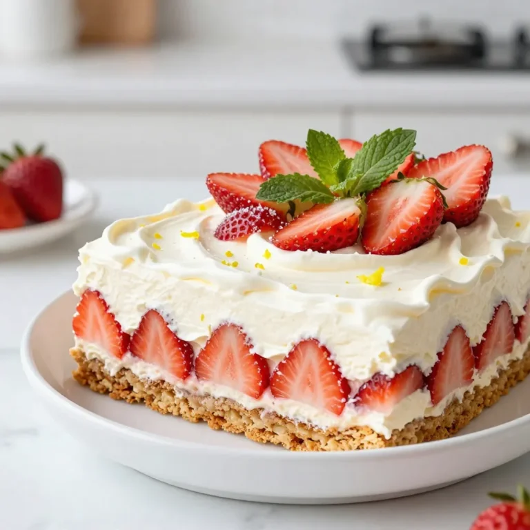 - 2 cups fresh strawberries, hulled and sliced - 1/4 cup granulated sugar - 1 teaspoon vanilla extract - 1 cup heavy cream - 1 package (14 ounces) of graham crackers To create a delicious Strawberry Shortcake Icebox Cake, you need just a few key ingredients. The star of this dessert is fresh strawberries. Their sweet and juicy flavor makes the cake shine. The heavy cream adds richness, while the graham crackers give it a nice texture. - 1/4 cup powdered sugar - 1 teaspoon lemon zest - Fresh mint leaves for garnish For a little extra sweetness, I recommend adding powdered sugar to the cream. A hint of lemon zest brightens the flavor, making it even more refreshing. Garnishing with fresh mint leaves adds a pop of color and extra aroma. - Caloric Breakdown - Common Allergens This cake is light and satisfying. Each serving has about 250 calories, but this can vary based on your ingredients. The main allergens include dairy and gluten, so be careful if you have sensitivities. Enjoy this delightful treat with friends and family! {{ingredient_image_1}} Mixing Strawberries with Sugar Start by washing and hulling 2 cups of fresh strawberries. Slice them into thin pieces. In a mixing bowl, combine the sliced strawberries with 1/4 cup of granulated sugar. Stir the berries gently until the sugar is evenly distributed. Letting Strawberries Release Juices Let the strawberries sit for about 15 minutes. This time allows them to release their natural juices. The sugar draws out moisture, making a sweet syrup that enhances the flavor of the cake. Ingredients for Whipped Cream For the whipped cream, you will need 1 cup of heavy cream, 1/4 cup of powdered sugar, 1 teaspoon of vanilla extract, and 1 teaspoon of lemon zest. Achieving Stiff Peaks In a separate bowl, pour in the heavy cream. Add the powdered sugar and vanilla extract. Use a hand mixer or whisk to whip the cream until you see stiff peaks. This usually takes about 3 to 5 minutes. Gently fold in the lemon zest for a fresh touch. Layering Process Explained In a large serving dish or rectangular cake pan, start by spreading a thin layer of whipped cream on the bottom. Next, place a single layer of graham crackers on top. Make sure the crackers cover the whipped cream completely. Final Assembly Tips Spoon a portion of the sugared strawberries over the graham crackers. Spread them out evenly. Add another layer of whipped cream on top of the strawberries, smoothing it out nicely. Repeat this layering process until all ingredients are used. Finish with a final layer of whipped cream on top. Cover the dish with plastic wrap and refrigerate for at least 4 hours or overnight. This allows the graham crackers to soften and the flavors to blend beautifully. Before serving, garnish with extra strawberries and fresh mint leaves for a lovely touch. - Common Mistakes to Avoid One big mistake is over-whipping the cream. If you whip too long, it turns grainy. Aim for stiff peaks but stop before it becomes butter. Also, use cold tools. A cold bowl and beaters help keep the cream thick. - Consistency Tips For a smooth texture, add in lemon zest after you whip the cream. It adds flavor and brightness. If you want a sweeter touch, use more powdered sugar, but don’t overdo it. Balance is key. - Ideal Ratios of Ingredients Use equal layers of graham crackers, strawberries, and whipped cream. This gives a nice balance. Each layer should be thin. Too much of one can make the cake soggy or messy. - Visual Presentation Suggestions Make each layer even for a pretty look. When you serve, slice into squares for a neat presentation. Drizzle leftover strawberry juices on the plate for color and taste. - Optimal Chilling Time Chill the cake for at least four hours. I find that overnight works best. This gives the graham crackers time to soften and the flavors to mix well. - How to Know When It’s Ready Check for a firm texture. If it holds its shape when you slice, it's ready. You want it cool and creamy, not runny. Enjoy that perfect bite! Pro Tips Fresh Strawberries: Use ripe, fresh strawberries for the best flavor. Look for berries that are bright red and firm to the touch. Chill Your Dish: For a better texture, refrigerate the cake overnight. This allows the graham crackers to soften and the flavors to meld beautifully. Layering Technique: Be generous with the layers of strawberries and whipped cream. This ensures every bite is packed with flavor and creaminess. Garnishing: Before serving, add extra strawberries and fresh mint leaves on top for a vibrant presentation and a hint of freshness. {{image_2}} You can change up the flavor of your icebox cake easily. Instead of just strawberries, try adding a mix of berries. Blueberries, raspberries, or blackberries add nice color and taste. You can also use fruit purees to spread between layers. These give a burst of flavor and sweetness. Using different cakes can also change the whole dish. Instead of graham crackers, try vanilla wafers or even pound cake. These options can give a twist to the texture and flavor. Experimenting with these flavors can make your cake unique each time. If you need dairy-free options, use coconut cream instead of heavy cream. It whips up nicely and adds a subtle coconut flavor. Use dairy-free whipped topping for a quick solution. For sugar, you can substitute with agave or honey for a natural sweetener. For gluten-free alternatives, look for gluten-free graham crackers. They work just as well and taste great. You can also make your own gluten-free cake layers with almond flour or oat flour. These swaps help everyone enjoy this dessert. You can serve your icebox cake with other desserts. A scoop of vanilla ice cream or a dollop of whipped cream pairs perfectly. You can also sprinkle some toasted nuts on top for a nice crunch. When it comes to drinks, I recommend a chilled glass of lemonade. It’s refreshing and cuts the sweetness of the cake. A light sparkling wine can also enhance the dessert experience. These pairings make your meal feel special and complete. - To store leftovers, cover the icebox cake with plastic wrap. - You can also use an airtight container. - Keep it in the fridge for up to three days. - You can freeze the cake for up to one month. - To freeze, wrap the whole cake tightly in plastic wrap. - Place it in a freezer-safe container for extra protection. - When you're ready to eat, remove it from the freezer. - Thaw it in the fridge overnight for the best taste. - Look for any changes in smell or texture. - If it smells sour or looks watery, toss it. - Always check for mold or unusual colors. - To keep leftovers safe, eat them within three days. You can keep this cake in the fridge for up to five days. It tastes best when fresh. To store it, cover it tightly with plastic wrap. This will keep it moist and flavorful. If you see any water pooling on top, just drain it before serving. Yes, making this cake a day ahead is a great idea! It lets the flavors mix well. For early assembly, follow all steps and chill it overnight. This will help the graham crackers to soften nicely. Just remember to cover it well so it stays fresh. If you don’t have graham crackers, you can use vanilla wafers or digestive biscuits. Both options work great and add a nice flavor. Just crush them slightly if needed to fit your layers. You can even use sponge cake for a different twist! You now have all the tools to make a delicious Strawberry Shortcake Icebox Cake. Use fresh strawberries, whipped cream, and graham crackers for a classic treat. Consider optional flavors and toppings like mint or lemon zest to add your twist. Remember to store it right for the best taste. With the tips and variations shared, you'll impress everyone. Get ready to enjoy a delightful dessert that everyone will love!