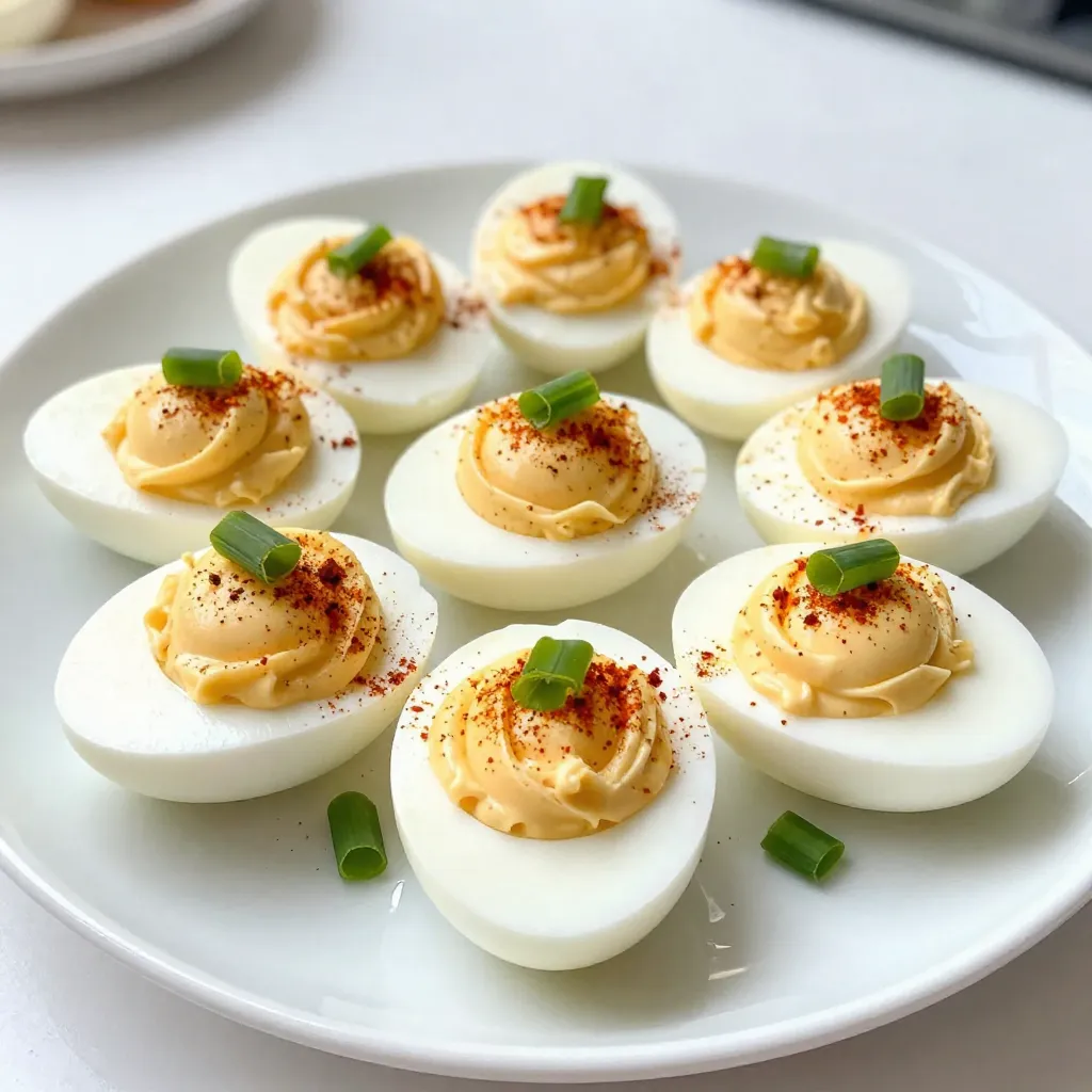 - 6 large eggs - 3 tablespoons mayonnaise - 1 teaspoon Dijon mustard - 1 teaspoon apple cider vinegar - 1/4 teaspoon smoked paprika - Salt and pepper to taste - 2 green onions, finely chopped (for garnish) - 1 teaspoon capers, rinsed and minced (for an extra kick) For classic deviled eggs, start with fresh large eggs. They form the base of this dish. You will need three tablespoons of mayonnaise to create a rich and creamy filling. Dijon mustard adds a nice tangy flavor, so use one teaspoon. Apple cider vinegar brings brightness, so don't skip it. Smoked paprika gives your eggs a nice smoky taste. Use a quarter teaspoon for a subtle kick. Salt and pepper balance the flavors, so add them to your liking. For garnishes, chop two green onions finely. They add a fresh crunch. If you want more flavor, mince one teaspoon of rinsed capers. They add a zesty surprise to your deviled eggs. These simple ingredients come together to create a classic appetizer that everyone loves. {{ingredient_image_1}} Boiling the Eggs Start by placing six large eggs in a saucepan. Cover the eggs with water, ensuring they are fully submerged. Set your heat to medium and bring the water to a boil. When the water boils, cover the pan and remove it from the heat. Let the eggs sit for 12 minutes. This method cooks the eggs gently, making them easier to peel. Cooling and Peeling After 12 minutes, carefully transfer the eggs to an ice bath. This cools them down and stops the cooking process. Leave the eggs in the ice bath for at least five minutes. Next, peel the eggs under cool running water. This helps remove the shell more easily and keeps the whites intact. Combining Ingredients Slice each egg in half lengthwise. Gently scoop out the yolks and place them in a mixing bowl. Add three tablespoons of mayonnaise, one teaspoon of Dijon mustard, one teaspoon of apple cider vinegar, and 1/4 teaspoon of smoked paprika to the yolks. Season with salt and pepper to taste. Mash everything together until the mixture is smooth and creamy. Folding in Optional Ingredients For a fun twist, fold in one teaspoon of rinsed and minced capers. This adds a zesty kick to your filling. Make sure the capers are well mixed, but don’t overdo it. You want to keep that creamy texture. Filling Egg Whites Now, it’s time to fill the egg white halves. You can use a spoon or a piping bag for a neat look. Make sure to fill each egg white generously with the yolk mixture. Garnishing To finish, garnish the deviled eggs with finely chopped green onions. A sprinkle of smoked paprika on top adds a nice pop of color. These simple touches make your deviled eggs look as great as they taste! To avoid overcooking, start by placing eggs in a saucepan. Cover them with cold water. Use enough water to cover the eggs by an inch. Heat the water on medium until it boils. Once it bubbles, cover the pan and take it off the heat. Let the eggs sit for exactly 12 minutes. This method ensures they stay tender and bright yellow inside. For a creamy texture, mash the yolks well in a bowl. Add the mayonnaise, Dijon mustard, apple cider vinegar, and spices. Use a fork to mix everything smoothly. The goal is to blend until there are no lumps. This step is important for that perfect, creamy bite. If you like a touch of tang, add more vinegar or mustard. To boost flavor, consider adding capers to the yolk mix. Rinse and mince them well before mixing. Capers bring a briny zing that elevates the dish. You can also try different spices like garlic powder or cayenne pepper for heat. Just be careful with extra ingredients. Too many can drown out the classic taste. Pro Tips Perfect Hard-Boiled Eggs: To achieve perfectly cooked eggs, use the “steam method” by placing a steaming basket in a pot of boiling water. This ensures even cooking without the risk of overcooking. Chill Before Peeling: After cooking, immediately placing eggs in an ice bath not only cools them down but also helps in loosening the shell, making peeling much easier. Customize Your Filling: Experiment with different additions like sriracha for heat or pickle relish for sweetness to give your deviled eggs a unique twist that suits your taste. Presentation Matters: Use a piping bag to fill the egg whites with the yolk mixture for a more elegant presentation. You can also sprinkle additional toppings like bacon bits or microgreens for added flair. {{image_2}} Classic deviled eggs focus on simple flavors. They use eggs, mayonnaise, mustard, and spices. The taste is creamy and tangy. You can add smoked paprika for a nice kick. Modern recipes mix in fun ingredients. You might find bacon bits, avocado, or even sriracha. These flavors add a new twist that many love. Try mixing things up to find your favorite. You can easily make deviled eggs fit many diets. For a vegan option, swap the eggs with chickpeas. Mash the chickpeas and mix with vegan mayo. Add mustard and spices for flavor. For low-carb fans, skip the yolks and use avocado. This keeps the creamy texture while cutting carbs. These tasty changes let everyone enjoy this dish. Deviled eggs pair well with many dishes. Serve them at parties with chips and dip. They also go great with a fresh salad. If you have a picnic, bring them along. They are easy to transport and always a hit. For brunch, serve them alongside quiche or muffins. Mixing and matching makes your meal special. To keep your deviled eggs fresh, store them in the fridge. Use an airtight container. This helps prevent the eggs from absorbing other odors. Place a damp paper towel over the eggs to maintain moisture. If you have leftovers, try to eat them within a few days. Deviled eggs stay fresh for about 2 to 3 days in the fridge. After that, they may lose flavor and texture. Always check for any off smells or a change in color before eating. If they look or smell weird, toss them out. Safety first! You should not freeze deviled eggs. Freezing changes the texture of eggs and filling. When you thaw them, they may become watery and rubbery. Instead, make them fresh for the best taste and texture. Enjoy them right after you prepare them for the best experience! You can skip mustard in deviled eggs by using alternatives. Some great options include: - Horseradish: Adds a spicy kick. - Hot sauce: For a bold flavor. - Relish: Gives a sweet and tangy taste. Using these can change up the flavor while still keeping it tasty. Yes, Greek yogurt is a good swap for mayonnaise. It adds creaminess with less fat. It also gives a nice tang. Here’s how you can use it: - Replace all or part of the mayo with Greek yogurt. - Mix in a bit of lemon juice for extra flavor. This can make your deviled eggs lighter and healthier. Garnishing your deviled eggs can make them pop. Here are some fun ideas: - Chopped herbs: Use fresh chives or dill for color. - Bacon bits: Add crunch and a savory touch. - Cherry tomatoes: Place halves on top for a fresh look. These garnishes can enhance both the taste and the look of your dish. Deviled eggs are simple and fun to make. We explored ingredients, steps, and tips to create the best deviled eggs. You learned how to boil eggs, make tasty fillings, and add unique twists. Remember, you can adjust recipes to fit your diet. Store them correctly to keep them fresh and safe. With these insights, you can impress your friends and family with delicious deviled eggs. Enjoy experimenting with flavors and garnishes to make your own perfect version!