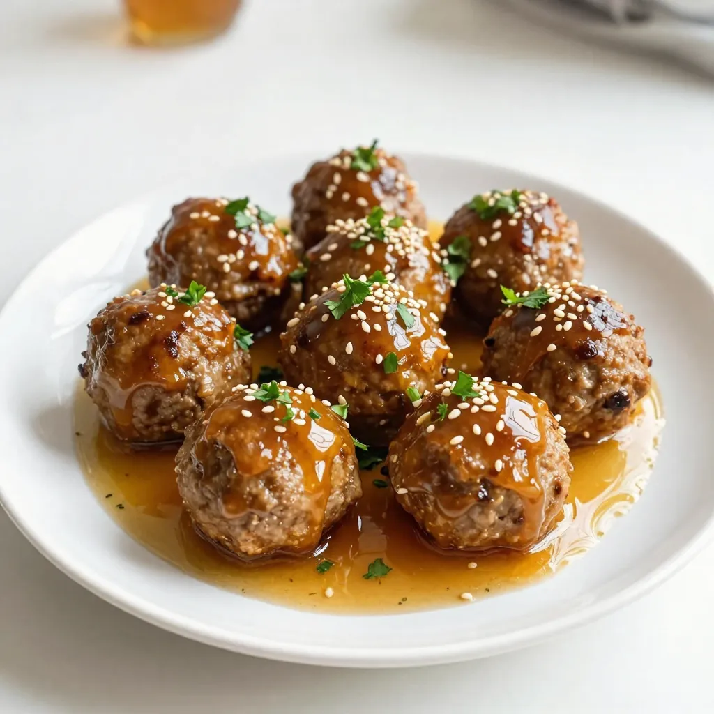 To make these honey garlic meatballs, gather the following items: - 1 lb (450g) ground beef or chicken - 1/2 cup breadcrumbs - 1/4 cup grated Parmesan cheese - 1/4 cup fresh parsley, chopped - 1 clove garlic, minced - 1 egg - Salt and pepper to taste - 1/2 cup honey - 1/4 cup soy sauce (or tamari for gluten-free) - 1 tablespoon rice vinegar - 1 teaspoon sesame oil - 1 teaspoon crushed red pepper flakes (optional) These main ingredients create a delicious flavor base. You can add some fun extras to change up the taste: - Chopped green onions for garnish - Sesame seeds for topping - Additional herbs like thyme or basil - A splash of lime juice for zest These options let you customize your meatballs to your liking. If you have dietary needs, here are some easy swaps: - Use ground turkey or pork instead of beef or chicken. - Replace breadcrumbs with crushed gluten-free crackers. - For a vegan option, try using lentils or chickpeas. - Use coconut aminos instead of soy sauce to avoid soy. These substitutions ensure everyone can enjoy this dish. {{ingredient_image_1}} First, preheat your oven to 400°F (200°C). This step is key for cooking the meatballs evenly. Line a baking sheet with parchment paper. This helps prevent sticking and makes cleanup easier. In a large bowl, mix the ground beef or chicken, breadcrumbs, and Parmesan cheese. Add the chopped parsley, minced garlic, egg, salt, and pepper. Use your hands to combine everything well. This helps all the flavors blend. Now, shape the mixture into small balls, about 1 inch wide. Place each meatball on the baking sheet. Bake the meatballs for 15-20 minutes. Watch for them to turn brown and cook through. While they bake, prepare the sauce. In a small saucepan, mix honey, soy sauce, rice vinegar, sesame oil, and optional red pepper flakes. Heat this mixture on medium. Stir it until it simmers. This sauce will add a sweet and savory taste to your meatballs. After baking, take the meatballs out of the oven. Place them in a big bowl and pour the honey garlic sauce over them. Gently toss to coat them well. For a nice finish, put the coated meatballs back on the baking sheet and broil for 2-3 minutes. This step caramelizes the sauce, making them extra tasty. Serve them warm, and feel free to add more parsley for garnish. Enjoy! To make soft and juicy meatballs, choose the right meat. I like using ground beef or chicken. Ground beef gives a rich flavor, while chicken keeps it lighter. Always add breadcrumbs to help bind the meat. The egg also helps keep them moist. If you want a bit of crunch, use panko breadcrumbs instead. Don't overmix the meat. Gently combine the ingredients to keep the meatballs tender. Add-ins can boost the flavor of your meatballs. Try mixing in some grated cheese, like Parmesan, for a savory taste. Fresh herbs like parsley or basil add brightness. If you want a kick, add crushed red pepper flakes. You can also include finely chopped onions or bell peppers for extra texture and sweetness. These little tweaks make a big difference in taste. You can cook your meatballs in different ways. Baking them in the oven is easy and requires less oil. Preheat your oven to 400°F (200°C) for a nice caramelized finish. If you prefer the skillet, heat some oil over medium heat. Cook the meatballs until they are browned on all sides. Both methods work well, so choose the one that suits you best! Pro Tips Use Fresh Ingredients: Fresh parsley and minced garlic enhance the flavor of the meatballs significantly. Always opt for fresh over dried when possible. Adjust the Heat: If you prefer a milder dish, omit the crushed red pepper flakes. For extra heat, increase the amount according to your taste. Meatball Size Matters: Try to keep meatballs uniform in size for even cooking. A 1-inch diameter is ideal for perfect bite-sized pieces. Serve with Style: For an impressive presentation, drizzle with extra honey garlic sauce and sprinkle sesame seeds and sliced green onions before serving. {{image_2}} You can easily make honey garlic meatballs gluten-free. Use tamari instead of soy sauce. Choose gluten-free breadcrumbs. These simple swaps keep the meatballs tasty without gluten. While I love using ground beef or chicken, you can try other meats. Ground turkey works well and stays juicy. For a lighter option, use ground pork. Each protein adds its own flavor. Get creative with flavors from around the world! Add ginger and scallions for an Asian twist. Or mix in cumin and coriander for a Middle Eastern vibe. You can even try adding fresh herbs like cilantro for a bright touch. Each variation gives a unique taste to your meatballs. After you make the honey garlic meatballs, you can store them in the fridge. Place them in an airtight container. They will stay fresh for about three days. If you want to keep the meatballs and sauce separate, do that. This helps them stay tasty longer. When ready to eat, just heat them up. You can freeze the meatballs too. First, let them cool completely. Then, place them on a baking sheet in a single layer. Freeze them for about one hour. Once frozen, transfer them to a freezer bag. They will last up to three months. This method keeps them fresh and ready for later. To reheat meatballs, you have a few good options. You can use the oven, microwave, or stovetop. For the oven, preheat to 350°F (175°C). Place the meatballs on a baking tray and heat for about 10-15 minutes. If using a microwave, heat them in short bursts. Stir in between to ensure even heating. On the stovetop, add them to a pan with a little sauce. Heat gently until warm. Enjoy your tasty meatballs anytime! You can serve honey garlic meatballs in many ways. They taste great on their own. You can also serve them over rice or noodles for a full meal. They make a perfect appetizer too. Pair them with a fresh salad to add some crunch. Add some steamed veggies for color and nutrition. You can also use them in sliders for a fun twist! Yes, you can make these meatballs ahead of time. Prepare the meatballs and bake them. Let them cool, then store them in the fridge. You can keep them for up to three days. When ready to eat, just reheat them and add the sauce. If you want, freeze them before baking. They will last for about three months in the freezer. Just thaw and bake them when you want to enjoy! To make the sauce spicier, add more crushed red pepper flakes. Start with a small amount, then taste it. You can also add hot sauce to the mix. Sriracha or chili garlic sauce works great. If you want a kick, try adding fresh minced chili peppers. Adjust the spice level to fit your taste. Enjoy your spicy honey garlic meatballs! To sum up, this blog post covers all you need for perfect honey garlic meatballs. You learned about the main and optional ingredients, as well as substitutions. Step-by-step instructions guide you through preparation, mixing, baking, and finishing touches. Tips help you master texture and flavor. Variations show how to cater to different diets and tastes. Finally, you have storage and reheating info for your meals. Enjoy making these tasty meatballs on your own!