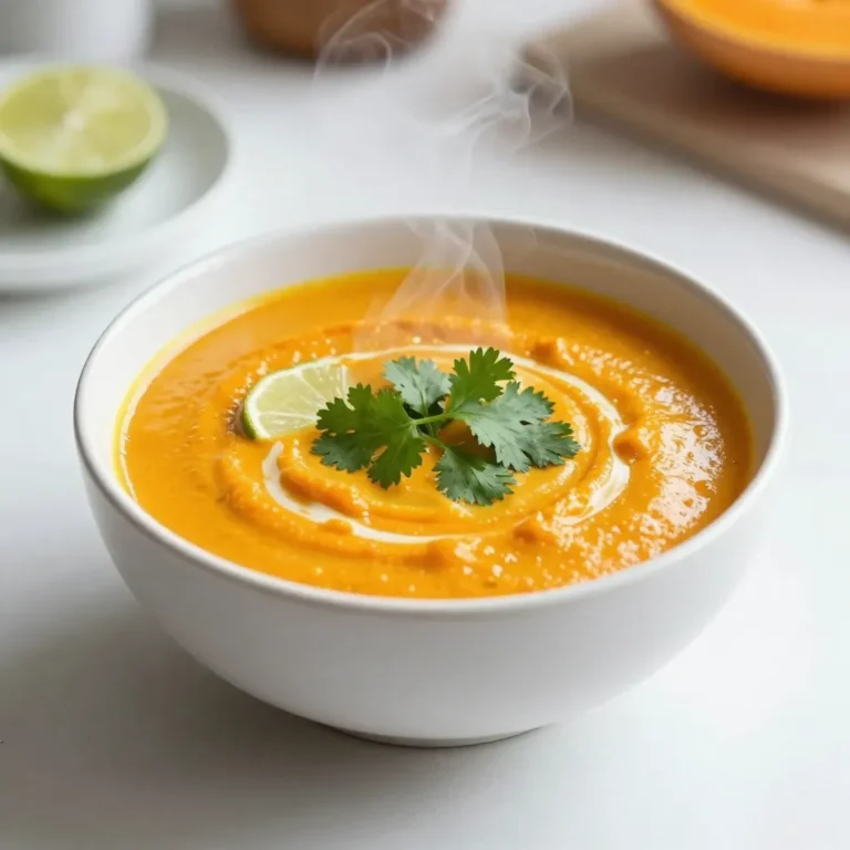 To make Coconut Curry Butternut Soup, you need: - 1 medium butternut squash, peeled and diced - 1 can (400 ml) coconut milk - 1 onion, chopped - 2 cloves garlic, minced - 1 tablespoon fresh ginger, minced - 2 tablespoons red curry paste - 4 cups vegetable broth - 1 teaspoon turmeric - 1 teaspoon cumin - Salt and pepper to taste - 2 tablespoons olive oil - Fresh cilantro and lime wedges for garnish These ingredients create a rich and creamy soup. The butternut squash gives it a sweet flavor. The coconut milk adds creaminess, while the spices bring warmth. If you don’t have something on hand, here are some swaps: - Butternut Squash: You can use sweet potatoes or pumpkin instead. - Coconut Milk: Almond or soy milk can work, but they won't be as creamy. - Red Curry Paste: Try yellow curry paste or even a mix of spices instead. - Vegetable Broth: Chicken broth will also work for added flavor. These swaps make this soup flexible. You can still enjoy a delicious meal. Each serving of Coconut Curry Butternut Soup offers: - Calories: 250 - Protein: 4g - Carbohydrates: 30g - Dietary Fiber: 6g - Fat: 14g This soup is not just tasty; it’s also nourishing. It’s high in vitamins and minerals, thanks to the squash and spices. Enjoy a bowl for a warm meal that fuels your body. {{ingredient_image_1}} First, grab a large pot and heat the olive oil over medium heat. Once the oil is hot, add the chopped onion. Sauté it for about 3 to 4 minutes. You want the onion to soften and turn translucent. Next, stir in the minced garlic and ginger. Cook this mix for an extra 1 to 2 minutes to let those flavors shine. Now it’s time to add the red curry paste, turmeric, and cumin. Stir well to coat the onions evenly and sauté for another minute. The aroma will be amazing! After that, toss in the diced butternut squash along with the vegetable broth. Bring everything to a boil, then lower the heat to a simmer. Cover the pot and let it cook for about 20 to 25 minutes. You want the squash to become tender. When the squash is ready, remove the pot from the heat. Pour in the coconut milk and stir. Now, you can use an immersion blender or a standard blender to puree the soup until it is smooth. If using a standard blender, be careful. Blend in small batches to avoid spills. Once blended, return the soup to low heat. Add salt and pepper to taste, letting it warm through for a few minutes. Serve it hot, garnished with fresh cilantro and a lime wedge for that burst of flavor. Using an immersion blender is easy and quick. You can blend right in the pot. This saves time on clean-up. Just make sure to keep the blender submerged to avoid splashes. If you prefer a standard blender, remember to fill it only halfway. Hot liquids can expand and cause spills. Blend small batches and wait for the soup to cool if it’s too hot. The cooking time for the butternut squash is about 20 to 25 minutes on a low simmer. If your squash is larger, you might need to cook it a bit longer. Just check for tenderness with a fork. When blending, you will keep the soup on low heat after adding the coconut milk. This helps the flavors meld together without overcooking. If you want a thicker soup, simmer it for a few more minutes after blending. If it’s too thick, add a little more vegetable broth to reach your desired consistency. When picking a butternut squash, look for one that feels heavy for its size. The skin should be a tan color, not too shiny. Avoid any squash with soft spots or blemishes. A good squash should have a firm skin, and the stem should be dry. This means it was picked at the right time and will taste great in your soup. Coconut curry butternut soup is rich and creamy. You can boost its flavor with a few simple additions. Try adding lime juice for a zesty touch. A pinch of cayenne can add heat, while a dash of soy sauce brings depth. Fresh herbs like cilantro brighten the dish. You can also sprinkle some toasted nuts on top for crunch. This soup is easy to prepare ahead of time. You can cook it and store it in the fridge for up to three days. To make it even quicker, chop the squash and prepare the onion and garlic ahead of time. You can also freeze the soup in portions. Just thaw it in the fridge overnight and reheat it on the stove when you're ready to eat. Pro Tips Choose the Right Squash: Opt for a firm and heavy butternut squash with smooth skin for the best flavor and texture. Balance the Flavors: Adjust the lime juice and salt after blending for a well-rounded taste. A touch of sweetness can also enhance the flavors. Garnish Creatively: Add toasted coconut flakes or a drizzle of chili oil for an extra layer of flavor and visual appeal. Store Properly: This soup can be stored in an airtight container in the fridge for up to 5 days, or frozen for up to 3 months for future meals. {{image_2}} You can make this soup vegan and gluten-free with easy swaps. The recipe is already vegan since it uses coconut milk. Just check the red curry paste. Some brands add fish sauce. Look for a pure, plant-based version. Use vegetable broth instead of chicken broth to keep it gluten-free. This way, everyone can enjoy this cozy dish. Garnishes can change the soup's look and taste. Try adding chopped green onions for a fresh crunch. A sprinkle of toasted sesame seeds adds a nice nutty flavor. You can also add a swirl of coconut cream for more richness. If you want a spicy kick, add sliced jalapeños on top. For extra texture, toss in some roasted chickpeas. This soup pairs well with many sides. A warm, crusty bread makes a great match. You can dip the bread into the soup and soak up all the flavors. A light salad is another good choice. Look for a salad with fresh greens and citrus. The bright flavors balance the rich soup. Serve it warm, and enjoy a perfect meal! After enjoying your Coconut Curry Butternut Soup, store leftovers in an airtight container. Let the soup cool first. This helps keep it fresh longer. Place the container in the fridge. It should last about 3 to 5 days. Make sure to label it with the date. This way, you know when to use it. Want to save some for later? You can freeze Coconut Curry Butternut Soup. Use freezer-safe containers or bags. Leave some space at the top for expansion. It’s best to freeze it within 2 days of cooking. This keeps the flavors bright and fresh. When ready to eat, thaw it overnight in the fridge. To reheat, use a pot on the stove for the best flavor. Heat it over low to medium heat. Stir well to prevent sticking. If it's too thick, add a splash of vegetable broth or coconut milk. You can also use a microwave. Just do it in short bursts, stirring in between. This helps warm it evenly without cooking it more. Enjoy your soup just as delicious as the first time! You can use yellow curry paste or green curry paste. Both have great flavors. If you want a milder taste, try using a mix of spices. Combine turmeric, cumin, and a bit of chili powder. This mix can give your soup a nice kick. Yes, you can use acorn squash or pumpkin. Both will work well in this soup. They add a sweet flavor and creamy texture. Just make sure to peel and dice them like butternut squash. Adjust cooking time if needed, as some squash may take longer to soften. The soup will last for about 4 to 5 days in the fridge. Store it in an airtight container. Make sure to let it cool before sealing. This way, it stays fresh and tasty for your next meal! You learned the full recipe for Coconut Curry Butternut Soup, including ingredient choices and cooking steps. I shared tips for storage, variations, and substitutions. Each detail aims to help you make a delicious soup easily. Remember, this dish is flexible. Tailor it to your taste and needs. Enjoy your cooking journey and the warm flavors in each bowl!