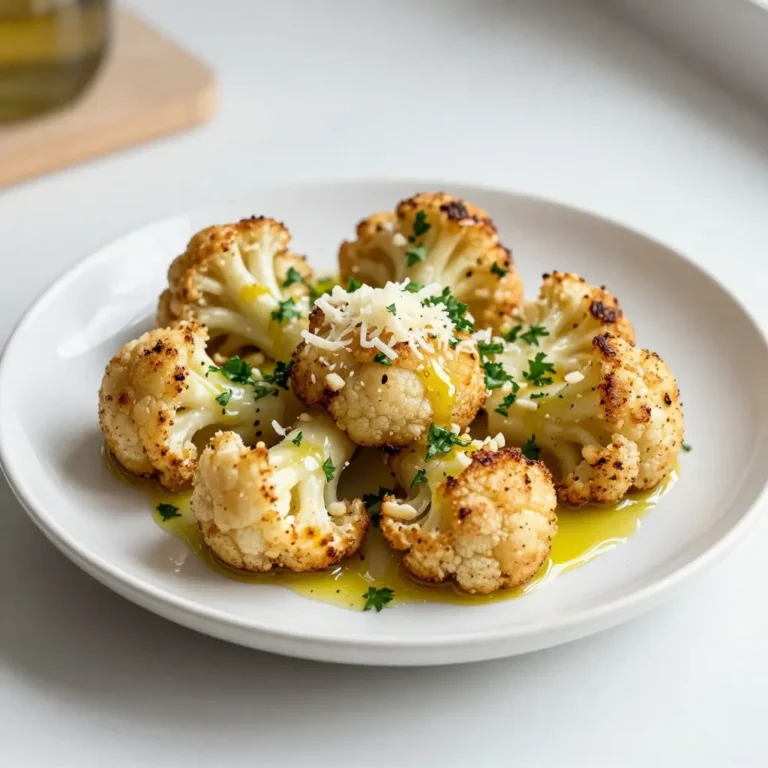 To make Garlic Parmesan Roasted Cauliflower, gather these items: - 1 large head of cauliflower, cut into florets - 4 tablespoons olive oil - 4 cloves garlic, minced - 1 teaspoon paprika - ½ teaspoon salt - ½ teaspoon black pepper - ½ cup grated Parmesan cheese - 2 tablespoons fresh parsley, chopped for garnish - 1 tablespoon lemon juice Each serving of Garlic Parmesan Roasted Cauliflower offers a tasty mix of nutrients. Here’s a quick look: - Calories: About 150 - Protein: 5 grams - Carbohydrates: 10 grams - Fat: 12 grams - Fiber: 3 grams This dish also provides vitamins C and K from cauliflower, plus calcium from Parmesan. You can swap out some ingredients if needed. Here are some ideas: - Use avocado oil instead of olive oil for a different flavor. - Swap Parmesan cheese for nutritional yeast for a dairy-free option. - Try garlic powder if you don't have fresh garlic. - For a spicy kick, add red pepper flakes instead of paprika. These changes keep the dish delicious while catering to different tastes and diets. {{ingredient_image_1}} 1. First, preheat your oven to 425°F (220°C). This helps the cauliflower roast evenly. 2. Next, grab a large mixing bowl. Add the cauliflower florets to the bowl. 3. Pour in 4 tablespoons of olive oil. This oil adds flavor and helps with roasting. 4. Now, add 4 cloves of minced garlic. Garlic gives this dish its rich taste. 5. Sprinkle in 1 teaspoon of paprika, ½ teaspoon of salt, and ½ teaspoon of black pepper. These spices enhance the flavor. 6. Toss everything well until the cauliflower is fully coated. Make sure each floret gets some love. 1. Spread the cauliflower mixture onto a baking sheet in a single layer. This helps them roast better. 2. Place the baking sheet in the oven. Roast the cauliflower for about 25-30 minutes. 3. Halfway through roasting, stir the cauliflower. This ensures even cooking and browning. 4. In the last 5 minutes, sprinkle ½ cup of grated Parmesan cheese over the florets. This cheese will melt and create a crispy layer. 1. When the cauliflower is golden brown, take it out of the oven. 2. Drizzle 1 tablespoon of lemon juice over the hot cauliflower. This adds a fresh kick. 3. Finally, sprinkle 2 tablespoons of chopped fresh parsley on top. The parsley adds color and freshness. 4. Serve this dish hot. It works great as a tasty side or a fun appetizer. When choosing cauliflower, look for a large, firm head. The florets should be tightly packed and bright white. Avoid yellow spots or brown patches, as they mean the cauliflower is old. Fresh cauliflower has a clean smell. If it smells strong or sour, skip it. Roasting cauliflower is simple but needs care. Cut the florets into similar sizes for even cooking. Use a large bowl to coat them evenly with olive oil and seasonings. Spread the florets in a single layer on the baking sheet. This helps them brown nicely. Stir halfway through to ensure all sides get roasted. While garlic and Parmesan shine here, you can add more flavors. Try adding a pinch of red pepper flakes for heat. A sprinkle of Italian herbs like oregano or thyme can boost the flavor. You can even use lemon zest for a fresh kick before serving. Experiment with what you love! Pro Tips Use Fresh Garlic: Freshly minced garlic provides a more robust flavor than pre-minced varieties. Always opt for fresh for the best taste! Check for Doneness: Cauliflower should be golden brown and fork-tender when done. Keep an eye on it during roasting to prevent overcooking. Experiment with Cheese: While Parmesan is delicious, try mixing in other cheeses like Pecorino Romano or a sprinkle of feta for a different flavor profile. Garnish for Extra Flavor: Fresh herbs like basil or thyme can elevate the dish. Don’t hesitate to sprinkle some on top right before serving! {{image_2}} You can make this dish vegan by swapping the Parmesan cheese. Use nutritional yeast instead. It gives a nice cheesy flavor without dairy. Just sprinkle it on the cauliflower right before roasting. This keeps the taste rich and satisfying. Love a kick? Add heat to your cauliflower! Mix in some crushed red pepper flakes with the garlic and spices. Start with half a teaspoon, then taste. You can always add more if you want more heat. This variation brings a bold flavor that spices up your meal. For a fresh twist, add herbs like thyme, rosemary, or oregano. Chop a tablespoon of your favorite herb and toss it in with the oil and spices. This gives the dish a lovely aroma and adds depth to each bite. You can even mix and match herbs for a unique flavor blend! To keep your Garlic Parmesan Roasted Cauliflower fresh, place leftovers in an airtight container. Store it in the fridge. It will stay good for about 3 to 5 days. Make sure to cool it down before sealing the container. This way, it won’t get soggy. Reheat your leftovers in the oven for the best taste. Preheat the oven to 350°F (175°C). Spread the cauliflower on a baking sheet. Heat for about 10 to 15 minutes until warm. You can also use a microwave if you're short on time. Just heat in short bursts to avoid mushiness. If you want to freeze your Garlic Parmesan Roasted Cauliflower, let it cool first. Place it in a freezer-safe bag or container. Make sure to remove as much air as possible. It can last up to 3 months in the freezer. When you're ready to eat, thaw it in the fridge overnight before reheating. Yes, you can prepare Garlic Parmesan Roasted Cauliflower ahead of time. You can cut the cauliflower and mix it with olive oil, garlic, and spices. Just store it in the fridge. When you are ready to bake, take it out and roast it. This saves time and keeps it fresh for your meal. Garlic Parmesan Roasted Cauliflower works well with many dishes. You can serve it with grilled chicken or fish for a full meal. It also pairs nicely with pasta or quinoa. You can even enjoy it as a tasty snack with dips like hummus or ranch dressing. Yes, you can use frozen cauliflower. Just thaw it first and drain any extra water. Keep in mind that frozen cauliflower might be softer than fresh. It’s best to roast it for a little less time. Check for doneness to make sure it’s tender and tasty. We've explored how to make Garlic Parmesan Roasted Cauliflower from start to finish. You learned about the ingredients, their nutrition, and how to swap them if needed. I shared steps for preparation, roasting, and final touches to enhance flavor. Tips for choosing the best cauliflower and perfect roasting help ensure great results. Finally, I provided variations, storage tips, and answers to common questions. With this guide, you're ready to create a delicious dish that fits your needs and impresses your guests. Enjoy your cooking!