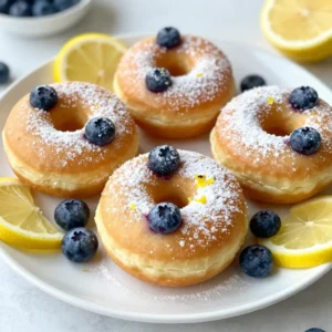 To make these baked lemon blueberry donuts, gather these key items: - 1 cup all-purpose flour - 1/2 cup granulated sugar - 1 teaspoon baking powder - 1/2 teaspoon baking soda - 1/4 teaspoon salt - 1/2 teaspoon ground cinnamon - 1/2 cup Greek yogurt - 1/4 cup milk - 1/4 cup unsalted butter, melted - 1 large egg - Zest of 1 lemon - 1 tablespoon lemon juice - 1 cup fresh blueberries These ingredients come together to create a moist and flavorful donut. The lemon zest and juice add a bright taste. The fresh blueberries bring sweetness and a juicy burst in every bite. For a finishing touch, consider using: - Powdered sugar for dusting Dusting with powdered sugar makes your donuts look even more appealing. It adds a sweet, soft finish that pairs well with the tart lemon. These donuts are a tasty treat, but how do they stack up nutritionally? Here&rsquo;s a quick overview: - Calories per donut: Approximately 150 - Fat: 5 grams - Carbohydrates: 23 grams - Protein: 3 grams These donuts can fit into a balanced diet. Enjoy one as a delightful breakfast or snack, knowing they are made with wholesome ingredients. {{ingredient_image_1}} Start by preheating your oven to 350&deg;F (175&deg;C). This step is key for even baking. Lightly grease your donut pan with cooking spray or melted butter. This helps the donuts release easily after baking. In a large mixing bowl, add 1 cup of all-purpose flour, 1/2 cup of granulated sugar, and 1 teaspoon of baking powder. Next, add 1/2 teaspoon of baking soda, 1/4 teaspoon of salt, and 1/2 teaspoon of ground cinnamon. Whisk everything together until it is well blended. This mix creates a tasty base for your donuts. In another bowl, mix 1/2 cup of Greek yogurt, 1/4 cup of milk, and 1/4 cup of melted butter. Add 1 large egg, the zest of 1 lemon, and 1 tablespoon of lemon juice. Stir until the mixture is smooth. This mix adds moisture and flavor to your donuts. Gently fold the wet ingredients into the dry ingredients. Be careful not to overmix. The batter should remain slightly lumpy. This helps keep the donuts light and fluffy. Now, fold in 1 cup of fresh blueberries. Ensure they are evenly distributed without breaking them. Using a piping bag or a spoon, fill each donut cavity about 3/4 full with the batter. Place the pan in the preheated oven. Bake for 12-15 minutes. The donuts should turn golden, and a toothpick should come out clean when inserted in the center. Once baked, remove the pan from the oven. Let the donuts cool in the pan for about 5 minutes. Then, transfer them to a wire rack to cool completely. If you like, dust them with powdered sugar for a sweet finish before serving. Enjoy your warm, zesty treats! To make great baked lemon blueberry donuts, focus on your batter. Start with fresh ingredients. Use high-quality flour and fresh blueberries. Measure your flour carefully. Too much flour can make them dense. A kitchen scale helps ensure accuracy. Mix the dry ingredients well, so they blend evenly. The zest of the lemon adds a bright flavor. Overmixing can hurt your donuts. It makes them tough and chewy. When you combine the wet and dry ingredients, mix gently. Use a spatula to fold the wet mixture into the dry. Stop mixing when you see some lumps in the batter. This is okay! Those lumps will help keep your donuts soft. Decorating your donuts makes them more fun! After cooling, you can dust them with powdered sugar. This adds sweetness and looks nice. For a pop of color, add fresh blueberries and lemon slices around the donuts on a plate. You can also drizzle a simple lemon glaze on top for extra zing. Pro Tips Use Fresh Blueberries: Fresh blueberries provide the best flavor and texture. If using frozen, ensure they are thawed and drained to avoid excess moisture in the batter. Don't Overmix the Batter: Overmixing can lead to dense donuts. Mix just until combined for a light, airy texture. Check for Doneness: Use a toothpick to check if the donuts are fully baked. If it comes out clean, they&rsquo;re ready! Experiment with Glazes: For added sweetness, consider drizzling a lemon glaze over the donuts after cooling. Simply mix powdered sugar with lemon juice to taste. {{image_2}} You can switch up the berries in this recipe. Try using raspberries, strawberries, or blackberries. Each berry brings a unique flavor. Raspberries add a tart taste, while strawberries offer sweetness. Just keep the amount the same, and fold them in like blueberries. This small change can create a whole new treat! A glaze can take your donuts to the next level. Mix powdered sugar with lemon juice for a sweet finish. Start with one cup of powdered sugar and two tablespoons of lemon juice. Stir until smooth. Drizzle this glaze over the cooled donuts for a zesty kick. It adds a nice shine and extra flavor! You can make these donuts gluten-free easily. Substitute all-purpose flour with a gluten-free blend. Look for a blend that works well in baking. This swap keeps the texture light and fluffy. You won&rsquo;t lose any flavor! Enjoy delicious donuts that everyone can eat. To keep your baked lemon blueberry donuts fresh, place them in an airtight container. This keeps them moist and tasty. You can store them at room temperature for about two days. If you want to keep them longer, the fridge is a good choice. Just be sure to seal them well to avoid drying out. If you want to save some donuts for later, freezing is a great option. First, let the donuts cool completely. Then, wrap each one in plastic wrap. Place them in a freezer-safe bag or container. They can stay in the freezer for up to three months. When you&rsquo;re ready to enjoy them, just take them out and let them thaw at room temperature. Reheating donuts is easy. You can use a microwave or an oven. If using a microwave, heat for about 10-15 seconds. This warms them up without making them dry. For the oven, preheat it to 350&deg;F (175&deg;C) and warm the donuts for about 5-7 minutes. This will make them taste fresh-baked all over again! Yes, you can use frozen blueberries. Just do not thaw them first. Frozen berries can help keep your donuts moist. They may burst a little in the batter, creating a lovely swirl of color. To make the donuts sweeter, add more sugar. Start with an extra tablespoon of granulated sugar. You can also top them with a sweet glaze or powdered sugar after baking. If you need a substitute for Greek yogurt, try sour cream or regular plain yogurt. You can also use applesauce for a dairy-free option. Just keep the texture in mind when making your choice. The donuts stay fresh for about 2-3 days at room temperature. Store them in an airtight container to keep them soft. For longer storage, you can freeze them for up to a month. Baking blueberry donuts is easy and fun. We covered key ingredients, step-by-step instructions, and helpful tips. You can also try variations, like a lemon glaze or gluten-free options. Don&rsquo;t forget to store your donuts properly to keep them fresh. With these recipes and tricks, you&rsquo;ll make delightful treats that everyone will enjoy. Now, grab your ingredients and start baking today!