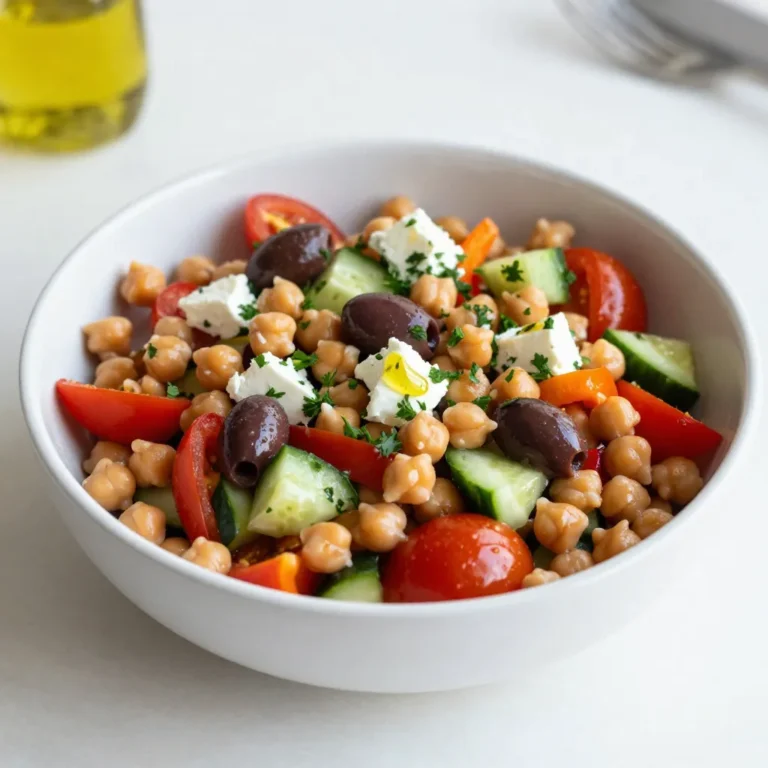 - 1 can (15 oz) chickpeas, drained and rinsed - 1 cup cherry tomatoes, halved - 1 cucumber, diced - 1/2 red onion, finely chopped - 1 cup bell peppers (mixed colors), diced - 1/4 cup Kalamata olives, pitted and sliced - 1/4 cup feta cheese, crumbled (optional) - 1/4 cup fresh parsley, chopped - 3 tablespoons olive oil - 2 tablespoons lemon juice - 1 teaspoon dried oregano - Salt and pepper to taste Feta cheese adds a nice creaminess. If you want a vegan option, skip it. You can also add diced avocado for extra creaminess. For more crunch, add radishes or celery. You could use fresh basil or mint instead of parsley for a different taste. This salad is packed with nutrients. One serving has about 200 calories. It has protein from chickpeas and healthy fats from olive oil. This salad also provides a good amount of fiber. Each serving has about 8 grams of protein and 6 grams of fiber. The colorful veggies add vitamins and minerals. Plus, it’s low in calories and gluten-free, making it a great option for many diets. {{ingredient_image_1}} Start by gathering all your ingredients. You will need: - 1 can (15 oz) chickpeas, drained and rinsed - 1 cup cherry tomatoes, halved - 1 cucumber, diced - 1/2 red onion, finely chopped - 1 cup bell peppers (mixed colors), diced - 1/4 cup Kalamata olives, pitted and sliced - 1/4 cup feta cheese, crumbled (optional) - 1/4 cup fresh parsley, chopped Rinse the chickpeas well. This helps remove extra salt. Chop the tomatoes, cucumber, and bell peppers into small pieces. Finely chop the red onion. Slice the olives. If you use feta cheese, crumble it into small bits. Lastly, chop the parsley to add a fresh touch. In a large salad bowl, add the rinsed chickpeas, tomatoes, cucumber, red onion, bell peppers, olives, and feta cheese. Mix them gently with a spatula. This way, you keep the veggies whole and fresh. Make sure everything is well combined. The colors should look bright and appealing. In a small bowl, whisk together: - 3 tablespoons olive oil - 2 tablespoons lemon juice - 1 teaspoon dried oregano - Salt and pepper to taste Whisk until the oil and lemon juice blend well. This dressing adds a zesty flavor to the salad. Pour the dressing over the chickpea mixture. Toss gently to coat all the ingredients. Lastly, fold in the chopped parsley for a fresh finish. Let the salad sit for 15 minutes. This helps all the flavors come together. Serve chilled or at room temperature. When choosing chickpeas, I recommend using canned ones for ease. Check the label for low sodium options. Look for chickpeas that are firm and whole. Avoid those with dents or leaks. If you prefer dried chickpeas, soak them overnight. This gives them a soft texture. This salad is great on its own. You can also serve it with pita bread. It pairs well with grilled chicken or fish too. I love adding it to a sandwich for lunch. For a fun twist, serve it in lettuce cups. To boost the flavor, try adding fresh herbs. Basil or mint works well with this salad. A sprinkle of red pepper flakes adds a nice kick. You can also change the dressing by adding garlic or Dijon mustard. Drizzle a bit of balsamic vinegar for a sweet touch. Pro Tips Chickpea Choice: Use dried chickpeas that have been soaked and cooked for better texture and flavor, rather than canned ones. Fresh Herbs: Experiment with other fresh herbs like basil or mint for a different flavor profile. Chill Time: Allow the salad to chill in the fridge for at least an hour before serving for maximum flavor infusion. Serving Suggestions: Pair this salad with grilled meats or serve it as a filling in pita bread for a delicious lunch. {{image_2}} To make a vegan version of the Mediterranean Chickpea Salad, simply skip the feta cheese. This salad shines with its fresh flavors, and the chickpeas provide enough protein. You can also add avocado for creaminess. It pairs well with the other ingredients, making it a filling dish. Feel free to mix in other veggies you love. Artichokes, spinach, or even corn can add new flavors. If you want more crunch, try adding nuts like almonds or walnuts. Instead of Kalamata olives, you can use green olives for a different taste. You can also replace lemon juice with vinegar if you prefer. In summer, add fresh herbs like basil or mint for a refreshing twist. In fall, consider roasted vegetables like sweet potatoes or butternut squash. These changes make the salad fit the season while keeping it healthy and tasty. Each season brings new flavors, so use what you have on hand. Store any leftover Mediterranean chickpea salad in an airtight container. Make sure it is sealed well to keep it fresh. Place the container in the fridge. The salad can last for up to three days this way. If the salad has feta, it may soften over time but will still taste great. You can prepare this salad ahead of time for busy days. Mix all the veggies and chickpeas in a bowl. Keep the dressing separate until you are ready to eat. This keeps the salad crisp and fresh. You can also portion out servings in small containers. This makes it easy to grab and go. The shelf life of this salad is about three days in the fridge. It tastes best cold, so there's no need to reheat it. If you prefer it warm, you can warm up the chickpeas separately. Just be careful not to overheat the salad, as it may become soggy. Enjoy the fresh flavors straight from the fridge! Yes, you can use canned chickpeas. They save time and are ready to use. Just drain and rinse them before adding to the salad. This step removes extra salt and makes them taste fresh. If you do not have feta cheese, try using goat cheese or a vegan cheese. Both add a creamy texture. You can also skip the cheese for a lighter option. The salad can last up to three days in the fridge. Just store it in an airtight container. The flavors will get better as it sits. Yes, this Mediterranean Chickpea Salad is gluten-free. All the ingredients are naturally gluten-free, making it a safe choice for those with gluten allergies. Enjoy it without worry! This blog post covered how to make a tasty Mediterranean Chickpea Salad. We discussed the key ingredients, preparation steps, and tips to boost flavor. I shared variations to try, from vegan options to seasonal swaps. Lastly, we explored storage and shelf life for easy meal prep. In summary, this salad offers great taste and nutrition. With simple ingredients and steps, you can enjoy a healthy dish anytime.