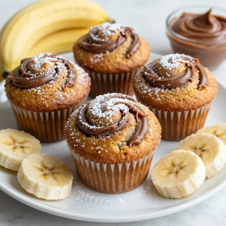 To make delicious Banana Nutella Swirl Muffins, you need some simple ingredients. Here’s what you will need: - 3 ripe bananas, mashed - 1/3 cup melted butter - 1/2 cup sugar - 1 large egg, beaten - 1 teaspoon vanilla extract - 1 teaspoon baking soda - Pinch of salt - 1 cup all-purpose flour - 1/3 cup Nutella - Optional: 1/4 cup chopped walnuts or pecans Each ingredient plays a key role. The ripe bananas add sweetness and moisture. The butter helps create a rich flavor. Sugar sweetens the muffins while the egg binds everything together. Vanilla adds warmth, and baking soda helps them rise. You can add walnuts or pecans for a nice crunch. This step is optional, but it adds great taste. Make sure you have everything ready before you start baking. Gather these ingredients, and you are set to create something wonderful! {{ingredient_image_1}} First, preheat your oven to 350°F (175°C). Grease a muffin tin or line it with paper liners. This step is key for easy muffin removal. In a large bowl, mash the three ripe bananas. Add 1/3 cup melted butter and mix well. Then, stir in 1/2 cup sugar and 1 large beaten egg. Finally, add 1 teaspoon of vanilla extract to give it a nice flavor boost. Next, sprinkle 1 teaspoon baking soda and a pinch of salt into the mix. Stir well to combine these dry ingredients. Gradually fold in 1 cup of all-purpose flour until no dry flour is visible. Remember, do not overmix! If you like, fold in 1/4 cup of chopped walnuts or pecans. This adds a nice crunch and flavor. It’s an option, but I highly recommend it! Now comes the fun part! Divide the batter evenly among the muffin cups, filling each about 2/3 full. Use a teaspoon to drop dollops of Nutella on top. Take a toothpick or skewer and swirl the Nutella into the batter. This creates a lovely marbled effect. Bake the muffins for 18-20 minutes. Check if they are done by inserting a toothpick in the center. If it comes out clean, they are ready! Let the muffins cool in the pan for 5 minutes. Then, transfer them to a wire rack to cool completely. Enjoy the rich smell while they cool! Overmixing can ruin your muffins. It makes them tough instead of soft. To avoid this, mix your batter gently. When adding flour, fold it in carefully. Stop mixing as soon as you no longer see dry flour. A few lumps are okay! This keeps your muffins light and fluffy. Swirling Nutella makes your muffins look great and taste amazing. After you fill the muffin cups, drop small spoonfuls of Nutella on top. Then, take a toothpick or skewer. Gently swirl it into the batter. Don’t mix too much! You want to see the Nutella in the muffins. How you serve muffins can make them even better. Try serving them warm. Dust the tops with powdered sugar for a sweet touch. Add a small bowl of Nutella for dipping. You can also place banana slices around the muffins on a nice plate. This makes a pretty display and adds flavor, too! Pro Tips Use Overripe Bananas: The softer and more speckled the bananas, the sweeter your muffins will be. This adds natural sweetness and enhances flavor. Don’t Overmix: When adding the flour, mix just until combined to ensure your muffins are light and fluffy. Overmixing can lead to dense muffins. Nutella Swirl Technique: For a beautiful swirl, use a toothpick or skewer to gently fold the Nutella into the batter without fully blending it. Storage Tips: Store muffins in an airtight container at room temperature for up to 3 days, or freeze them for longer storage. Reheat in the microwave for a warm treat. {{image_2}} If you want a nut-free option, try using sunflower seed spread instead of Nutella. It gives a similar creamy texture. You can also use other chocolate spreads that are nut-free. Look for brands that use safe ingredients for allergy concerns. This way, everyone can enjoy the muffins! Spice up your muffins by adding a pinch of cinnamon or nutmeg. These spices bring warmth and depth to each bite. You can also mix in some mini chocolate chips for extra sweetness. If you like fruit, try adding chopped strawberries or blueberries for a fruity twist. Each flavor can make your muffins unique! To make these muffins healthier, swap some ingredients. Use whole wheat flour instead of all-purpose flour. This adds more fiber to the muffins. You can also cut the sugar down by half or use honey as a natural sweetener. For a lighter version, replace butter with unsweetened applesauce. These swaps keep the muffins tasty while making them better for you! To keep your Banana Nutella swirl muffins fresh, store them in an airtight container. Place a piece of parchment paper between layers if you stack them. This helps avoid sticking. Keep the container at room temperature for the best taste. Enjoy them within a few days for maximum flavor. You can freeze these muffins for longer storage. First, let them cool completely. Then, wrap each muffin tightly in plastic wrap or foil. Place the wrapped muffins in a freezer bag. Label the bag with the date. To reheat, remove a muffin and let it thaw at room temperature. You can warm it in the microwave for about 15-20 seconds, or bake it at 350°F for 10 minutes. Banana Nutella swirl muffins last about 2-3 days at room temperature. If you refrigerate them, they stay fresh for about a week. Freezing extends their life up to three months. Always check for any signs of spoilage before enjoying them. Yes, you can use frozen bananas. They work great in muffins. Just thaw them first. Drain any extra liquid before mashing. This way, your muffins stay moist and tasty. Fresh bananas are ideal, but frozen ones are a good backup. To check if your muffins are ready, use the toothpick method. Insert a toothpick into the center of a muffin. If it comes out clean, the muffins are done. If it has batter on it, bake a few more minutes. Keep an eye on them to avoid overbaking. Yes, you can make gluten-free muffins. Use a gluten-free flour blend in place of all-purpose flour. Look for blends that have xanthan gum for best results. This helps mimic the texture of regular flour. Your muffins will still turn out soft and delicious. You now have all the details for making Banana Nutella Swirl Muffins. Start with ripe bananas and melt butter, then mix in sugar, egg, and vanilla. Add the dry ingredients and make those tasty Nutella swirls. Remember to avoid overmixing for the best texture. These muffins are fun to customize with nuts or spices. Store them well for lasting freshness. Enjoy your baking! These muffins are a treat worth savoring.