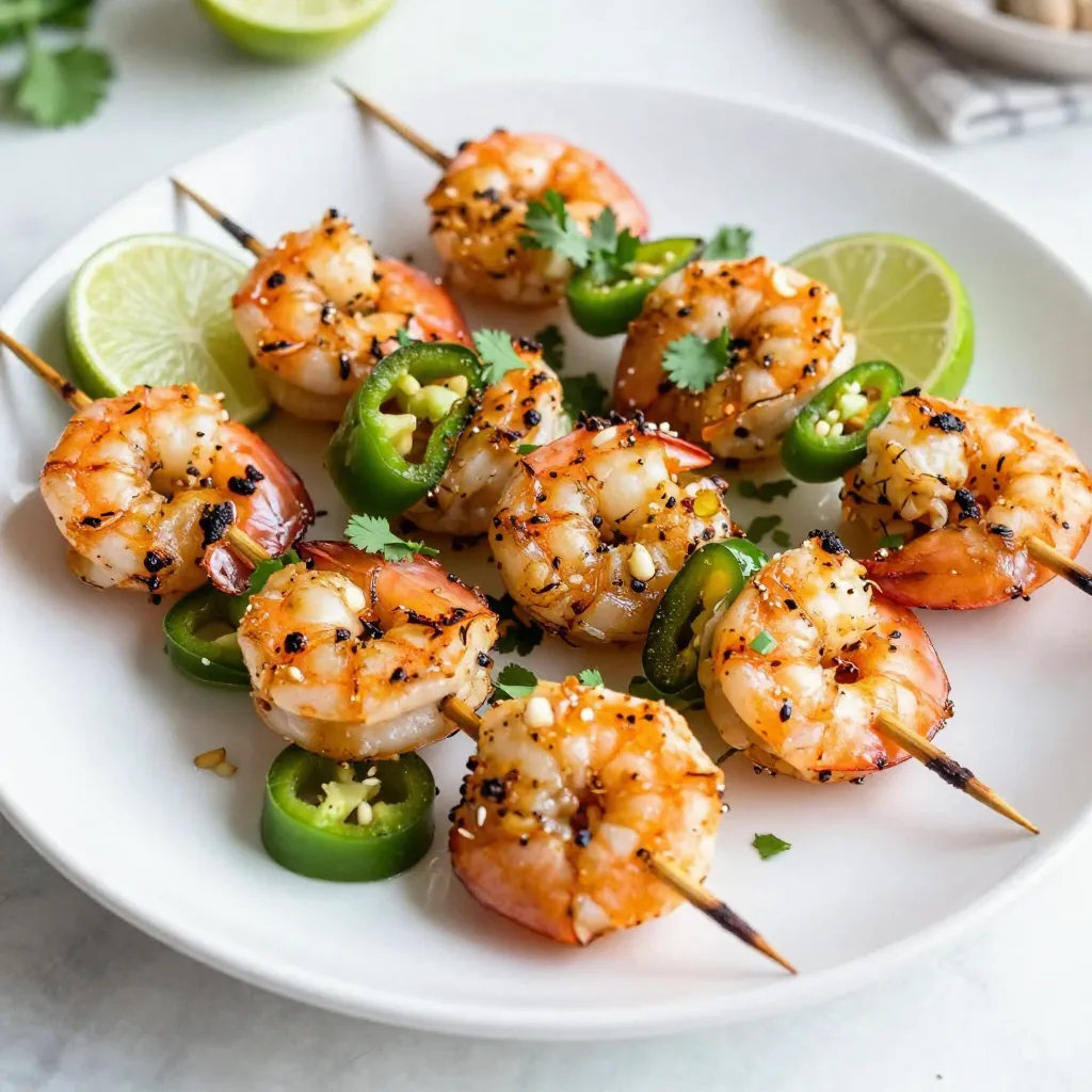 To make Jalapeño Lime Grilled Shrimp, gather these fresh and tasty ingredients: - 1 lb large shrimp, peeled and deveined - 2 tablespoons olive oil - 3 jalapeños, seeded and finely chopped - Zest and juice of 2 limes - 2 garlic cloves, minced - 1 teaspoon ground cumin - 1 teaspoon smoked paprika - Salt and pepper, to taste - Fresh cilantro for garnish Each ingredient adds its own set of nutrients. Here’s a quick look: - Shrimp: High in protein and low in fat. Rich in selenium and vitamin B12. - Olive oil: Contains healthy fats and antioxidants. Great for heart health. - Jalapeños: Low in calories, high in vitamin C. Adds a spicy kick. - Limes: Packed with vitamin C and antioxidants. Brighten flavors. - Garlic: Good for the immune system. Adds strong flavor. - Cumin and paprika: Both offer antioxidants and flavorful depth to the dish. When deciding between fresh and frozen shrimp, consider a few key points: - Fresh shrimp: Tends to have a better texture and taste. Check for a mild ocean smell and firm texture. - Frozen shrimp: Often frozen right after catch, so it can be just as fresh. It’s also convenient and usually more affordable. If using frozen shrimp, thaw it in the fridge overnight for best results. {{ingredient_image_1}} First, grab a medium bowl. Whisk together the olive oil, chopped jalapeños, lime zest, and juice. Add minced garlic, ground cumin, smoked paprika, salt, and pepper. This mix is your marinade. Next, add the shrimp. Toss them well to coat evenly. Cover the bowl and put it in the fridge for at least 30 minutes. This lets the flavors blend into the shrimp. For the best flavor, let the shrimp marinate longer if you can. One hour is great if you have time. Make sure every shrimp gets coated. Use fresh lime juice for a bright taste. The balance of spicy jalapeños and lime makes the shrimp shine. You can taste the heat and freshness in each bite. Preheat your grill to medium-high heat. Lightly oil the grates to keep the shrimp from sticking. If using wooden skewers, soak them in water for 30 minutes. This step prevents burning. Thread the marinated shrimp onto the skewers. Grill them for 2-3 minutes on each side. Look for a pink and opaque color. Don’t overcook them! After grilling, let the skewers rest for a minute. This helps keep the shrimp juicy. Garnish with fresh cilantro before serving. Enjoy your vibrant dish! To grill shrimp well, start with large, fresh shrimp. They hold up better on the grill. Peel and devein them for a clean bite. Always marinate your shrimp for at least 30 minutes. This step adds flavor and keeps them moist. Preheat your grill to medium-high heat. A hot grill sears the shrimp quickly and gives a nice char. Lightly oil the grill grates to prevent sticking. Use skewers to make flipping easier. If you use wooden skewers, soak them in water first. One big mistake is overcooking shrimp. Shrimp cook fast, usually in 2-3 minutes per side. Watch them closely. If they curl tightly, they are done. Another mistake is crowding the grill. Give each shrimp space to cook evenly. Avoid using high heat for too long. This can dry them out. Finally, don't skip the resting time. Letting them rest helps juices settle. To boost the flavor, try adding a pinch of cayenne pepper for heat. Fresh herbs like parsley or basil can brighten the dish. A splash of tequila in the marinade adds a fun twist. You can also experiment with other citrus juices, like orange or grapefruit. These small changes create new flavor profiles. Enjoy exploring your taste! Pro Tips Perfectly Seasoned Shrimp: Make sure to taste the marinade before adding the shrimp. Adjust the seasoning with more lime juice or salt as needed for a balanced flavor. Skewer Safety: If using wooden skewers, soak them in water for at least 30 minutes before grilling to prevent burning and ensure even cooking. Don’t Overcook: Shrimp cooks quickly; grill for only 2-3 minutes on each side until they are pink and opaque. Overcooked shrimp can become tough. Garnish with Freshness: Adding fresh cilantro just before serving enhances the dish's flavor and adds a vibrant touch. You can also drizzle with extra lime juice for brightness. {{image_2}} If you love heat, you can add more jalapeños. Try using whole jalapeños instead of just three. You can also mix in sliced serrano peppers for extra spice. For a smoky kick, try adding chipotle powder to your marinade. This will give your shrimp a nice, spicy flavor without overpowering the lime. If you have dietary needs, there are great shrimp substitutes. For a plant-based option, use firm tofu or tempeh. Just marinate them like you would the shrimp. For a seafood option, scallops or fish work well too. Just adjust the cooking time since they can cook faster than shrimp. Pair your grilled shrimp with fresh sides for a tasty meal. A corn salad with lime and cilantro complements the shrimp well. You can also serve it with avocado slices or a fresh mango salsa. For dips, a zesty lime aioli or creamy avocado dip would be perfect. Enjoy your meal with a refreshing drink, like lemonade or iced tea. To keep your leftover grilled shrimp fresh, place them in an airtight container. Make sure to cool them down to room temperature first. If you want to keep them longer, wrap them tightly in plastic wrap or aluminum foil. This helps prevent any unwanted air from getting in and keeps the shrimp tasty. You can store grilled shrimp in the refrigerator for up to three days. After that, the shrimp may lose their flavor and texture. Always check for any off smells or changes in color before you eat them. If it looks and smells good, it is likely still safe to enjoy. If you want to keep shrimp for longer, freezing is a great option. First, make sure the shrimp is completely cool. Then, put it in a freezer-safe bag. Press out as much air as possible before sealing the bag. Label it with the date. You can freeze it for up to three months. When you’re ready to eat, thaw the shrimp in the fridge overnight for the best results. Marinate shrimp for at least 30 minutes. This time lets the shrimp soak in all the flavors. If you have more time, you can marinate them for up to 2 hours. Just remember, longer marinating can make shrimp too salty. Yes, you can use a grill pan! A grill pan works well on a stovetop. Make sure to preheat it before adding the shrimp. This helps get nice grill marks and keeps the shrimp from sticking. Large shrimp are best for grilling. They hold up well on the grill and cook evenly. Look for shrimp that are firm and have a nice color. Fresh shrimp is usually better, but frozen shrimp works too if you thaw it properly. In this post, we covered the key ingredients for Jalapeño Lime Grilled Shrimp and discussed nutrition. I shared step-by-step cooking instructions and offered tips to master grilling shrimp. We explored variations for spice lovers and shared storage tips for leftovers. Grilling shrimp can be easy and fun. With these tips, your meals will shine. Enjoy your cooking adventures and impress your guests with tasty meals!