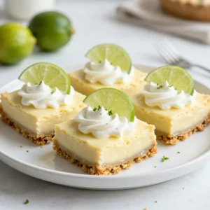 - 1 cup graham cracker crumbs - 1/4 cup granulated sugar - 1/2 cup unsalted butter, melted - 2 cups sweetened condensed milk - 3/4 cup fresh key lime juice (about 12-15 limes) - 1 tablespoon lime zest - 3 large egg yolks - Whipped cream, for topping - Lime slices, for garnish Each ingredient plays a key role in these bars. The graham cracker crumbs form a tasty crust. Sugar adds sweetness and helps the crust hold together. Butter binds the crumbs and adds richness. Sweetened condensed milk gives creaminess and sweetness to the filling. Fresh key lime juice adds that bright, zesty flavor we love. Lime zest boosts the lime taste and aroma. Egg yolks help set the filling as it bakes. Whipped cream makes a light and fluffy topping. Using fresh key lime juice is crucial. It gives the bars a bright and tart flavor. Bottled juice often lacks the same zing. Fresh limes have oils in the skin that add flavor too. For the best taste, squeeze limes right before use. You&rsquo;ll need about 12-15 limes for 3/4 cup of juice. The fresh juice truly makes these bars shine and brings joy to every bite. {{ingredient_image_1}} Start by preheating your oven to 350&deg;F (175&deg;C). Grab an 8x8 inch baking dish. Line it with parchment paper, letting the edges hang over. This makes it easy to lift the bars out later. In a medium bowl, combine 1 cup of graham cracker crumbs and 1/4 cup of granulated sugar. Pour in 1/2 cup of melted unsalted butter. Mix it well until it looks like wet sand. Press this mixture evenly into the bottom of the baking dish. Bake it for 10 minutes. Once done, remove it and let it cool for a bit. In a large mixing bowl, whisk together 2 cups of sweetened condensed milk, 3/4 cup of fresh key lime juice, and 1 tablespoon of lime zest. Add in 3 large egg yolks. Make sure this mixture is smooth and well blended. Pour the key lime filling over the cooled crust. Spread it evenly. Bake for another 15 to 18 minutes. The filling should be set but still slightly jiggly in the center. Let the bars cool to room temperature. After that, refrigerate them for at least 2 hours. This helps them fully set. When ready, lift the bars out using the parchment paper. Cut them into squares or rectangles. Serve with whipped cream and a slice of lime on top for a lovely touch. To get a great crust, use fresh graham cracker crumbs. Mix them well with sugar and melted butter. This will help the crumbs stick together. Press the mixture into the baking dish firmly. A compact crust will hold up better when you cut the bars. Baking it for 10 minutes gives it a nice, crisp texture. Keep a close eye on the bars while they bake. You want the filling set but still a little jiggly in the center. This jiggling means the bars will be soft and creamy. Overbaking can lead to a dry texture, which we want to avoid. Set a timer for 15 minutes and check often. Lime zest adds a punch of flavor to your bars. Use a fine grater to get bright green zest. Mix it into the filling for a burst of freshness. The zest brings out the lime's natural oils. This makes the dessert even more zesty and vibrant. Feel free to add a little extra zest if you love that tangy flavor! Pro Tips Use Fresh Key Limes: For the best flavor, use fresh key limes rather than bottled juice. The fresh juice will give your bars a vibrant and zesty taste. Chill Thoroughly: Allow the bars to chill for at least 2 hours in the refrigerator. This ensures they set properly and makes cutting them into neat squares easier. Garnish Creatively: Elevate the presentation by adding a sprinkle of lime zest on top of the whipped cream and place decorative lime slices around the bars. Control the Sweetness: Adjust the amount of sugar in the crust according to your taste preference, especially if you prefer a less sweet dessert to balance the tartness of the filling. {{image_2}} Coconut adds a fun flavor to key lime pie bars. You can mix in shredded coconut with the graham cracker crust. Use about 1/2 cup of unsweetened coconut flakes. This will give your bars a sweet, chewy bite. You can also sprinkle toasted coconut on top for a pretty finish. The coconut pairs well with the tart lime, making each bite even more exciting. If you want to make these bars gluten-free, use almond flour instead of graham cracker crumbs. Mix 1 cup of almond flour with 1/4 cup of sugar and 1/2 cup of melted butter. Press this mixture into your baking dish just like the regular crust. The almond flour gives a nutty taste and a nice crunch. Plus, it keeps the bars light and tasty. Key limes shine in these bars, but you can switch it up! Try using other citrus fruits like lemon or orange. For lemon bars, use fresh lemon juice and zest instead of lime. For orange bars, use fresh orange juice and zest. Each citrus will give a unique twist while keeping that bright flavor. This makes the recipe fun and fresh every time you bake! After you make your key lime pie bars, you need to cool them. Let them sit at room temperature first. This helps them set up well. Once cool, cover the bars with plastic wrap or foil. This keeps them fresh and prevents drying out. You can also use an airtight container. Just make sure it seals tightly. Store them in the fridge for the best taste. Key lime pie bars stay fresh for about five days in the fridge. They can lose flavor after that. If you want to keep them longer, freezing is a good choice. Always check for any signs of spoilage before eating. If they look good, they're likely fine. To freeze your key lime pie bars, first, cool them completely. Then, cut them into squares. Wrap each piece in plastic wrap tightly. After that, place the wrapped bars in a freezer bag. Squeeze out as much air as you can before sealing. They can last for up to three months in the freezer. When you want to eat them, just move them to the fridge overnight to thaw. Enjoy them chilled for the best taste! Yes, you can use bottled key lime juice. It is convenient and saves time. However, fresh key limes offer a brighter taste. I recommend fresh juice for the best flavor. If you must use bottled, choose a high-quality brand. You can substitute sweetened condensed milk with coconut milk and sugar. Mix one can of coconut milk with one cup of sugar. Heat it gently until the sugar dissolves. This will give you a creamy filling with a hint of coconut flavor. To prevent cracks, do not overbake the bars. Bake until the filling is set but still jiggly. Cooling the bars slowly helps too. After baking, let them cool at room temperature before chilling in the fridge. This gradual cooling helps keep the filling smooth. Now you know how to make delicious Key Lime Pie Bars. We covered the ingredients, from fresh lime juice to sweetened condensed milk, and how each helps the pie&rsquo;s flavor. The steps to create the perfect pie were explained, including tips for the crust and baking. Variations, like coconut and gluten-free options, add fun twists. Lastly, you learned how to store these treats correctly. Enjoy making your pie bars and impress your friends and family with your baking skills!