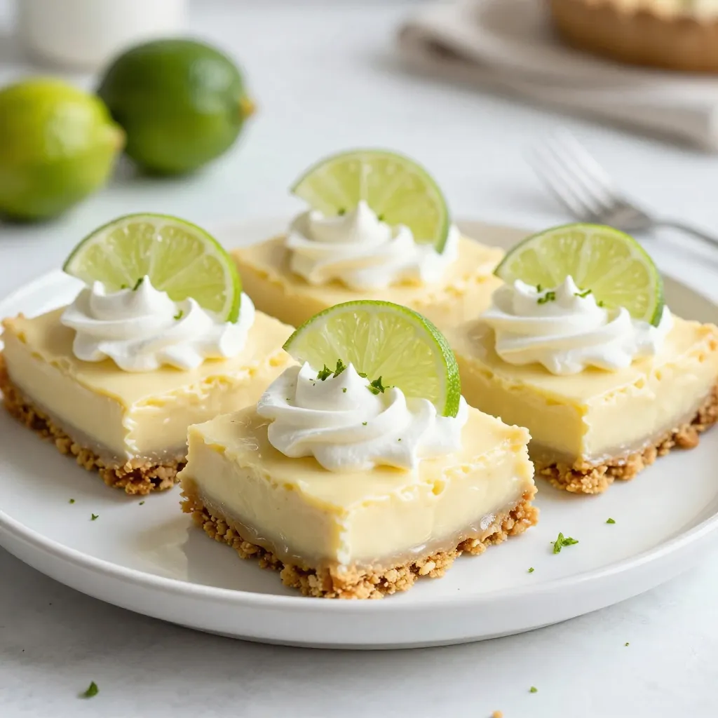 - 1 cup graham cracker crumbs - 1/4 cup granulated sugar - 1/2 cup unsalted butter, melted - 2 cups sweetened condensed milk - 3/4 cup fresh key lime juice (about 12-15 limes) - 1 tablespoon lime zest - 3 large egg yolks - Whipped cream, for topping - Lime slices, for garnish Each ingredient plays a key role in these bars. The graham cracker crumbs form a tasty crust. Sugar adds sweetness and helps the crust hold together. Butter binds the crumbs and adds richness. Sweetened condensed milk gives creaminess and sweetness to the filling. Fresh key lime juice adds that bright, zesty flavor we love. Lime zest boosts the lime taste and aroma. Egg yolks help set the filling as it bakes. Whipped cream makes a light and fluffy topping. Using fresh key lime juice is crucial. It gives the bars a bright and tart flavor. Bottled juice often lacks the same zing. Fresh limes have oils in the skin that add flavor too. For the best taste, squeeze limes right before use. You’ll need about 12-15 limes for 3/4 cup of juice. The fresh juice truly makes these bars shine and brings joy to every bite. {{ingredient_image_1}} Start by preheating your oven to 350°F (175°C). Grab an 8x8 inch baking dish. Line it with parchment paper, letting the edges hang over. This makes it easy to lift the bars out later. In a medium bowl, combine 1 cup of graham cracker crumbs and 1/4 cup of granulated sugar. Pour in 1/2 cup of melted unsalted butter. Mix it well until it looks like wet sand. Press this mixture evenly into the bottom of the baking dish. Bake it for 10 minutes. Once done, remove it and let it cool for a bit. In a large mixing bowl, whisk together 2 cups of sweetened condensed milk, 3/4 cup of fresh key lime juice, and 1 tablespoon of lime zest. Add in 3 large egg yolks. Make sure this mixture is smooth and well blended. Pour the key lime filling over the cooled crust. Spread it evenly. Bake for another 15 to 18 minutes. The filling should be set but still slightly jiggly in the center. Let the bars cool to room temperature. After that, refrigerate them for at least 2 hours. This helps them fully set. When ready, lift the bars out using the parchment paper. Cut them into squares or rectangles. Serve with whipped cream and a slice of lime on top for a lovely touch. To get a great crust, use fresh graham cracker crumbs. Mix them well with sugar and melted butter. This will help the crumbs stick together. Press the mixture into the baking dish firmly. A compact crust will hold up better when you cut the bars. Baking it for 10 minutes gives it a nice, crisp texture. Keep a close eye on the bars while they bake. You want the filling set but still a little jiggly in the center. This jiggling means the bars will be soft and creamy. Overbaking can lead to a dry texture, which we want to avoid. Set a timer for 15 minutes and check often. Lime zest adds a punch of flavor to your bars. Use a fine grater to get bright green zest. Mix it into the filling for a burst of freshness. The zest brings out the lime's natural oils. This makes the dessert even more zesty and vibrant. Feel free to add a little extra zest if you love that tangy flavor! Pro Tips Use Fresh Key Limes: For the best flavor, use fresh key limes rather than bottled juice. The fresh juice will give your bars a vibrant and zesty taste. Chill Thoroughly: Allow the bars to chill for at least 2 hours in the refrigerator. This ensures they set properly and makes cutting them into neat squares easier. Garnish Creatively: Elevate the presentation by adding a sprinkle of lime zest on top of the whipped cream and place decorative lime slices around the bars. Control the Sweetness: Adjust the amount of sugar in the crust according to your taste preference, especially if you prefer a less sweet dessert to balance the tartness of the filling. {{image_2}} Coconut adds a fun flavor to key lime pie bars. You can mix in shredded coconut with the graham cracker crust. Use about 1/2 cup of unsweetened coconut flakes. This will give your bars a sweet, chewy bite. You can also sprinkle toasted coconut on top for a pretty finish. The coconut pairs well with the tart lime, making each bite even more exciting. If you want to make these bars gluten-free, use almond flour instead of graham cracker crumbs. Mix 1 cup of almond flour with 1/4 cup of sugar and 1/2 cup of melted butter. Press this mixture into your baking dish just like the regular crust. The almond flour gives a nutty taste and a nice crunch. Plus, it keeps the bars light and tasty. Key limes shine in these bars, but you can switch it up! Try using other citrus fruits like lemon or orange. For lemon bars, use fresh lemon juice and zest instead of lime. For orange bars, use fresh orange juice and zest. Each citrus will give a unique twist while keeping that bright flavor. This makes the recipe fun and fresh every time you bake! After you make your key lime pie bars, you need to cool them. Let them sit at room temperature first. This helps them set up well. Once cool, cover the bars with plastic wrap or foil. This keeps them fresh and prevents drying out. You can also use an airtight container. Just make sure it seals tightly. Store them in the fridge for the best taste. Key lime pie bars stay fresh for about five days in the fridge. They can lose flavor after that. If you want to keep them longer, freezing is a good choice. Always check for any signs of spoilage before eating. If they look good, they're likely fine. To freeze your key lime pie bars, first, cool them completely. Then, cut them into squares. Wrap each piece in plastic wrap tightly. After that, place the wrapped bars in a freezer bag. Squeeze out as much air as you can before sealing. They can last for up to three months in the freezer. When you want to eat them, just move them to the fridge overnight to thaw. Enjoy them chilled for the best taste! Yes, you can use bottled key lime juice. It is convenient and saves time. However, fresh key limes offer a brighter taste. I recommend fresh juice for the best flavor. If you must use bottled, choose a high-quality brand. You can substitute sweetened condensed milk with coconut milk and sugar. Mix one can of coconut milk with one cup of sugar. Heat it gently until the sugar dissolves. This will give you a creamy filling with a hint of coconut flavor. To prevent cracks, do not overbake the bars. Bake until the filling is set but still jiggly. Cooling the bars slowly helps too. After baking, let them cool at room temperature before chilling in the fridge. This gradual cooling helps keep the filling smooth. Now you know how to make delicious Key Lime Pie Bars. We covered the ingredients, from fresh lime juice to sweetened condensed milk, and how each helps the pie’s flavor. The steps to create the perfect pie were explained, including tips for the crust and baking. Variations, like coconut and gluten-free options, add fun twists. Lastly, you learned how to store these treats correctly. Enjoy making your pie bars and impress your friends and family with your baking skills!
