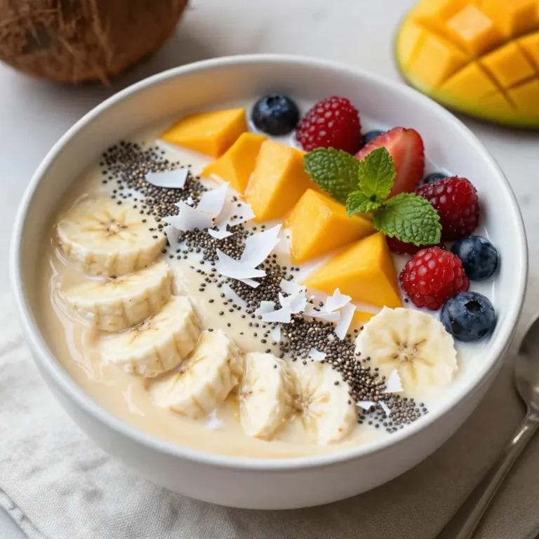 To create a Coconut Mango Smoothie Bowl, you will need some simple, fresh ingredients. Here’s the list you will need: - 1 ripe mango, peeled and diced - 1 cup coconut milk (canned for creaminess) - 1 frozen banana - 1/2 cup Greek yogurt (or dairy-free yogurt) - 2 tablespoons honey or maple syrup (optional, for sweetness) - 1/4 cup shredded coconut - 1 tablespoon chia seeds - Fresh mango slices and berries for topping - Mint leaves for garnish Each ingredient plays a role in making this bowl a vibrant and tasty treat. The mango adds natural sweetness and a tropical flavor. Coconut milk brings creaminess, while the frozen banana helps chill the smoothie and adds a nice texture. Greek yogurt adds protein and a tangy boost. If you want more sweetness, you can add honey or maple syrup. Shredded coconut gives a lovely chewiness and enhances the coconut flavor. Chia seeds not only add nutrition but also a fun crunch. Don’t forget the fresh mango slices and berries for a colorful touch. Mint leaves add a refreshing flair to your bowl. Enjoy gathering these ingredients; they will all come together to create a delightful dish! {{ingredient_image_1}} Start by preparing your ingredients. You need one ripe mango, one cup of coconut milk, one frozen banana, and half a cup of Greek yogurt. Place all these ingredients in your blender. Mix them until they become smooth and creamy. This step is key to getting the right texture for your smoothie bowl. After blending, take a taste of your mixture. If you want it sweeter, add two tablespoons of honey or maple syrup. Blend again to make sure the sweetness is well-mixed. Adjusting the sweetness makes the dish more enjoyable for your taste buds. Now, it's time to serve. Pour the smoothie mixture into a bowl. This is where the fun starts! You can add your toppings. Sprinkle a quarter cup of shredded coconut and one tablespoon of chia seeds on top. Next, arrange fresh mango slices and a handful of berries artistically. Finish with some mint leaves for a pop of color. Your Coconut Mango Smoothie Bowl is now ready to enjoy! To get the perfect texture for your smoothie bowl, start by blending the main ingredients. If you find it too thick, add more coconut milk. If it’s too thin, toss in another frozen banana. This simple trick makes a big difference. I recommend using a high-speed blender for the best results. Brands like Vitamix or Ninja work wonders. They blend everything smoothly, giving you that creamy finish you want. A great-looking smoothie bowl is just as tasty. When adding toppings, think about color and texture. Arrange fresh mango slices and berries in a circular pattern. You can even create a rainbow effect with various fruits! This makes your bowl pop with colors. Try using edible flowers or mint leaves for a fresh look. These add a nice touch and make your bowl stand out. Mango and coconut are not just tasty; they are also healthy. Mangoes are full of vitamins A and C. They help boost your immune system. Coconut milk adds healthy fats that keep you full longer. Don't forget the chia seeds! These tiny seeds are rich in fiber and omega-3s. They help with digestion and keep your heart healthy. Adding them to your smoothie bowl gives you extra nutrition without changing the flavor. Pro Tips Use Fresh Ingredients: For the best flavor, opt for a ripe mango and fresh coconut milk. This will make your smoothie bowl taste vibrant and tropical. Customize Your Sweetness: Depending on your preference, adjust the sweetness by adding more or less honey or maple syrup. Taste as you go! Make It Creamy: Using a frozen banana not only adds creaminess but also chills the smoothie bowl without needing ice, preserving the flavor. Garnish Creatively: Arrange your toppings in an artistic way. This not only enhances the visual appeal but also makes for a more enjoyable eating experience. {{image_2}} You can make your Coconut Mango Smoothie Bowl even better! Adding spinach or kale gives you more nutrients without changing the taste much. You could also swap out fruits. Try using pineapple or mixed berries for a new twist. Each fruit brings its own fun flavor! If you want a dairy-free option, use plant-based yogurt. Coconut yogurt works well here. For sweetness, you can try using agave syrup instead of honey. It keeps the bowl vegan while still tasting great. Make your smoothie bowl shine with seasonal fruits! In summer, add fresh strawberries or peaches. In fall, nuts like walnuts or pecans add crunch and flavor. Using seasonal ingredients not only makes your bowl tasty but also supports local farms. To keep your leftover smoothie bowl fresh, store it in an airtight container. This helps prevent air from getting in and keeps your smoothie from turning brown. Glass containers work great, but plastic ones are fine too. Try to eat the leftovers within a day for the best taste and texture. If you have toppings, like berries or coconut, store them separately to keep them fresh. You can freeze your smoothie bowl for later. Pour the smoothie into a freezer-safe container. Leave some space at the top, as liquids expand when frozen. For toppings, freeze them in separate bags. To thaw, take the smoothie out and place it in the fridge overnight. It will be ready to enjoy the next day. If you're in a hurry, you can also thaw it in the microwave for a short time. Most of the ingredients in your smoothie bowl last a good while in the fridge. Here’s a quick guide: - Mango: 2-3 days when cut. - Coconut milk: 5-7 days after opening. - Banana: 1-2 days once peeled. - Greek yogurt: 1-2 weeks if unopened. - Shredded coconut: 1 month if sealed well. - Chia seeds: 2-3 years if stored in a cool, dry place. Keep an eye on your ingredients to ensure they stay fresh! Yes, you can prepare the smoothie bowl ahead of time! For meal prep, blend all the ingredients as usual. Then, store the mixture in an airtight container in the fridge. You can keep it for up to 24 hours. Just remember to give it a good stir before serving. This way, you can enjoy a quick breakfast or snack with ease. If you need a substitute for coconut milk, try using almond milk or oat milk. Both are great non-dairy options. You can also use regular cow's milk if you prefer. Each option will give a unique flavor, but all will blend nicely with the mango. To make your smoothie bowl thicker, use less liquid. Try blending in more frozen fruits like bananas or mangoes. You can also add extra Greek yogurt or chia seeds to boost thickness. These additions will help maintain a creamy texture while keeping the taste delicious. Yes, this smoothie bowl is gluten-free! All ingredients, from the mango to the chia seeds, are naturally gluten-free. If you use gluten-free yogurt, you can enjoy this treat worry-free. Always check labels to ensure all ingredients meet your needs. This blog post shared a tasty mango smoothie bowl recipe. You learned about key ingredients, step-by-step instructions, and helpful tips. The variations and storage tips make it easy to customize based on what you have. In the end, this smoothie bowl offers health perks and endless possibilities. Enjoy trying new fruits and toppings, and feel free to experiment. Happy blending!