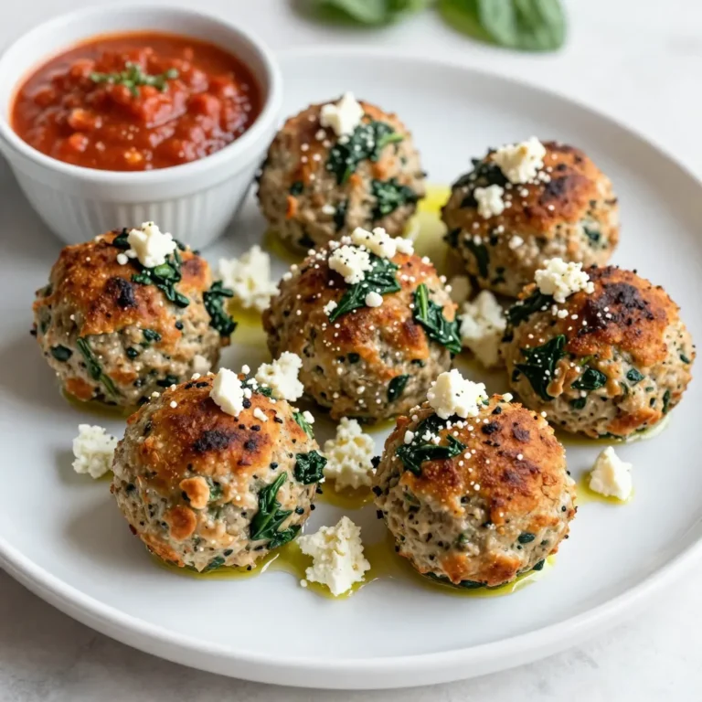 To make these spinach feta turkey meatballs, you need a few key items: - 1 pound ground turkey - 1 cup fresh spinach, finely chopped - 1/2 cup feta cheese, crumbled - 1/4 cup breadcrumbs - 1/4 cup grated Parmesan cheese - 1 clove garlic, minced - 1 large egg These ingredients work together to create a moist and tasty meatball. The ground turkey keeps it lean, while the spinach adds color and nutrients. Feta cheese brings a nice tang and creaminess, making the meatballs special. You can serve these meatballs with a bit of marinara sauce. It's a great way to add flavor and moisture. Here’s what you need for that: - Marinara sauce (for dipping or drizzling) This sauce pairs well with the meatballs and adds a rich taste. You can warm it up in a small pot before serving. Good flavor makes a dish shine. For these meatballs, use: - 1/2 teaspoon dried oregano - 1/2 teaspoon salt - 1/4 teaspoon black pepper - 1 tablespoon olive oil (for cooking) These seasonings enhance the taste without overpowering the main ingredients. Oregano adds an herbaceous note, while salt and pepper bring out the flavors. Olive oil helps to brown the meatballs and keeps them moist when cooking. {{ingredient_image_1}} First, we need to gather our ingredients. Here’s what you need: - 1 pound ground turkey - 1 cup fresh spinach, finely chopped - 1/2 cup feta cheese, crumbled - 1/4 cup breadcrumbs - 1/4 cup grated Parmesan cheese - 1 clove garlic, minced - 1/2 teaspoon dried oregano - 1/2 teaspoon salt - 1/4 teaspoon black pepper - 1 large egg - 1 tablespoon olive oil (for cooking) Before starting, preheat the oven to 400°F (200°C). This helps the meatballs cook evenly. Line a baking sheet with parchment paper. This makes cleanup easy. In a large bowl, combine the ground turkey, chopped spinach, feta cheese, breadcrumbs, and Parmesan cheese. Add the minced garlic, oregano, salt, pepper, and egg. Mix everything well. You can use your hands or a spoon. Make sure the mix is even. Now it’s time to shape the meatballs. Take a small amount of the mixture and roll it into a ball, about 1.5 inches wide. Place each meatball on the prepared baking sheet. This is a fun part! Just remember to keep the size consistent for even cooking. Drizzle a little olive oil over the meatballs. This helps them brown nicely while baking. Now, bake the meatballs in the oven for 20-25 minutes. They should be golden brown and cooked all the way through. You can check their doneness by cutting one open; the meat should be no longer pink. If you want, heat up some marinara sauce in a small saucepan. This makes a great dip or sauce to drizzle over the meatballs. Serve them warm as an appetizer or a main dish. Enjoy every bite! To make juicy meatballs, I suggest using ground turkey with a higher fat content. A mix of dark and light meat works great. Don’t skip the egg; it binds the meat and keeps it moist. When mixing, be gentle. Overworking the meat can make it tough. Shape the meatballs into equal sizes, about 1.5 inches wide. This helps them cook evenly. Finally, drizzle olive oil on top before baking. It helps them brown and stay juicy. A common mistake is not seasoning enough. Make sure to add salt and pepper to your mix. Use fresh garlic instead of powder for better flavor. Don't pack the meatballs too tightly. They should be loose to stay tender. Avoid overcooking them as well. Check for a golden color and internal temperature of 165°F to ensure they are done. Pairing marinara sauce with your meatballs adds great taste, so don’t skip it! For leftover meatballs, let them cool first. Store them in an airtight container. They will last 3 to 4 days in the fridge. You can also freeze them for up to three months. To freeze, place them in a single layer on a baking sheet. Once frozen, transfer them to a freezer bag. For reheating, use the oven or microwave until heated through. Enjoy your meatballs later without losing their flavor! Pro Tips Use Fresh Spinach: Fresh spinach gives the meatballs a vibrant flavor and color. Avoid frozen spinach as it can water down the mixture. Adjust Seasoning to Taste: Feel free to tweak the salt, pepper, and herbs according to your preference. A pinch of red pepper flakes can add a nice kick! For Extra Moisture: If your mixture feels too dry, add a splash of milk or a little more olive oil to keep the meatballs juicy. Perfect Cooking: Use a meat thermometer to ensure your meatballs reach an internal temperature of 165°F (74°C) for safe eating. {{image_2}} You can switch the ground turkey for other meats. Ground chicken works well, too. If you like beef, try using lean ground beef. Each type brings a new taste. You can also use ground pork for a richer flavor. Just keep the cooking time the same. This lets you enjoy different flavors while keeping the recipe the same. Want to boost the veggie power? You can add grated zucchini or finely chopped bell peppers. These add moisture and flavor. You can also throw in some chopped onions for sweetness. If you love heat, add red pepper flakes or paprika. These spices make the dish exciting. You can mix and match to find your favorite combo. To make these meatballs gluten-free, swap the breadcrumbs. Use gluten-free bread crumbs or crushed cornflakes instead. You can even use ground oats for a healthy twist. Just make sure to check labels for any hidden gluten. This way, everyone can enjoy these tasty meatballs without worry. To keep your leftover meatballs fresh, place them in an airtight container. Make sure they cool down first. This way, they will last up to three days in the fridge. You can also layer them with parchment paper to avoid sticking. If you want to save meatballs for later, freezing is a great option. First, let them cool completely after cooking. Then, place them on a baking sheet in a single layer. Freeze them until solid, about two hours. After that, transfer them to a freezer bag. They can stay frozen for up to three months. To reheat meatballs, the oven works best. Preheat your oven to 350°F (175°C). Place the meatballs on a baking sheet and cover with foil. Heat for about 15-20 minutes to warm them through. You can also microwave them. Just place them in a microwave-safe dish with a splash of water. Cover and heat for one to two minutes. Enjoy them warm with marinara sauce! Yes, you can use frozen spinach. Just make sure to thaw and drain it well. Frozen spinach can be more watery, so squeezing out extra moisture is key. Use about half the amount of frozen spinach as fresh. This keeps your meatballs from getting too wet. You can tell when the meatballs are done by checking their color. They should be golden brown on the outside. The inside should no longer be pink. If you have a meat thermometer, it should read 165°F (74°C). This ensures they are safe to eat. You can serve these meatballs with many options. Marinara sauce is a great choice for dipping. Pasta or rice also works well. You might like to add a simple salad or some steamed veggies on the side. These pair nicely and add color to your plate. You now know how to make tasty spinach feta turkey meatballs. We covered the key ingredients, from fresh spinach to seasoning. I shared step-by-step instructions for prepping, mixing, and baking. I also gave tips for keeping your meatballs juicy and avoiding mistakes. Feel free to try different meats or veggies to suit your taste. Proper storage and reheating can keep these meatballs fresh and tasty. Enjoy making this dish and sharing it with others!