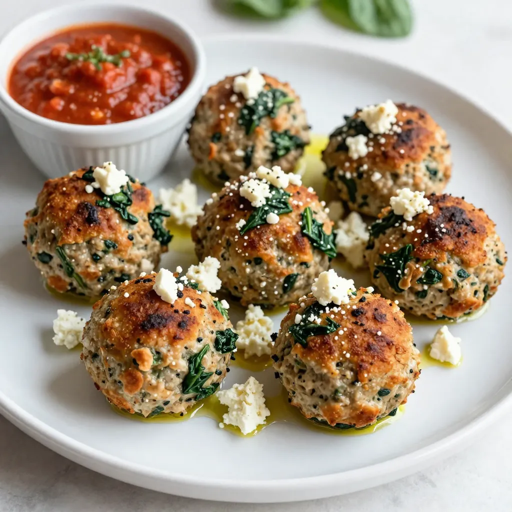 To make these spinach feta turkey meatballs, you need a few key items: - 1 pound ground turkey - 1 cup fresh spinach, finely chopped - 1/2 cup feta cheese, crumbled - 1/4 cup breadcrumbs - 1/4 cup grated Parmesan cheese - 1 clove garlic, minced - 1 large egg These ingredients work together to create a moist and tasty meatball. The ground turkey keeps it lean, while the spinach adds color and nutrients. Feta cheese brings a nice tang and creaminess, making the meatballs special. You can serve these meatballs with a bit of marinara sauce. It's a great way to add flavor and moisture. Here’s what you need for that: - Marinara sauce (for dipping or drizzling) This sauce pairs well with the meatballs and adds a rich taste. You can warm it up in a small pot before serving. Good flavor makes a dish shine. For these meatballs, use: - 1/2 teaspoon dried oregano - 1/2 teaspoon salt - 1/4 teaspoon black pepper - 1 tablespoon olive oil (for cooking) These seasonings enhance the taste without overpowering the main ingredients. Oregano adds an herbaceous note, while salt and pepper bring out the flavors. Olive oil helps to brown the meatballs and keeps them moist when cooking. {{ingredient_image_1}} First, we need to gather our ingredients. Here’s what you need: - 1 pound ground turkey - 1 cup fresh spinach, finely chopped - 1/2 cup feta cheese, crumbled - 1/4 cup breadcrumbs - 1/4 cup grated Parmesan cheese - 1 clove garlic, minced - 1/2 teaspoon dried oregano - 1/2 teaspoon salt - 1/4 teaspoon black pepper - 1 large egg - 1 tablespoon olive oil (for cooking) Before starting, preheat the oven to 400°F (200°C). This helps the meatballs cook evenly. Line a baking sheet with parchment paper. This makes cleanup easy. In a large bowl, combine the ground turkey, chopped spinach, feta cheese, breadcrumbs, and Parmesan cheese. Add the minced garlic, oregano, salt, pepper, and egg. Mix everything well. You can use your hands or a spoon. Make sure the mix is even. Now it’s time to shape the meatballs. Take a small amount of the mixture and roll it into a ball, about 1.5 inches wide. Place each meatball on the prepared baking sheet. This is a fun part! Just remember to keep the size consistent for even cooking. Drizzle a little olive oil over the meatballs. This helps them brown nicely while baking. Now, bake the meatballs in the oven for 20-25 minutes. They should be golden brown and cooked all the way through. You can check their doneness by cutting one open; the meat should be no longer pink. If you want, heat up some marinara sauce in a small saucepan. This makes a great dip or sauce to drizzle over the meatballs. Serve them warm as an appetizer or a main dish. Enjoy every bite! To make juicy meatballs, I suggest using ground turkey with a higher fat content. A mix of dark and light meat works great. Don’t skip the egg; it binds the meat and keeps it moist. When mixing, be gentle. Overworking the meat can make it tough. Shape the meatballs into equal sizes, about 1.5 inches wide. This helps them cook evenly. Finally, drizzle olive oil on top before baking. It helps them brown and stay juicy. A common mistake is not seasoning enough. Make sure to add salt and pepper to your mix. Use fresh garlic instead of powder for better flavor. Don't pack the meatballs too tightly. They should be loose to stay tender. Avoid overcooking them as well. Check for a golden color and internal temperature of 165°F to ensure they are done. Pairing marinara sauce with your meatballs adds great taste, so don’t skip it! For leftover meatballs, let them cool first. Store them in an airtight container. They will last 3 to 4 days in the fridge. You can also freeze them for up to three months. To freeze, place them in a single layer on a baking sheet. Once frozen, transfer them to a freezer bag. For reheating, use the oven or microwave until heated through. Enjoy your meatballs later without losing their flavor! Pro Tips Use Fresh Spinach: Fresh spinach gives the meatballs a vibrant flavor and color. Avoid frozen spinach as it can water down the mixture. Adjust Seasoning to Taste: Feel free to tweak the salt, pepper, and herbs according to your preference. A pinch of red pepper flakes can add a nice kick! For Extra Moisture: If your mixture feels too dry, add a splash of milk or a little more olive oil to keep the meatballs juicy. Perfect Cooking: Use a meat thermometer to ensure your meatballs reach an internal temperature of 165°F (74°C) for safe eating. {{image_2}} You can switch the ground turkey for other meats. Ground chicken works well, too. If you like beef, try using lean ground beef. Each type brings a new taste. You can also use ground pork for a richer flavor. Just keep the cooking time the same. This lets you enjoy different flavors while keeping the recipe the same. Want to boost the veggie power? You can add grated zucchini or finely chopped bell peppers. These add moisture and flavor. You can also throw in some chopped onions for sweetness. If you love heat, add red pepper flakes or paprika. These spices make the dish exciting. You can mix and match to find your favorite combo. To make these meatballs gluten-free, swap the breadcrumbs. Use gluten-free bread crumbs or crushed cornflakes instead. You can even use ground oats for a healthy twist. Just make sure to check labels for any hidden gluten. This way, everyone can enjoy these tasty meatballs without worry. To keep your leftover meatballs fresh, place them in an airtight container. Make sure they cool down first. This way, they will last up to three days in the fridge. You can also layer them with parchment paper to avoid sticking. If you want to save meatballs for later, freezing is a great option. First, let them cool completely after cooking. Then, place them on a baking sheet in a single layer. Freeze them until solid, about two hours. After that, transfer them to a freezer bag. They can stay frozen for up to three months. To reheat meatballs, the oven works best. Preheat your oven to 350°F (175°C). Place the meatballs on a baking sheet and cover with foil. Heat for about 15-20 minutes to warm them through. You can also microwave them. Just place them in a microwave-safe dish with a splash of water. Cover and heat for one to two minutes. Enjoy them warm with marinara sauce! Yes, you can use frozen spinach. Just make sure to thaw and drain it well. Frozen spinach can be more watery, so squeezing out extra moisture is key. Use about half the amount of frozen spinach as fresh. This keeps your meatballs from getting too wet. You can tell when the meatballs are done by checking their color. They should be golden brown on the outside. The inside should no longer be pink. If you have a meat thermometer, it should read 165°F (74°C). This ensures they are safe to eat. You can serve these meatballs with many options. Marinara sauce is a great choice for dipping. Pasta or rice also works well. You might like to add a simple salad or some steamed veggies on the side. These pair nicely and add color to your plate. You now know how to make tasty spinach feta turkey meatballs. We covered the key ingredients, from fresh spinach to seasoning. I shared step-by-step instructions for prepping, mixing, and baking. I also gave tips for keeping your meatballs juicy and avoiding mistakes. Feel free to try different meats or veggies to suit your taste. Proper storage and reheating can keep these meatballs fresh and tasty. Enjoy making this dish and sharing it with others!