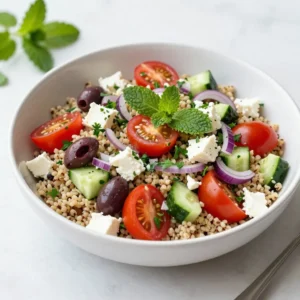 - Quinoa and Base Ingredients - 1 cup quinoa, rinsed - 2 cups vegetable broth (or water) - Vegetables and Herbs - 1 cup cherry tomatoes, halved - 1 cucumber, diced - 1/2 red onion, finely chopped - 1/2 cup Kalamata olives, pitted and sliced - 1/2 cup feta cheese, crumbled - 1/4 cup fresh parsley, chopped - 1/4 cup fresh mint, chopped - Dressing Components - 3 tablespoons olive oil - 2 tablespoons lemon juice - Salt and pepper to taste In this Mediterranean quinoa salad, each ingredient plays a key role. The quinoa forms a hearty base and brings protein. I like to rinse the quinoa first. This helps remove any bitterness and makes it taste better. The vegetable broth adds a nice depth of flavor. Next, we have vibrant veggies like cherry tomatoes and cucumbers. They add fresh crunch and color. Red onion brings a little bite, while Kalamata olives give a salty twist. Feta cheese adds creaminess and tang. Fresh herbs like parsley and mint enhance the dish with bright notes. For the dressing, I use a simple mix of olive oil and lemon juice. This keeps it light and fresh. A sprinkle of salt and pepper rounds out the flavors. When you combine all these ingredients, you create a colorful, tasty, and healthy salad that anyone can enjoy. {{ingredient_image_1}} Preparing and Rinsing the Quinoa Start by measuring 1 cup of quinoa. Place it in a fine mesh strainer. Rinse the quinoa under cold water for about 2 minutes. This helps remove the bitter coating called saponin. Cooking Method with Broth In a medium saucepan, add the rinsed quinoa and 2 cups of vegetable broth or water. Turn the heat to medium-high. Once it boils, reduce the heat to low. Cover the pot and let it simmer for 15 to 20 minutes. The quinoa will absorb the broth and become fluffy. Cooling the Quinoa After cooking, remove the pot from the heat. Let the quinoa cool in the pot for about 5 minutes. Then, transfer it to a large bowl to cool completely. This helps keep the salad fresh and tasty. Combining Vegetables and Herbs In a large mixing bowl, add 1 cup of halved cherry tomatoes, 1 diced cucumber, and 1/2 finely chopped red onion. Then, stir in 1/2 cup of sliced Kalamata olives, 1/4 cup of chopped parsley, and 1/4 cup of chopped mint. These add bright flavors and colors. Adding the Feta and Olives Next, gently fold in 1/2 cup of crumbled feta cheese. The feta adds creaminess to the salad. Make sure to mix it well but keep the feta pieces intact for texture. Incorporating the Quinoa Once the quinoa has cooled, add it to the bowl with the veggies and herbs. Use a spatula to combine everything. This will ensure every bite is full of flavor. Whisking Olive Oil and Lemon Juice In a small bowl, whisk together 3 tablespoons of olive oil and 2 tablespoons of lemon juice. This dressing adds brightness to your salad. Seasoning with Salt and Pepper Add salt and pepper to taste. Start with a pinch of each and add more if needed. This helps enhance all the fresh flavors in the salad. Now your Mediterranean quinoa salad is ready to enjoy! Ensuring Fluffy Quinoa To make sure your quinoa is fluffy, rinse it well before cooking. Rinsing removes bitter saponins. Use a fine-mesh strainer for best results. When you cook it, use vegetable broth instead of water. This adds great flavor. Bring your quinoa to a boil, then lower the heat to simmer. Cover it and let it cook for 15-20 minutes. Once done, let it sit off the heat for a few minutes. Fluff it with a fork before adding it to your salad. Adjusting Cooking Liquid for Flavor You can boost flavor by using vegetable broth instead of water. If you want a richer taste, add herbs to your broth. A bay leaf or a sprig of thyme can work wonders. Remember, the cooking liquid impacts the final taste of your salad. Creative Plating Ideas For a beautiful presentation, serve your salad in a large bowl. Top it with extra crumbled feta and sprigs of mint. You can also create individual servings on plates. Layer the ingredients, so each bite is colorful and inviting. Using Mason Jars for Presentation Mason jars are perfect for a fun, portable option. Start with quinoa at the bottom, then layer in your veggies and herbs. This way, each jar looks unique and is easy to grab. You can also prepare jars ahead of time for a quick lunch. Nutritional Advantages of Quinoa Quinoa is packed with protein, fiber, and essential vitamins. It is a complete protein, meaning it has all nine amino acids. This makes it an excellent choice for a healthy meal. It also supports digestion and helps keep you full longer. Benefits of Fresh Vegetables and Herbs Fresh vegetables and herbs add vitamins and minerals. They also provide antioxidants that help fight disease. Tomatoes and cucumbers add hydration. Parsley and mint bring flavor and freshness. Eating a variety of colors in your salad boosts your health, making each bite not just tasty but also nourishing. Pro Tips Use Fresh Herbs: Fresh parsley and mint enhance the flavor of the salad significantly. Always opt for fresh over dried for a vibrant taste. Chill Before Serving: Allow the salad to chill in the refrigerator for at least 30 minutes before serving. This helps the flavors to meld beautifully. Customize Your Veggies: Feel free to add other vegetables like bell peppers or radishes for additional crunch and color to your salad. Perfect Quinoa Cooking: Rinse the quinoa before cooking to remove its natural bitter coating, ensuring a pleasant taste and texture. {{image_2}} Alternative Grains You can swap quinoa for farro or bulgur. Both add unique flavors. They also keep the salad hearty. Brown rice works too, but it takes longer to cook. Choose what you like best for your taste. Different Vegetables and Cheese Options Mix and match your veggies! Try bell peppers, carrots, or spinach. These add color and crunch. You can also use goat cheese instead of feta for a creamier taste. Experiment with what&rsquo;s in season or what you have on hand. Adding Spices for Extra Flavor Spice up your dressing! Add cumin or smoked paprika for a warm kick. Fresh herbs like dill or oregano can brighten the flavor. You can also try a dash of chili flakes for heat. Substituting Vinegars Use different vinegars to change the taste. Balsamic vinegar adds sweetness. Red wine vinegar gives a tangy boost. Both options can make the salad even more exciting. Make-Ahead Instructions Prepare this salad a day in advance. It tastes even better after the flavors mix. Just store the quinoa and veggies separately. Combine them with the dressing right before serving. Storage Tips for Freshness Keep your salad fresh by using airtight containers. It lasts about three to five days in the fridge. To maintain crispness, store the dressing on the side until you're ready to eat. To keep your Mediterranean quinoa salad fresh, store it in the fridge. Use a container with a tight lid. This helps to keep out air and moisture. - Refrigeration Tips: - Let the salad cool before placing it in the fridge. - Store it in the fridge for up to three days. - If you notice moisture, drain it before serving. - Containers for Long-Lasting Freshness: - Glass containers work well, as they don&rsquo;t stain or hold odors. - Use plastic containers for a lighter option. Just ensure they seal tightly. - Mason jars are great for single servings and look nice too. Can you freeze quinoa salad? Yes, but it may change texture. The veggies can become mushy when thawed. - Thawing and Reheating Recommendations: - To freeze, pack the salad in an airtight container. - Thaw in the fridge overnight before serving. - For best results, eat the salad fresh. If reheating, warm gently in a pan. You can add many tasty items to this salad. Try bell peppers for crunch. Avocado adds creaminess. Chickpeas boost protein and fiber. You can also use different herbs like dill or basil. Quinoa salad stays fresh for about 3 to 5 days. Store it in an airtight container. Make sure it cools down first before you store it. Check for freshness before eating. Yes, this salad is gluten-free! Quinoa is a grain that does not contain gluten. This makes it safe for people with gluten sensitivities or celiac disease. You can easily make this salad vegan. Simply skip the feta cheese or use a plant-based cheese. The salad still tastes great without it. Enjoy the fresh veggies and herbs for flavor. This blog post covered all the key parts of making a tasty Mediterranean quinoa salad. We explored the ingredients, step-by-step cooking methods, and tips for perfect results. You learned about variations to change it up and how to store leftovers safely. In closing, this salad is a simple and healthy choice for meals. You can make it your own with different ingredients. Enjoy making and sharing your quinoa salad soon!