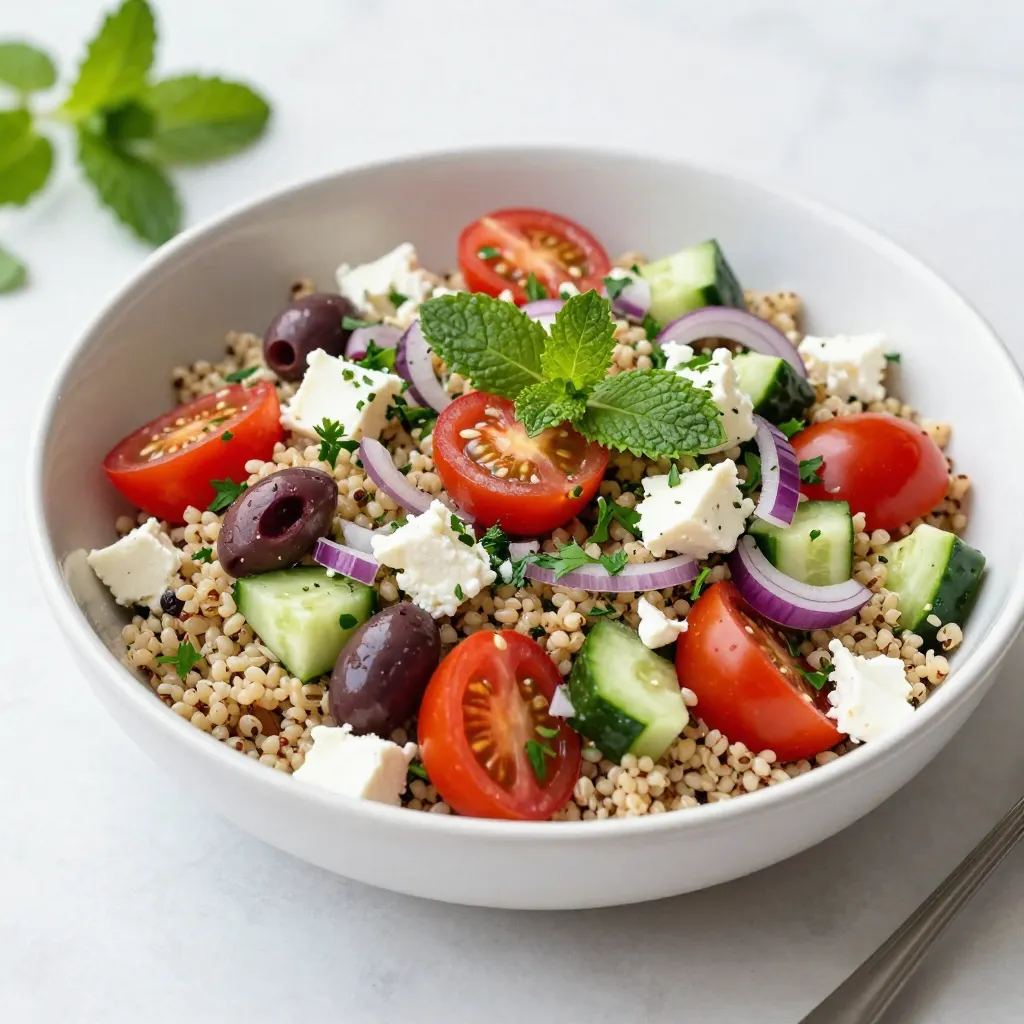 - Quinoa and Base Ingredients - 1 cup quinoa, rinsed - 2 cups vegetable broth (or water) - Vegetables and Herbs - 1 cup cherry tomatoes, halved - 1 cucumber, diced - 1/2 red onion, finely chopped - 1/2 cup Kalamata olives, pitted and sliced - 1/2 cup feta cheese, crumbled - 1/4 cup fresh parsley, chopped - 1/4 cup fresh mint, chopped - Dressing Components - 3 tablespoons olive oil - 2 tablespoons lemon juice - Salt and pepper to taste In this Mediterranean quinoa salad, each ingredient plays a key role. The quinoa forms a hearty base and brings protein. I like to rinse the quinoa first. This helps remove any bitterness and makes it taste better. The vegetable broth adds a nice depth of flavor. Next, we have vibrant veggies like cherry tomatoes and cucumbers. They add fresh crunch and color. Red onion brings a little bite, while Kalamata olives give a salty twist. Feta cheese adds creaminess and tang. Fresh herbs like parsley and mint enhance the dish with bright notes. For the dressing, I use a simple mix of olive oil and lemon juice. This keeps it light and fresh. A sprinkle of salt and pepper rounds out the flavors. When you combine all these ingredients, you create a colorful, tasty, and healthy salad that anyone can enjoy. {{ingredient_image_1}} Preparing and Rinsing the Quinoa Start by measuring 1 cup of quinoa. Place it in a fine mesh strainer. Rinse the quinoa under cold water for about 2 minutes. This helps remove the bitter coating called saponin. Cooking Method with Broth In a medium saucepan, add the rinsed quinoa and 2 cups of vegetable broth or water. Turn the heat to medium-high. Once it boils, reduce the heat to low. Cover the pot and let it simmer for 15 to 20 minutes. The quinoa will absorb the broth and become fluffy. Cooling the Quinoa After cooking, remove the pot from the heat. Let the quinoa cool in the pot for about 5 minutes. Then, transfer it to a large bowl to cool completely. This helps keep the salad fresh and tasty. Combining Vegetables and Herbs In a large mixing bowl, add 1 cup of halved cherry tomatoes, 1 diced cucumber, and 1/2 finely chopped red onion. Then, stir in 1/2 cup of sliced Kalamata olives, 1/4 cup of chopped parsley, and 1/4 cup of chopped mint. These add bright flavors and colors. Adding the Feta and Olives Next, gently fold in 1/2 cup of crumbled feta cheese. The feta adds creaminess to the salad. Make sure to mix it well but keep the feta pieces intact for texture. Incorporating the Quinoa Once the quinoa has cooled, add it to the bowl with the veggies and herbs. Use a spatula to combine everything. This will ensure every bite is full of flavor. Whisking Olive Oil and Lemon Juice In a small bowl, whisk together 3 tablespoons of olive oil and 2 tablespoons of lemon juice. This dressing adds brightness to your salad. Seasoning with Salt and Pepper Add salt and pepper to taste. Start with a pinch of each and add more if needed. This helps enhance all the fresh flavors in the salad. Now your Mediterranean quinoa salad is ready to enjoy! Ensuring Fluffy Quinoa To make sure your quinoa is fluffy, rinse it well before cooking. Rinsing removes bitter saponins. Use a fine-mesh strainer for best results. When you cook it, use vegetable broth instead of water. This adds great flavor. Bring your quinoa to a boil, then lower the heat to simmer. Cover it and let it cook for 15-20 minutes. Once done, let it sit off the heat for a few minutes. Fluff it with a fork before adding it to your salad. Adjusting Cooking Liquid for Flavor You can boost flavor by using vegetable broth instead of water. If you want a richer taste, add herbs to your broth. A bay leaf or a sprig of thyme can work wonders. Remember, the cooking liquid impacts the final taste of your salad. Creative Plating Ideas For a beautiful presentation, serve your salad in a large bowl. Top it with extra crumbled feta and sprigs of mint. You can also create individual servings on plates. Layer the ingredients, so each bite is colorful and inviting. Using Mason Jars for Presentation Mason jars are perfect for a fun, portable option. Start with quinoa at the bottom, then layer in your veggies and herbs. This way, each jar looks unique and is easy to grab. You can also prepare jars ahead of time for a quick lunch. Nutritional Advantages of Quinoa Quinoa is packed with protein, fiber, and essential vitamins. It is a complete protein, meaning it has all nine amino acids. This makes it an excellent choice for a healthy meal. It also supports digestion and helps keep you full longer. Benefits of Fresh Vegetables and Herbs Fresh vegetables and herbs add vitamins and minerals. They also provide antioxidants that help fight disease. Tomatoes and cucumbers add hydration. Parsley and mint bring flavor and freshness. Eating a variety of colors in your salad boosts your health, making each bite not just tasty but also nourishing. Pro Tips Use Fresh Herbs: Fresh parsley and mint enhance the flavor of the salad significantly. Always opt for fresh over dried for a vibrant taste. Chill Before Serving: Allow the salad to chill in the refrigerator for at least 30 minutes before serving. This helps the flavors to meld beautifully. Customize Your Veggies: Feel free to add other vegetables like bell peppers or radishes for additional crunch and color to your salad. Perfect Quinoa Cooking: Rinse the quinoa before cooking to remove its natural bitter coating, ensuring a pleasant taste and texture. {{image_2}} Alternative Grains You can swap quinoa for farro or bulgur. Both add unique flavors. They also keep the salad hearty. Brown rice works too, but it takes longer to cook. Choose what you like best for your taste. Different Vegetables and Cheese Options Mix and match your veggies! Try bell peppers, carrots, or spinach. These add color and crunch. You can also use goat cheese instead of feta for a creamier taste. Experiment with what’s in season or what you have on hand. Adding Spices for Extra Flavor Spice up your dressing! Add cumin or smoked paprika for a warm kick. Fresh herbs like dill or oregano can brighten the flavor. You can also try a dash of chili flakes for heat. Substituting Vinegars Use different vinegars to change the taste. Balsamic vinegar adds sweetness. Red wine vinegar gives a tangy boost. Both options can make the salad even more exciting. Make-Ahead Instructions Prepare this salad a day in advance. It tastes even better after the flavors mix. Just store the quinoa and veggies separately. Combine them with the dressing right before serving. Storage Tips for Freshness Keep your salad fresh by using airtight containers. It lasts about three to five days in the fridge. To maintain crispness, store the dressing on the side until you're ready to eat. To keep your Mediterranean quinoa salad fresh, store it in the fridge. Use a container with a tight lid. This helps to keep out air and moisture. - Refrigeration Tips: - Let the salad cool before placing it in the fridge. - Store it in the fridge for up to three days. - If you notice moisture, drain it before serving. - Containers for Long-Lasting Freshness: - Glass containers work well, as they don’t stain or hold odors. - Use plastic containers for a lighter option. Just ensure they seal tightly. - Mason jars are great for single servings and look nice too. Can you freeze quinoa salad? Yes, but it may change texture. The veggies can become mushy when thawed. - Thawing and Reheating Recommendations: - To freeze, pack the salad in an airtight container. - Thaw in the fridge overnight before serving. - For best results, eat the salad fresh. If reheating, warm gently in a pan. You can add many tasty items to this salad. Try bell peppers for crunch. Avocado adds creaminess. Chickpeas boost protein and fiber. You can also use different herbs like dill or basil. Quinoa salad stays fresh for about 3 to 5 days. Store it in an airtight container. Make sure it cools down first before you store it. Check for freshness before eating. Yes, this salad is gluten-free! Quinoa is a grain that does not contain gluten. This makes it safe for people with gluten sensitivities or celiac disease. You can easily make this salad vegan. Simply skip the feta cheese or use a plant-based cheese. The salad still tastes great without it. Enjoy the fresh veggies and herbs for flavor. This blog post covered all the key parts of making a tasty Mediterranean quinoa salad. We explored the ingredients, step-by-step cooking methods, and tips for perfect results. You learned about variations to change it up and how to store leftovers safely. In closing, this salad is a simple and healthy choice for meals. You can make it your own with different ingredients. Enjoy making and sharing your quinoa salad soon!