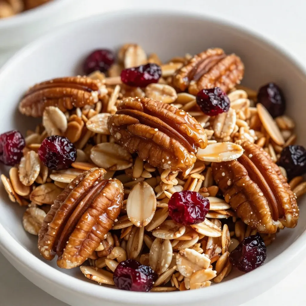 - 2 cups rolled oats - 1 cup chopped pecans - 1/2 cup almond slices - 1/2 cup maple syrup - 1/4 cup melted coconut oil - 1 teaspoon vanilla extract - 1/2 teaspoon cinnamon - 1/4 teaspoon salt - 1 cup dried cranberries or raisins I love the mix of flavors in these clusters. They start with rolled oats, which give a hearty base. I use two cups for a good crunch. Next, I add one cup of chopped pecans. They bring a rich, nutty taste. Almond slices also add a nice texture. A half-cup of almond slices makes it special. Maple syrup is key for sweetness. You need half a cup to balance the oats and nuts. I melt a quarter-cup of coconut oil for the mix. It helps bind everything together and adds a hint of coconut flavor. Vanilla extract and cinnamon enhance the taste. Just one teaspoon of vanilla makes it fragrant. The half teaspoon of cinnamon gives warmth. A pinch of salt, just a quarter teaspoon, brings out the flavors. Finally, I like to add a cup of dried cranberries or raisins. They add a sweet and chewy texture. You can choose either based on your taste. This mix of ingredients makes the best Maple Pecan Granola Clusters. {{ingredient_image_1}} First, you need to set your oven to 325°F (160°C). This heat will make the granola crispy. Next, grab a baking sheet and line it with parchment paper. This step helps the clusters not stick and makes cleanup easy. In a large bowl, combine 2 cups of rolled oats, 1 cup of chopped pecans, and 1/2 cup of almond slices. Add 1/2 teaspoon of cinnamon and 1/4 teaspoon of salt. Stir these ingredients well. This mix gives your clusters a great flavor and crunch. In another bowl, mix together 1/2 cup of maple syrup, 1/4 cup of melted coconut oil, and 1 teaspoon of vanilla extract. Whisk until the mixture is smooth. This part adds sweetness and moisture to your granola. Now, pour the wet mixture over the dry ingredients. Stir everything gently until all the oats and nuts are coated. Use your hands or a spatula to pack the mix tightly into clusters. This step is key for creating those delightful clusters. Spread the packed mixture onto the lined baking sheet. Bake it for 20-25 minutes. Halfway through baking, stir the granola gently. This helps it bake evenly while keeping your clusters intact. You want them golden brown and fragrant. Once baked, take the sheet out of the oven. Let the granola cool completely on the baking sheet. This cooling time helps the clusters firm up. After it cools, gently break it into large clusters. Finally, mix in 1 cup of dried cranberries or raisins for a sweet touch. Store your granola clusters in an airtight container for later enjoyment. To make sure your clusters are just right, follow these tips: - Pack tightly: When you place the mixture on the baking sheet, pack it down firmly. This helps form those lovely clusters. - Stir gently: While baking, stir only halfway through. Too much stirring breaks the clusters apart. - Watch the color: Bake until golden brown. This gives your granola a nice crunch and flavor. Storing your granola clusters correctly keeps them fresh. Here’s how: - Airtight container: Use a jar or container that seals tightly. This keeps air out and keeps clusters crunchy. - Cool completely: Let them cool fully before putting them in the container. Warm clusters can cause moisture. - Cool, dark place: Store them away from light and heat. A pantry shelf works well! You can swap out some ingredients if needed. Here are some ideas: - Nuts: If you can't use pecans, try walnuts or hazelnuts instead. - Sweetener: If you don't have maple syrup, honey or agave syrup works in a pinch. - Oil: Swap coconut oil for olive oil or any neutral oil for a different flavor. - Dried fruit: Instead of cranberries, raisins or chopped dates add sweetness and texture. Pro Tips Use Fresh Ingredients: Fresh nuts and oats will yield the best flavor and texture in your granola clusters. Experiment with Sweeteners: Try using different sweeteners like honey or agave syrup for a unique taste. Storage Matters: Store your granola clusters in an airtight container to maintain their crunchiness and freshness. Customize Your Mix-Ins: Feel free to substitute cranberries or raisins with other dried fruits or chocolate chips for variety. {{image_2}} You can make a nut-free version of these clusters easily. Just skip the pecans and almond slices. Instead, use seeds like pumpkin or sunflower seeds. These seeds add a nice crunch and flavor. You can also mix in some coconut flakes for extra texture. Want to change up the flavor? You can add dried fruits like apricots or cherries. They add sweetness and chewiness. You can also try spices like nutmeg or ginger for a warm twist. For a bit of chocolate, mix in dark chocolate chips after baking. If you need a gluten-free option, use gluten-free oats. They are just as tasty and still crunchy. Make sure your maple syrup and any add-ins are gluten-free too. This way, everyone can enjoy these delicious clusters! To keep your maple pecan granola clusters fresh, use airtight containers. Glass jars work great. They help seal in flavor and crunch. You can also use plastic containers with tight lids. Always choose containers that are clean and dry before adding granola. When stored correctly, your granola clusters last about two weeks. If you keep them at room temperature, they may lose some crunch over time. For the best taste, eat them within the first week. Always check for any signs of spoilage before you snack. You can freeze your granola clusters for up to three months. To do this, place them in a freezer-safe bag. Remove as much air as possible before sealing. When ready to eat, let them thaw at room temperature. You can also reheat them briefly in the oven for a crunchy treat. Yes, you can use honey instead of maple syrup. Honey adds a sweet taste, too. Just keep in mind that honey is thicker. You may need to adjust the amount. One cup of honey is equal to one cup of maple syrup. To make your granola clusters crunchier, bake them longer. Check every few minutes to avoid burning. Also, make sure to pack your mixture tightly before baking. This helps form larger clusters that are crispier. Lastly, let them cool completely before breaking them apart. Yes, maple pecan granola clusters are quite healthy. They have whole oats, nuts, and dried fruit. Oats provide fiber, which is good for digestion. Nuts add healthy fats and protein. Just watch the portion size because of the sugar in maple syrup. Absolutely! You can change the nuts or add spices. Try walnuts, almonds, or cashews for variety. You can also add different dried fruits or seeds. Experiment with cocoa powder or other extracts for unique flavors. You can enjoy granola clusters in many ways. Serve them with yogurt or milk for breakfast. Sprinkle them on top of pancakes or smoothie bowls. You can also snack on them alone. They make a great topping for ice cream, too! In this blog post, I shared a simple recipe for maple pecan granola clusters. We covered each step, from mixing the ingredients to baking and cooling. I also provided tips for storage and variations to fit your tastes. Remember, you can customize this recipe to make it your own. Whether you want it nut-free, gluten-free, or with your favorite flavors, the options are endless. Enjoy your creation, and share it with others who might love it too!