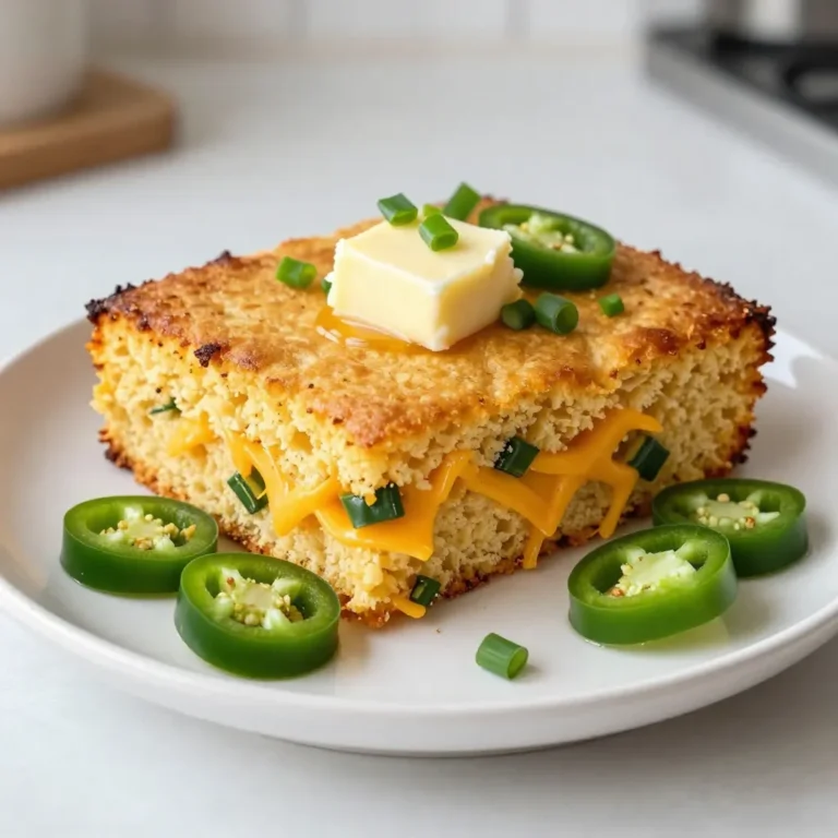 To make Cheddar Jalapeño Cornbread, you need the following items: - 1 cup cornmeal - 1 cup all-purpose flour - 1/4 cup granulated sugar - 1 tablespoon baking powder - 1/2 teaspoon salt - 1 cup buttermilk - 2 large eggs - 1/4 cup unsalted butter, melted - 1 cup sharp cheddar cheese, shredded - 1-2 fresh jalapeños, finely chopped (adjust to taste) - Optional: 1/4 cup green onions, chopped You can swap some ingredients if needed. Here are a few ideas: - Use whole wheat flour for a nutty flavor. - Try honey instead of sugar for a different sweetness. - If you lack buttermilk, mix regular milk with a splash of vinegar. - Replace cheddar with pepper jack for extra heat. You can make this cornbread even more fun by adding extras. Consider: - Corn kernels for sweetness and texture. - Diced bell peppers for color and flavor. - Fresh herbs like cilantro for a fresh taste. - Chopped bacon for a savory twist. Feel free to get creative! Each addition adds its own flair to the cornbread. {{ingredient_image_1}} Start by preheating your oven to 400°F (200°C). This high heat helps the cornbread rise nicely. While the oven warms up, lightly grease an 8-inch square baking dish or a cast-iron skillet with some butter. This step ensures the cornbread won't stick. In a large bowl, add the following dry ingredients: - 1 cup cornmeal - 1 cup all-purpose flour - 1/4 cup granulated sugar - 1 tablespoon baking powder - 1/2 teaspoon salt Whisk them together well. This mix creates the base of your cornbread and gives it a nice texture. In another bowl, combine: - 1 cup buttermilk - 2 large eggs - 1/4 cup unsalted butter, melted Whisk these together until smooth. The wet ingredients add moisture and richness to your cornbread. Now, pour the wet mix into the dry mix. Gently stir until just combined. You don’t want to overmix; some lumps are fine. Next, fold in: - 1 cup sharp cheddar cheese, shredded - 1-2 fresh jalapeños, finely chopped (adjust to taste) - Optional: 1/4 cup green onions, chopped These ingredients bring flavor and a bit of heat to the cornbread. Pour the batter into your prepared dish and spread it evenly. Bake for 20-25 minutes. Check for doneness by inserting a toothpick into the center. If it comes out clean, your cornbread is ready. Once baked, let it cool slightly before slicing. Enjoy the warm, cheesy goodness! To get the best texture for your Cheddar Jalapeño Cornbread, avoid overmixing. Mix the dry and wet ingredients just until they blend. Lumps are fine; they help keep the cornbread fluffy. Also, using buttermilk adds a nice moisture and slight tang. This helps the bread rise well and stay soft. Jalapeños can range from mild to hot. If you want less heat, choose smaller peppers. You can also remove the seeds and membranes before chopping. For more spice, add an extra jalapeño or keep the seeds. Always taste a small piece first. This way, you can adjust the amount to fit your taste. Serve your cornbread warm for the best taste. A dollop of butter on top makes it extra rich. For a colorful touch, sprinkle some chopped green onions or sliced jalapeños on top. Pair it with honey for a sweet twist. This cornbread goes great with chili or soups, making a perfect meal. Pro Tips Use Fresh Jalapeños: Fresh jalapeños provide a vibrant flavor and heat. Adjust the quantity based on your spice preference. Room Temperature Ingredients: Ensure your buttermilk and eggs are at room temperature for a smoother batter and better rise. Don’t Overmix: Mix until just combined to keep your cornbread tender and fluffy. A few lumps are perfectly fine! Serve Warm: Cornbread is best enjoyed warm. Serve it straight from the oven for maximum deliciousness! {{image_2}} You can change the flavor of your cornbread by adding herbs. Fresh herbs like cilantro or parsley can brighten the dish. Dried herbs like thyme or oregano add a nice touch too. For a bit of warmth, try adding garlic powder or onion powder. These simple changes can make your cornbread stand out. While sharp cheddar cheese shines in this recipe, you can mix things up. Try pepper jack for a spicy kick. Monterey Jack gives a creamy, smooth texture. You can even blend different cheeses for depth. Each cheese offers a unique flavor that complements the jalapeños well. Adding vegetables can boost the taste and texture of your cornbread. Sweet corn adds sweetness and a pop of color. Chopped bell peppers can add crunch and flavor. You can also use grated zucchini, which keeps the cornbread moist. Mix and match veggies to find your perfect blend. To keep your Cheddar Jalapeño Cornbread fresh, let it cool first. Wrap the cornbread in plastic wrap or foil. You can also store it in an airtight container. This helps keep it moist. Store leftovers at room temperature for up to two days. If you want to keep it longer, place it in the fridge for up to a week. Freezing is a great option for cornbread. Cut the cornbread into squares for easy portions. Wrap each piece in plastic wrap and then in foil. This prevents freezer burn. Label the bags with the date. Your cornbread can last up to three months in the freezer. When you want to eat it, just thaw in the fridge overnight. To reheat your cornbread, preheat your oven to 350°F (175°C). Place the cornbread on a baking sheet. Cover it with foil to keep it from drying out. Heat for about 10-15 minutes. You can also microwave it. If using a microwave, heat for 15-30 seconds at a time until warm. Enjoy your cornbread with a little butter or honey! Yes, you can use regular milk. Mix one cup of milk with one tablespoon of vinegar or lemon juice. Let it sit for five minutes. This will mimic buttermilk's tangy flavor and acidity, helping the cornbread rise. To prepare ahead, mix your dry and wet ingredients separately. Store them in the fridge. When ready to bake, combine them and follow the recipe steps. You can also bake it a day earlier and store it tightly wrapped at room temperature. This cornbread pairs well with chili, soups, or grilled meats. You can also serve it with butter, honey, or your favorite jam. Adding a side salad can brighten the meal with fresh flavors. Yes, you can! Substitute all-purpose flour with a gluten-free blend. Ensure the blend contains xanthan gum for the best texture. The rest of the recipe stays the same. Enjoy your gluten-free cornbread just as much! This blog post covered everything you need to make Cheddar Jalapeño Cornbread. We discussed key ingredients and their substitutions to fit your taste. You learned how to prep, mix, and bake for the best results. Tips on texture and spice level enhanced your baking skills. In conclusion, experiment with variations and store wisely for later. Enjoy your cornbread!