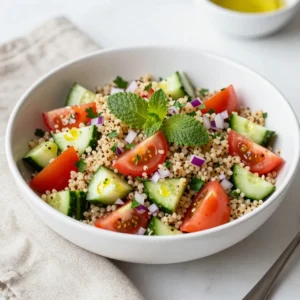 - 1 cup quinoa, rinsed - 2 cups water - 1 large cucumber, diced - 2 large tomatoes, diced - 1 red onion, finely chopped - 1 cup fresh parsley, finely chopped - 1/2 cup fresh mint leaves, finely chopped - Salt and pepper to taste - 1/4 cup olive oil - 1/4 cup freshly squeezed lemon juice Quinoa Tabouli Salad is bright and refreshing. The main ingredients create a strong base. Quinoa gives a nutty flavor and a nice texture. Rinsing the quinoa is important. It removes the bitter coating called saponin. Next, the diced cucumber adds crunch. Tomatoes bring juiciness and color. The red onion offers a sharp bite. Together, these veggies make a tasty mix. Herbs and spices are key for flavor. Fresh parsley is a must. It adds a vibrant green and fresh taste. Mint leaves bring a cool touch. Salt and pepper round out the flavors. Adjust these to your liking. The dressing is simple yet bright. Olive oil adds rich flavor. Fresh lemon juice brings a zesty kick. This dressing pulls all the ingredients together. It&rsquo;s light but full of flavor. Letting the salad sit helps blend the tastes. After mixing, chilling it for at least 30 minutes is key. Serve it cold for the best experience. {{ingredient_image_1}} To start, bring 2 cups of water to a boil in a medium saucepan. Once the water is bubbling, add 1 cup of rinsed quinoa. This helps remove any bitterness. Next, reduce the heat to low and cover the pot. Let it simmer for about 15 minutes. The quinoa will absorb the water and become fluffy. When done, take it off the heat and let it cool to room temperature. While the quinoa cools, grab a large mixing bowl. Combine the diced cucumber, tomatoes, and finely chopped red onion. These veggies give the salad a bright and fresh taste. After that, add the cooled quinoa to the bowl. Mix everything together well. Now, stir in 1 cup of fresh parsley and 1/2 cup of fresh mint leaves. These herbs add a delightful flavor and aroma. In a small bowl, whisk together 1/4 cup of olive oil and 1/4 cup of freshly squeezed lemon juice. Add salt and pepper to taste. This dressing is simple but packs a punch. Pour it over the salad and toss gently to combine all the ingredients. Make sure everything is coated well. Taste it and adjust the seasoning if needed. Cover the salad and let it chill in the fridge for at least 30 minutes. This helps the flavors blend beautifully. To make the best quinoa, start by rinsing it well. Rinse it under cold water for a few minutes. This removes the bitter coating called saponin. Rinsing gives you a better texture. For cooking, use the right water ratio. I recommend 2 cups of water for 1 cup of quinoa. Bring the water to a boil, then add the rinsed quinoa. Cover the pot and lower the heat. Let it simmer for about 15 minutes. When done, the quinoa should be fluffy and all the water absorbed. To boost flavor, add more fresh herbs. Try dill, basil, or even cilantro. These herbs bring new tastes to your salad. You can also add spices like cumin or paprika for warmth. When making the dressing, taste it as you go. You might want more lemon juice for a zesty kick. Adjust the salt and pepper to your liking. A small change can make a big difference. For a beautiful presentation, serve the salad in a large bowl. Garnish with extra mint leaves and lemon wedges. This adds color and freshness. Pair your Quinoa Tabouli Salad with grilled chicken or fish. It also goes well with pita bread or hummus. This way, you create a balanced and tasty meal. Pro Tips Tip on Quinoa Preparation: To enhance the flavor of quinoa, toast it in a dry skillet for a few minutes before cooking. This adds a nutty aroma to the grains. Tip for Fresh Herbs: Use finely chopped fresh herbs for the best flavor. Consider adding them just before serving to maintain their vibrant color and freshness. Tip on Dressing: For a creamier dressing, consider adding a dollop of Greek yogurt to the olive oil and lemon juice mixture, giving a richer texture to the salad. Tip for Serving: Serve the salad chilled and allow it to sit for a few hours in the refrigerator to allow the flavors to meld beautifully. {{image_2}} You can easily make Quinoa Tabouli even better. Adding protein can make it heartier. Chickpeas are a great choice. They add a nutty flavor and extra fiber. You can also use feta cheese for a creamy touch. It pairs well with the fresh herbs. Seasonal vegetables can brighten up your salad too. In summer, try adding bell peppers or zucchini. In fall, roasted sweet potatoes work well. Each season brings new tastes to enjoy. If you need vegan options, this salad is perfect. All the ingredients are plant-based. It&rsquo;s also gluten-free, as quinoa is a seed. You can enjoy this salad without worry. For low-carb options, swap quinoa for cauliflower rice. This change keeps the salad light. You still get that fresh flavor without the extra carbs. Want a spicier kick? Add diced jalape&ntilde;os or a dash of cayenne pepper. This will wake up your taste buds. You can also play with citrus flavors. Use lime juice instead of lemon for a twist. Orange juice adds sweetness and a unique taste. These changes can make your salad fun and fresh. To keep your Quinoa Tabouli Salad fresh, store it in an airtight container. This helps prevent moisture loss and keeps flavors intact. Use glass or BPA-free plastic containers. Glass is great because it does not stain, and it is easy to clean. Make sure the salad is cool before sealing it. This will keep it crisp and tasty. Your Quinoa Tabouli Salad will last about 3 to 5 days in the fridge. Always check for signs it has gone bad. If the salad smells sour or the veggies look slimy, it is time to toss it away. Freshness is key for the best flavor and texture. You can freeze Quinoa Tabouli Salad, but the texture may change. If you want to freeze it, leave out the fresh herbs and dressing. Freeze the salad in a freezer-safe container. When you are ready to eat, thaw it in the fridge overnight. Refresh it by adding fresh herbs and a drizzle of olive oil before serving. This will bring back some of its original flavor. What is the origin of Tabouli salad? Tabouli salad comes from the Middle East. It is mainly popular in Lebanon and Syria. The salad features fresh herbs, grains, and vegetables. Traditionally, it uses bulgur wheat. With quinoa, we add a modern twist. Can I use other grains instead of quinoa? Yes, you can! Bulgur wheat is the classic choice. You can also try farro or couscous. Each grain brings its own taste and texture. Quinoa is gluten-free, making it a great option for everyone. What can I use instead of fresh herbs? If you lack fresh herbs, try dried herbs. Use about one-third the amount. For parsley, you might use dried parsley. While fresh herbs taste best, dried options still add flavor. You can also mix in some spinach for a fresh taste. Alternatives for olive oil and lemon juice If you need an oil swap, try avocado oil. It has a mild flavor and healthy fats. For lemon juice, lime juice works well. You can even use vinegar for a different tang. Each swap can change the salad&rsquo;s taste. Is Quinoa Tabouli Salad made ahead of time? Yes! It&rsquo;s even better when made ahead. Letting it chill lets the flavors blend. Make it a few hours before serving or the day before. Just stir it well before eating. Can this salad be served warm or is it best cold? Quinoa Tabouli Salad tastes best cold. However, you can serve it warm if you prefer. Just be careful when mixing the dressing. Warm salads can feel lighter, but the cold version is refreshing. Quinoa Tabouli Salad is fresh, healthy, and easy to make. We explored its key ingredients, from quinoa to fresh vegetables and herbs. I shared tips on cooking quinoa perfectly and enhancing flavor. You can try different ingredients and enjoy variations based on your taste and diet. Remember to store it correctly to keep it fresh. This salad can offer vibrant, nutritious meals for any occasion. Enjoy making your Quinoa Tabouli!
