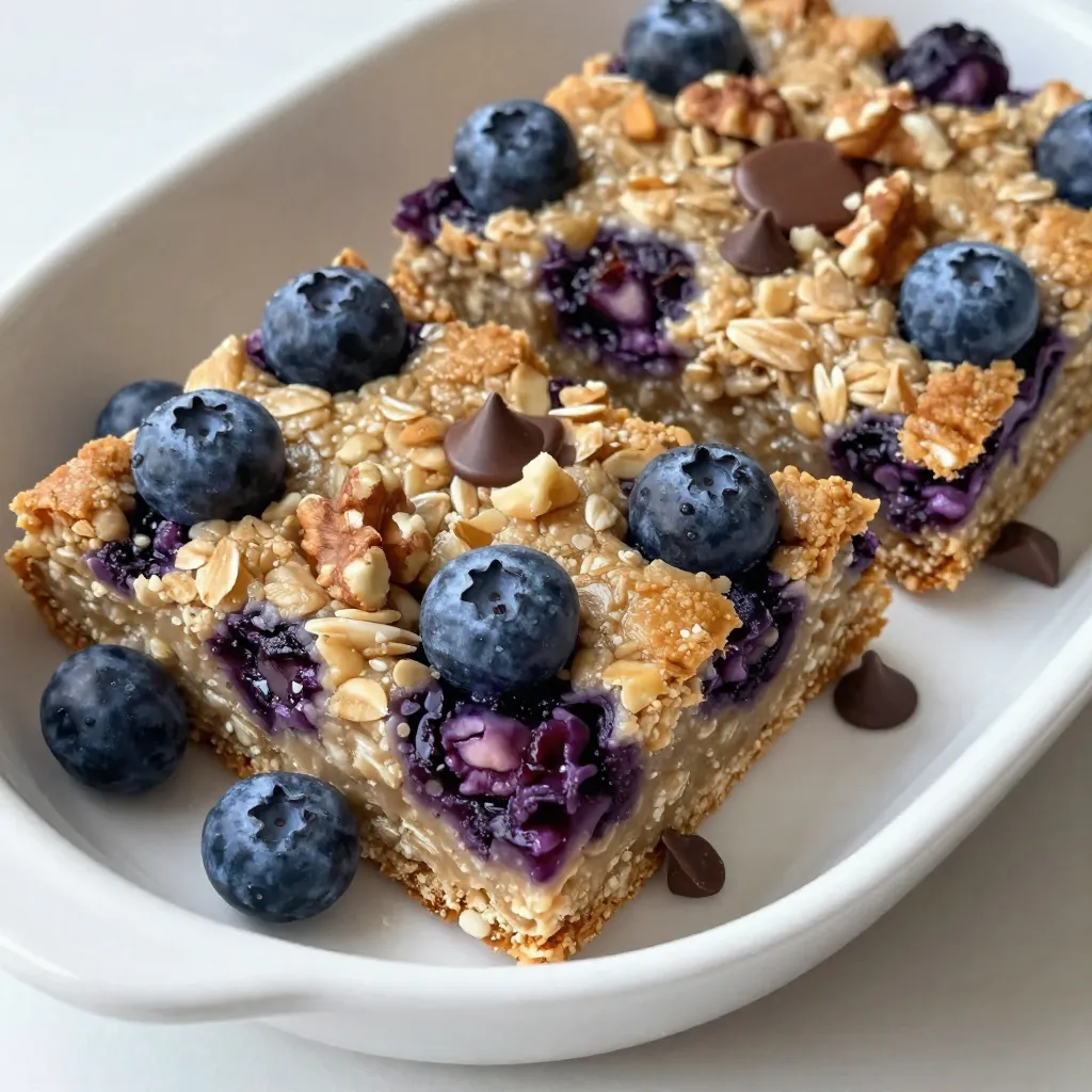 - 2 cups rolled oats - 1 cup mashed ripe bananas (about 2 bananas) - 1 cup fresh or frozen blueberries You need rolled oats as the base. They give the bars a hearty texture. Use ripe bananas to add natural sweetness and moisture. Blueberries bring flavor and color. Fresh or frozen works well. - 1/4 cup honey or maple syrup - 1/4 cup coconut oil, melted For sweetness, honey or maple syrup works great. Both are natural and make the bars tasty. Coconut oil adds healthy fat and keeps the bars moist. - 1/2 teaspoon vanilla extract - 1/2 teaspoon ground cinnamon - 1/4 teaspoon salt - Optional add-ins: chopped nuts and mini chocolate chips Vanilla extract adds depth of flavor. Cinnamon gives warmth and a cozy feel. A pinch of salt lifts all the flavors. You can add nuts for crunch and mini chocolate chips for a sweet twist. {{ingredient_image_1}} 1. Preheat your oven to 350°F (175°C). This step is key for even baking. 2. Line an 8x8 inch baking dish with parchment paper. Leave some overhang. This helps with easy removal later. 3. In a large mixing bowl, combine 2 cups of rolled oats, 1/4 teaspoon of salt, and 1/2 teaspoon of ground cinnamon. Mix well. This blend gives your bars a nice base. 1. In another bowl, mash 1 cup of ripe bananas. You need about 2 bananas for this. 2. Add 1/4 cup of melted coconut oil, 1/4 cup of honey or maple syrup, and 1/2 teaspoon of vanilla extract to the mashed bananas. 3. Mix until smooth. This wet mixture adds flavor and moisture to your bars. 1. Pour the wet mixture over the dry ingredients. Stir until fully combined. 2. Gently fold in 1 cup of fresh or frozen blueberries. You can also add 1/4 cup of chopped nuts like walnuts or almonds. 3. If you like, add 1/4 cup of mini chocolate chips for a sweet touch. 4. Spread the mixture evenly in the prepared baking dish. Press it down with a spatula to make it compact. 5. Bake in the preheated oven for about 25-30 minutes. The edges should turn golden. Use a toothpick to check the center; it should come out clean. To ensure your bars are compact, press the mixture firmly into the baking dish. Use a spatula to flatten the top. This helps the bars hold together when cooled. To test for doneness, insert a toothpick into the center. If it comes out clean, the bars are ready. The edges should be golden brown when you check them. If you want alternative sweeteners, try agave or stevia. Both can replace honey or maple syrup. Adjust the amount based on your taste. For dairy-free options, you can skip the chocolate chips or use dairy-free ones. Coconut oil is a great choice for a creamy texture. To serve, cut the bars into squares or rectangles. You can garnish with extra blueberries or nuts on top. A dusting of cinnamon adds a nice touch too. Enjoy these bars warm or at room temperature, perfect for breakfast or snacks! Pro Tips Use Ripe Bananas: The riper the bananas, the sweeter your bars will be. Look for bananas with plenty of brown spots for optimal sweetness. Experiment with Add-ins: Feel free to customize your bars by adding different nuts, seeds, or dried fruits according to your preference. Storage Tips: Store the bars in an airtight container at room temperature for up to a week, or refrigerate them for longer freshness. Serve Warm or Cold: These bars are delicious either way! Try them warm for a gooey treat or cold for a refreshing snack. {{image_2}} You can easily add new flavors to your blueberry oatmeal breakfast bars. Try spices like nutmeg or ginger for a warm twist. These spices bring a cozy feel to the bars. You can also use different fruits. Raspberries or cranberries work great. They add a fun tartness to the sweet oats. If you need gluten-free bars, use certified oats. They keep the recipe safe for those with gluten issues. You can also make these bars vegan. Replace honey with maple syrup or agave nectar. This keeps the recipe sweet while meeting vegan needs. To change the texture, you can adjust the nuts. Use walnuts, almonds, or any nut you like. You can also add seeds for crunch. Chia seeds or pumpkin seeds add extra nutrition. These simple tweaks give your bars a new bite each time. To keep your Blueberry Oatmeal Breakfast Bars fresh, use an airtight container. A glass or plastic container works well. You can also wrap each bar in plastic wrap for extra protection. Store them in the fridge for best results. This keeps the bars moist and tasty. To freeze your breakfast bars, cut them into squares. Place them in a single layer on a baking sheet. Freeze until solid, about 1-2 hours. Once frozen, transfer the bars to a freezer bag. Remove as much air as possible before sealing. To thaw, simply leave them in the fridge overnight. You can also microwave them for a quick treat. When stored properly, the bars last about one week in the fridge. If you freeze them, they can last for up to three months. Check for any signs of spoilage before eating. If they look or smell off, it’s best to toss them. Enjoy your healthy snack! Blueberry oatmeal breakfast bars can last up to a week when stored properly. Keep them in an airtight container at room temperature. If you want them to last longer, store them in the fridge. They stay fresh for about two weeks in the fridge. Yes, you can replace bananas with applesauce or mashed pears. These options add moisture and sweetness. If you use applesauce, go for unsweetened to keep the bars healthy. You can use melted butter or vegetable oil instead of coconut oil. Both options work well and keep the bars moist. If you want a dairy-free option, try avocado oil or olive oil. Absolutely! These bars are great for meal prep. You can make a batch ahead of time. Cut them into bars and store them for quick breakfasts or snacks. Just grab one and go! You learned how to make tasty Blueberry Oatmeal Breakfast Bars. We covered key ingredients, from oats and bananas to sweeteners and flavors. I shared simple steps for mixing and baking. Remember the tips for better results, like storage methods and freezing options. Feel free to switch ingredients to fit your taste and diet. These bars are easy to customize. Enjoy them fresh or frozen. Your mornings will be more delicious with these healthy snacks ready to go.