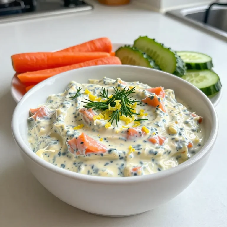 - 8 oz cream cheese, softened - 4 oz smoked salmon, chopped - 2 tablespoons fresh dill, chopped The main ingredients form the base of the dip. Cream cheese gives it a rich texture. Smoked salmon adds a savory flavor. Fresh dill brightens the dip with its herbaceous notes. - 1 tablespoon lemon juice - 1 teaspoon lemon zest - 1 clove garlic, minced - 1/4 teaspoon black pepper - 1/4 teaspoon salt The seasonings and additives enhance the taste. Lemon juice and zest provide a tangy kick. Garlic adds depth, while black pepper and salt balance the flavors. Each ingredient plays a role in making the dip pop. - 1 tablespoon capers, drained and chopped (optional) - Fresh vegetable sticks (carrots, cucumbers, bell peppers) or crackers for serving Optional ingredients can add even more flavor. Capers bring a briny touch that complements the salmon. Serving with vegetable sticks or crackers makes the dip fun and easy to enjoy. You can mix and match to find what you like best! {{ingredient_image_1}} To start, you need to beat the cream cheese. Take 8 oz of softened cream cheese and place it in a medium bowl. Using an electric mixer, beat it until it is smooth and creamy. This step is very important. If you skip it, your dip may end up lumpy. Next, mix in the smoked salmon and garlic. Add 4 oz of chopped smoked salmon and one minced clove of garlic to the bowl. Stir well until everything is combined. You will want to ensure the garlic is evenly mixed in to spread its flavor throughout the dip. Now, let’s add the fresh dill, lemon juice, zest, and spices. Add 2 tablespoons of chopped fresh dill, 1 tablespoon of lemon juice, 1 teaspoon of lemon zest, 1/4 teaspoon of black pepper, and 1/4 teaspoon of salt to the mix. Stir until all the ingredients are well combined. The dill and lemon will give the dip a fresh taste. If you want an extra burst of flavor, fold in the optional ingredients. You can add 1 tablespoon of drained and chopped capers at this stage. They add a nice briny touch that complements the salmon. After mixing, it’s time to refrigerate the dip. Transfer it to a serving bowl and cover it with plastic wrap. Chill it in the fridge for at least 30 minutes. This step lets all the flavors blend together. For serving, think about how to present your dip. Fresh vegetable sticks like carrots, cucumbers, and bell peppers work great. You can also serve it with crackers. Make sure to arrange them nicely around the dip for a colorful and inviting look. To get that smooth, creamy dip, avoid lumps. Start with softened cream cheese. Use an electric mixer to beat it well. Mix until it is very smooth. Add the smoked salmon and garlic next. This helps everything blend nicely. Timing is key when you assemble the dip. Mix your ingredients slowly. If you rush, lumps can form. After mixing, taste it. If it feels too thick, you can add a splash of lemon juice. This keeps the dip creamy. Adjusting the seasoning can make a big difference. If you want it tangier, add more lemon juice. You can also add more salt or pepper if needed. Taste as you go to find the right balance. Feel free to explore different herbs and spices. Dill is great, but chives or parsley can add a new twist. A pinch of smoked paprika could also enhance the flavor. Serving the dip in creative dishes can impress your guests. Use a colorful bowl or a wooden board. Arrange fresh vegetable sticks around the dip. This makes it look fun and inviting. For garnishing, sprinkle some extra dill on top. You can also add a few capers for color. A slice of lemon on the side adds a bright touch. These small details make your dip stand out on the table. Pro Tips Fresh Ingredients Matter: Always use fresh dill and quality smoked salmon for the best flavor in your dip. Chill Time is Key: Allowing the dip to chill for at least 30 minutes lets the flavors meld beautifully. Adjust to Your Taste: Don't hesitate to tweak the lemon juice and seasoning to match your personal preference. Serve with Variety: Pair the dip with an assortment of veggie sticks and crackers for a colorful and appealing presentation. {{image_2}} You can use different types of salmon for your dip. Canned salmon is easy and affordable. It saves time and works well in this recipe. Fresh salmon gives a richer taste and texture. If you want to try something new, consider other smoked fish. Smoked trout or mackerel can add a unique twist. They pair nicely with the lemon and dill flavors. If you can't eat cream cheese, there are great substitutes. You might try Greek yogurt for a lighter option. It adds creaminess and a slight tang. For a dairy-free option, use vegan cream cheese. You can find it at most stores. It provides similar texture without dairy. This way, everyone can enjoy the dip. To change the taste, add other herbs. Chives and parsley can bring fresh notes. They work well with dill and enhance the dip's flavor. You can also play with citrus flavors. Try adding lime or orange juice and zest. These can brighten the dip and give a new twist. Don’t be afraid to experiment! To keep your Lemon Dill Smoked Salmon Dip fresh, store it in the fridge. Use an airtight container to prevent moisture loss. You can also wrap the bowl tightly with plastic wrap. This keeps the dip from absorbing other smells in the fridge. Your dip can last up to three days in the fridge when stored correctly. If you want to save it longer, you can freeze it. However, freezing may change the texture. To freeze, place the dip in a freezer-safe container, leaving some space for expansion. You do not need to reheat this dip. It tastes best chilled. If you prefer it warm, gently heat it in a pan over low heat. Stir well to avoid lumps. Serve it with fresh vegetable sticks or crispy crackers for the best experience. Yes, you can make this dip ahead of time. Mix all the ingredients as directed. After mixing, transfer the dip to a bowl. Cover it with plastic wrap. Refrigerate for up to two days before serving. This allows the flavors to blend. It's a great time-saver for parties. This dip pairs well with many foods. I like to serve it with fresh vegetable sticks. Carrots, cucumbers, and bell peppers are great choices. You can also use crackers for a crunchy contrast. For a fun twist, try serving it with pita chips or toasted bread. Absolutely! You can swap full-fat cream cheese for a lighter version. Use Greek yogurt for a tangy flavor and fewer calories. Another tip is to reduce the amount of smoked salmon. You can add more fresh herbs to boost flavor. This keeps the dip tasty while cutting down on fat. This blog post covered how to make a tasty Lemon Dill Smoked Salmon Dip. You learned about key ingredients like cream cheese, smoked salmon, and dill. We covered preparation, serving tips, and variations to suit your taste. Remember, you can make this dip ahead of time and store it properly. Don’t hesitate to try different herbs or salmon types to make it your own. Enjoy your dip as a fun snack or party treat. Your guests will love it!