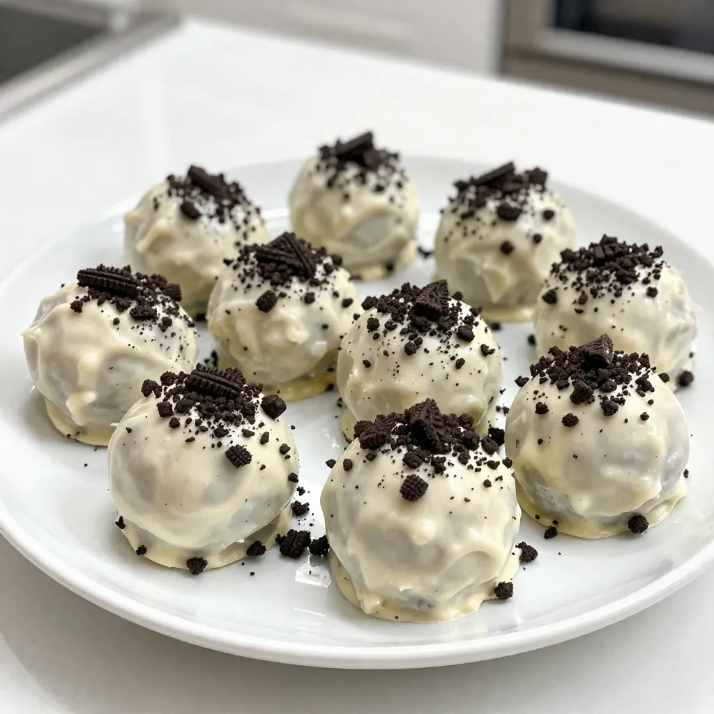 - 1 cup all-purpose flour - ½ cup unsalted butter, softened - ¾ cup brown sugar, packed - ¼ cup granulated sugar - 1 teaspoon vanilla extract - ¼ teaspoon salt - 1 cup crushed Oreo cookies (about 8 cookies) - ½ cup mini chocolate chips - 8 oz white chocolate, for coating - Extra crushed Oreos for topping Gathering these ingredients is the first step to making Oreo Cookie Dough Truffles. Each one plays a key role in creating that rich and decadent flavor. The all-purpose flour gives the dough its structure. It helps bind everything together. Softened unsalted butter makes the dough creamy and rich. The brown sugar adds depth with its caramel notes, while granulated sugar gives a perfect sweetness. Vanilla extract brings warmth to the mix. Salt balances the flavors, making them pop. Crushed Oreo cookies provide that iconic taste and texture we love. Mini chocolate chips add little bursts of chocolate throughout the truffles. Finally, we coat the truffles in melted white chocolate. This gives them a beautiful finish and a sweet crunch. Topping with extra crushed Oreos adds a fun touch and a bit of crunch. With these ingredients ready, you're set to create a treat everyone will love! {{ingredient_image_1}} - Creaming the Butter and Sugars: Start by taking a medium bowl. Add the softened butter, brown sugar, and granulated sugar. Use a mixer to blend them until the mix is light and fluffy. This step makes your truffles rich and adds a good texture. - Mixing in Wet Ingredients: Next, add the vanilla extract and salt. Mix these in until everything is well combined. This will enhance the flavor in your dough. - Gradually Adding Flour: Slowly add the all-purpose flour to your wet mix. Stir until you form a crumbly dough. Make sure not to rush; mixing too fast can make it tough. - Folding in Cookies and Chocolate Chips: Now, fold in the crushed Oreo cookies and mini chocolate chips. Use a spatula to ensure they are evenly mixed throughout the dough. This gives your truffles a delightful crunch. - Chilling the Dough: Cover your dough with plastic wrap and refrigerate it for about 30 minutes. This step firms it up and makes shaping easier. - Shaping the Truffles: After chilling, take a small scoop or your hands. Form the dough into small balls, about one inch wide. Place the balls on a lined baking sheet. - Melting the White Chocolate: In a microwave-safe bowl, melt the white chocolate. Do this in 20-second intervals, stirring in between. This keeps the chocolate smooth and prevents burning. - Coating the Truffles: Dip each dough ball into the melted white chocolate. Make sure they are fully coated. Use a fork to lift them out, allowing excess chocolate to drip off. - Adding the Oreo Topping: Before the chocolate sets, sprinkle crushed Oreos on top. This adds flavor and makes your truffles look beautiful. - Final Chilling: Place the coated truffles back on the baking sheet. Refrigerate them for about 30 minutes, or until the chocolate hardens. This makes them ready for serving. - Overmixing the Dough: When you mix the dough, stop as soon as it comes together. Overmixing can make it tough. You want a nice, soft texture that melts in your mouth. - Inconsistent Truffle Sizes: Use a small cookie scoop to keep truffles uniform. This ensures even coating and a great look. If they are different sizes, they will not set the same way. - Method Options: You can melt chocolate in a microwave or a double boiler. For the microwave, heat in 20-second bursts. Stir after each interval to avoid burning. If you use a double boiler, keep water simmering but not boiling. Stir gently until melted. - Decorative Arrangements: Place truffles on a pretty platter. Show off the crushed Oreos on top. You can even add some sprinkles for color. This makes them eye-catching. - Gift Packaging Ideas: Package truffles in clear bags tied with ribbons. Use fun tags to add a personal touch. They make great gifts for friends or family. Pro Tips Chill for Better Handling: Make sure to chill the dough for at least 30 minutes. This will make it easier to scoop and roll into balls without sticking to your hands. Perfect Chocolate Coating: When melting the white chocolate, ensure it is completely smooth before dipping. Stir it well between intervals to prevent overheating and burning. Customize the Toppings: Feel free to get creative with the toppings! You can use colorful sprinkles, crushed nuts, or even drizzle with dark chocolate for added flavor. Storage Tips: Store the truffles in an airtight container in the refrigerator. They will last up to a week, but they are best enjoyed fresh! {{image_2}} You can mix things up with different flavors. Try making chocolate cookie dough truffles. Just swap in cocoa powder for half of the flour. This change gives a rich, chocolatey taste. Another fun option is peanut butter Oreo truffles. Replace half the butter with creamy peanut butter. This twist adds a nutty flavor that goes great with Oreos. When it comes to coatings, you have choices. Dark chocolate adds a bold taste. It pairs well with the sweet cookie dough. On the other hand, milk chocolate gives a sweeter, creamier touch. You can also drizzle chocolate on top. Use a fork to create pretty lines of chocolate. This adds a nice visual appeal to your truffles. Boost your truffles with fun add-ins. Sprinkles or nuts can add crunch and color. Try colorful sprinkles for a festive look. Chopped nuts bring a nice texture and flavor. You can also use other cookie crumbs. Swap Oreos for graham crackers or chocolate chip cookies. This change gives a new spin on the classic truffle. To keep your Oreo cookie dough truffles fresh, place them in an airtight container. Refrigerate them for up to one week. If you want to enjoy them longer, freezing is a great option. For best freezing results, make sure the truffles are fully chilled first. Lay them on a baking sheet lined with parchment paper. Freeze them for about one hour until solid. Then, transfer the truffles to a freezer-safe bag or container. This helps save space and keeps them safe from freezer burn. To thaw frozen truffles, take them out of the freezer and let them sit at room temperature. This usually takes about 30 minutes. Avoid using a microwave to thaw, as this can make the chocolate coating melt or become messy. Enjoy your truffles once they are soft and ready to eat! No, you cannot bake these truffles. They are meant to be eaten raw. The dough is safe because we heat-treat the flour. If you want a baked treat, try making cookies instead. These truffles last about one week in the fridge. For best taste, store them in an airtight container. If you want to keep them longer, freeze them for up to three months. Yes, you can use gluten-free flour. Almond flour or a gluten-free blend works well. Just make sure it’s a cup-for-cup substitute. This way, everyone can enjoy these delicious truffles! You now know how to make Oreo Cookie Dough Truffles, from mixing ingredients to storage. Start with simple steps like creaming butter and sugars. Avoid common mistakes like overmixing to keep your truffles perfect. Consider variations for extra fun, like peanut butter or chocolate. Store your truffles well in the fridge or freeze them for later. Enjoy these treats as gifts or at parties. With this guide, you are ready to impress everyone with your delicious creations!